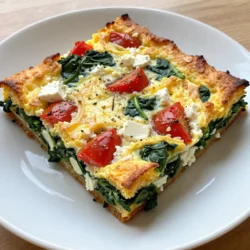 - Eggs: You'll need 6 large eggs for this dish. They bind the casserole and add protein. - Milk: Use 1 cup of milk. You can swap this for a dairy-free milk if needed. - Spinach: Fresh spinach is key. Use 2 cups, chopped. It adds flavor and nutrition. - Feta Cheese: Crumbled feta gives a tangy taste. You’ll use 1 cup for the best results. - Additional Ingredients: - Tomatoes: Add 1 cup of diced tomatoes, fresh or canned. They add moisture and flavor. - Onion: One small onion, finely chopped, gives a sweet base. - Garlic: Use 3 cloves of minced garlic. It boosts the flavor. - Seasonings: Add 1 teaspoon of dried oregano, 1 teaspoon of salt, and 1/2 teaspoon of black pepper. They enhance the taste. - Substitution Options: - For a dairy-free version, stick with almond or oat milk. - You can also use tofu instead of eggs for a vegan option. - For gluten-free needs, choose gluten-free bread. This dish is flexible. You can easily adapt it to fit your needs. Enjoy creating your own version! {{ingredient_image_1}} 1. Preheat the oven and grease the baking dish. Set your oven to 375°F (190°C). Next, take a 9x13-inch baking dish and coat it with olive oil. This helps prevent sticking. 2. Sauté onions and garlic. In a large skillet, add a tablespoon of olive oil. Heat it over medium heat. Toss in the chopped onion and minced garlic. Cook until the onions are soft and clear, about 3 to 4 minutes. 3. Cook the spinach and combine ingredients. Add the chopped spinach to the skillet. Stir and cook until the spinach wilts, which takes about 2 to 3 minutes. Once cooked, take it off the heat and let it cool a bit. 4. Pour and spread the mixture in the baking dish. In a large bowl, mix the eggs, milk, oregano, salt, and pepper until it's smooth. Stir in the spinach mix, crumbled feta, diced tomatoes, and diced bread. Pour this mixture into your greased baking dish. Spread it out evenly. 5. Baking times and visual cues for doneness. Place the dish in the oven. Bake for 30 to 35 minutes. You know it's done when the center is set and the top looks golden brown. 6. Cooling and slicing tips. Once baked, let the casserole cool for a few minutes. This makes it easier to slice into squares. 7. Presentation ideas for serving. Serve warm. You can add fresh herbs, like parsley or basil, on top. A side of mixed greens makes it look bright and fresh. To get the best texture in your casserole, use fresh ingredients. Fresh spinach adds great flavor. When you cook the spinach, make sure it wilts but does not overcook. This keeps it tender and fresh. Use a mix of eggs and milk for creaminess. Do not skip the bread! It absorbs the egg mixture and gives a nice base. Common mistakes include not draining excess water from veggies. If you use canned tomatoes, drain them well. Too much liquid makes the dish soggy. Also, don't overbake it. Check for doneness about 30 minutes in. The center should be set and the top golden. Herbs and spices can really up your dish. Dried oregano works well, but fresh herbs are even better. Try fresh parsley or basil for added flair. You can also add a pinch of red pepper flakes for heat. For cheese, consider adding mozzarella or goat cheese for a twist. You can also add more veggies! Bell peppers, zucchini, or mushrooms work great. Mix and match to find your favorite combo! Pro Tips Fresh Ingredients: Use fresh spinach and tomatoes for the best flavor and nutrition. Fresh produce enhances the overall taste of your casserole. Customizable Add-ins: Feel free to add other veggies like bell peppers or mushrooms to the mix for added texture and flavor. Just make sure to sauté them first. Gluten-Free Option: Substitute the whole grain bread with a gluten-free bread alternative to make this casserole suitable for those with gluten sensitivities. Make Ahead: Prepare the casserole the night before and refrigerate it. Just pop it in the oven in the morning for a quick and easy breakfast. {{image_2}} You can switch up the greens in this dish. Kale or Swiss chard works great. Both add a nice taste and texture. They also provide extra nutrients. Cheese is another area for fun. Instead of feta, try goat cheese or cheddar. Each brings a different flavor. You can also mix cheeses for a special twist. Want more? Toss in some cooked bacon or sausage. This adds richness and heartiness. You could also add bell peppers for a pop of color and flavor. If you're gluten-free, use gluten-free bread. This keeps the dish safe for those with gluten issues. Many stores sell good-quality gluten-free bread options today. For vegan or vegetarian diets, swap the eggs with a chickpea flour mix. Combine 1 cup of chickpea flour with 1 cup of water for a great egg alternative. You can also replace the milk with a plant-based option like almond or soy milk. This keeps the dish tasty while fitting your diet. To keep your spinach feta breakfast casserole fresh, store it in the fridge. Place it in an airtight container. This will help keep the flavors intact. You can enjoy the leftovers for up to four days. If you want to save it longer, consider freezing it. When reheating, the oven works best. Preheat the oven to 350°F (175°C). Place the casserole in a baking dish. Cover it with foil to keep it moist. Heat for about 15 to 20 minutes. If you are short on time, you can use a microwave. Cut the casserole into individual squares. Heat each piece for about 1 to 2 minutes. Check to ensure it’s hot throughout. Using these methods will help keep the texture and flavor just right. Enjoy your tasty leftovers! Yes, you can make this casserole ahead of time. Simply prepare the dish and cover it tightly. Place it in the fridge overnight. In the morning, you can bake it straight from the fridge. You may need to add a few extra minutes to the baking time. This makes it great for busy mornings. This casserole pairs well with many sides. I love serving it with a fresh mixed green salad. You can also add sliced avocado or fresh fruit. A dollop of yogurt can enhance the dish too. These sides add freshness and balance to your meal. Yes, you can freeze the casserole. To freeze, let it cool completely. Cut it into squares and wrap each piece tightly. Place the wrapped pieces in a freezer-safe bag or container. When you're ready to eat, thaw it in the fridge overnight. Then, reheat it in the oven for the best taste and texture. This blog post gave a clear guide on making a Spinach Feta Breakfast Casserole. We covered the key ingredients, step-by-step preparation, and baking tips to help you succeed. I shared ways to customize the dish and keep leftovers fresh. In the end, you can enjoy this dish anytime. It’s easy to make and great for sharing. You can also adjust it to fit your taste. Happy cooking!