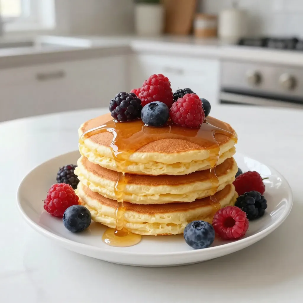 To make lemon ricotta pancakes, gather these key ingredients: - 1 cup ricotta cheese - 1/2 cup milk - 3 large eggs - Zest of 1 lemon - 2 tablespoons lemon juice - 1 cup all-purpose flour - 2 tablespoons sugar - 2 teaspoons baking powder - 1/2 teaspoon baking soda - 1/4 teaspoon salt - 2 tablespoons unsalted butter, melted - Maple syrup and fresh berries for serving You can swap some ingredients if needed. For ricotta cheese, try cottage cheese for a lighter option. Almond milk works well if you want a dairy-free choice. Instead of all-purpose flour, you can use whole wheat flour for added fiber. If you prefer less sugar, use honey or maple syrup to sweeten the batter. This recipe yields about four servings. Each serving contains: - Calories: 250 - Protein: 8g - Carbohydrates: 30g - Fat: 10g - Fiber: 1g - Sugar: 5g These pancakes are a tasty way to enjoy a balanced meal. The protein from the ricotta and eggs helps keep you full. The fresh lemon adds a nice zing while keeping it light. {{ingredient_image_1}} Start by gathering all the wet ingredients. In a large bowl, add 1 cup of ricotta cheese. Pour in 1/2 cup of milk and crack in 3 large eggs. Then, add the zest of 1 lemon and 2 tablespoons of lemon juice. Whisk everything together until the mixture is smooth and well combined. This step is key for fluffy pancakes. Next, take another bowl for the dry ingredients. Combine 1 cup of all-purpose flour with 2 tablespoons of sugar. Add in 2 teaspoons of baking powder, 1/2 teaspoon of baking soda, and 1/4 teaspoon of salt. Mix these dry ingredients well. This blend will help create the perfect pancake texture. Now, it’s time to cook! Gradually add the dry mix to the wet mixture. Stir until just combined. A few lumps are okay; don't overmix. Next, gently fold in 2 tablespoons of melted butter. Heat a non-stick skillet over medium heat. Lightly grease it with cooking spray or melted butter. Pour about 1/4 cup of batter onto the skillet for each pancake. Cook until bubbles form, about 2-3 minutes. Flip and cook for another 1-2 minutes until golden brown. Keep the pancakes warm on a plate while you cook the rest. Enjoy them topped with maple syrup and fresh berries! To get light and fluffy pancakes, use fresh ricotta cheese. It has a creamy texture that makes your pancakes soft. Avoid overmixing the batter. Stir until just combined; lumps are fine. This keeps the pancakes airy. Let the batter rest for a few minutes. This helps it thicken and improves texture. Add a pinch of vanilla extract for extra flavor. You can also mix in some lemon zest for a stronger lemon taste. If you love fruit, try adding blueberries or raspberries directly into the batter. They add color and flavor. For a twist, sprinkle in some cinnamon or nutmeg. These spices complement the lemon nicely. Don’t skip the baking powder. It helps the pancakes rise and stay fluffy. Make sure your skillet is hot before adding the batter. If it’s too cold, pancakes will cook unevenly. Also, avoid pressing down on the pancakes while they cook. This pushes out air and makes them dense. Lastly, be careful not to cook them too long. Golden brown is the perfect color. Pro Tips Use Fresh Ingredients: Opt for fresh lemon juice and zest to enhance the flavor of your pancakes. Fresh ingredients can make a significant difference in taste. Don't Overmix: When combining the wet and dry ingredients, mix until just combined. Overmixing can lead to tough pancakes. Check Griddle Temperature: Ensure your skillet is at the right temperature before pouring the batter. A drop of water should sizzle when the griddle is ready. Keep Pancakes Warm: As you cook each pancake, keep them warm in a low oven (about 200°F) to ensure they stay fluffy and delicious when serving. {{image_2}} You can add a twist to your lemon ricotta pancakes. Try mixing in fresh blueberries or chocolate chips. These fruits bring sweetness and a pop of color. For blueberries, toss them in a bit of flour before adding to the batter. This helps them stay suspended while cooking. If you love chocolate, add semi-sweet chips for a rich treat. Both options keep your pancakes bright and fun. If you need gluten-free pancakes, swap the all-purpose flour for a gluten-free blend. This keeps the texture light and fluffy. For a vegan option, use a plant-based ricotta or blended tofu. Replace eggs with flaxseed meal mixed with water. This gives a similar binding effect. Use almond or oat milk in place of regular milk. Both methods yield delicious pancakes that anyone can enjoy. Toppings can change your pancake game. Try a dollop of Greek yogurt for creaminess. Fresh berries add a fruity touch. You might also drizzle honey or maple syrup for sweetness. If you want something unique, sprinkle toasted nuts for crunch. A sprinkle of powdered sugar can make the dish look fancy. Each topping brings a new flavor, making every bite exciting. You can store leftover lemon ricotta pancakes in the fridge. Place them in an airtight container. They stay fresh for up to three days. If you want to keep them longer, freezing is a great option. To freeze pancakes, let them cool first. Then, stack them with a piece of parchment paper between each pancake. This helps to prevent them from sticking together. Place the stack in a freezer-safe bag or container. Pancakes can last for up to two months in the freezer. For reheating, you have a few options. You can use a microwave, oven, or skillet. If using a microwave, heat on medium for about 30 seconds. Check and heat more if needed. For the oven, preheat to 350°F (175°C) and warm pancakes for about 10 minutes. In a skillet, warm over medium heat for 1-2 minutes on each side. Enjoy your pancakes warm and fluffy! To make pancakes fluffy, use fresh baking powder. This helps create air bubbles in the batter. Mixing wet and dry ingredients separately also helps. When you combine them, stir gently. A few lumps are fine; this keeps the pancakes light. Letting the batter rest for a few minutes can also add to the fluffiness. Yes, you can use whole wheat flour. This choice makes the pancakes a bit denser. If you prefer a lighter texture, mix it with all-purpose flour. You might also need to add a bit more milk. This helps keep the batter from getting too thick. Serve your pancakes with maple syrup for sweetness. Fresh berries add color and flavor. Try strawberries, blueberries, or raspberries. You can also add a dollop of whipped cream for extra creaminess. A sprinkle of powdered sugar makes for a pretty finish. Yes, you can prepare the batter ahead of time. Keep it in the fridge for up to 2 hours. Just remember to stir it gently before cooking. If the batter thickens, add a splash of milk to loosen it. This way, you can enjoy fresh pancakes with less prep time. Pancakes are done when they are golden brown on both sides. Look for bubbles forming on the surface before flipping. This shows the batter is cooking through. You can also gently press the center with a spatula; it should spring back. If it does, your pancake is ready to eat! You now know about pancake ingredients, instructions, and tips for the best results. Use substitutions to match your needs and experiment with flavor. Paying attention to texture and avoiding common mistakes will help you make perfect pancakes. Try different variations and toppings for fun twists. Remember how to store leftovers and reheat them right. Keep these ideas in mind next time you cook. Enjoy the process and your delicious pancakes!