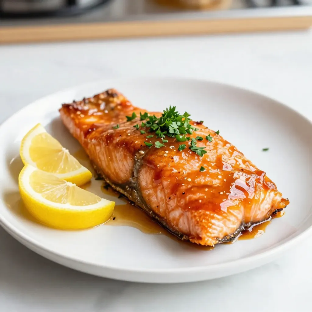 To make this tasty maple glazed salmon, you will need: - 4 salmon fillets (6 ounces each) - 1/4 cup pure maple syrup - 2 tablespoons Dijon mustard - 1 tablespoon soy sauce (or tamari for gluten-free) - 2 cloves garlic, minced - 1 teaspoon fresh ginger, grated - Salt and pepper to taste - 1 tablespoon olive oil - 1 tablespoon chopped fresh parsley (for garnish) - Lemon wedges (for serving) If you want to swap some ingredients, here are some ideas: - Use honey instead of maple syrup for a different sweet flavor. - Try whole grain mustard if you want a grainier texture. - If you're gluten-free, tamari works well in place of soy sauce. - Use garlic powder if you don’t have fresh garlic. - For a milder flavor, skip the ginger altogether. This dish is not only delicious but also healthy! Each serving of salmon has: - Calories: About 300 - Protein: 24 grams - Fat: 20 grams - Carbohydrates: 8 grams - Fiber: 0 grams - Sugar: 5 grams This meal gives you a good source of protein and healthy fats. Enjoy this dish for a balanced dinner! {{ingredient_image_1}} First, grab a small bowl. Add 1/4 cup of pure maple syrup. Next, mix in 2 tablespoons of Dijon mustard. Then, pour in 1 tablespoon of soy sauce. Add 2 minced garlic cloves and 1 teaspoon of grated fresh ginger. Whisk all the ingredients together until smooth. Save a few tablespoons of this mix for later. Now, take 4 salmon fillets and place them in a shallow dish. Pour the marinade over the salmon. Make sure each piece is well-coated. Cover the dish with plastic wrap and place it in the fridge. Let it marinate for at least 30 minutes. For better taste, marinate for up to 2 hours. Preheat your oven to 400°F (200°C). While the oven heats, line a baking sheet with parchment paper. You can also grease the sheet with olive oil. This helps with easy cleanup. After marinating, take the salmon out and place it on the baking sheet. Season with salt and pepper. Next, bake the salmon for 12 to 15 minutes. It is done when it flakes easily with a fork. - Glazing Technique In the last 5 minutes of baking, brush the reserved marinade over the salmon. This adds a rich, sweet layer of flavor. Once cooked, take it out and garnish with chopped parsley. Serve with lemon wedges for a fresh touch. To make perfect salmon, follow these tips: - Use fresh salmon fillets for the best taste. - Make sure to marinate the salmon evenly. This helps the flavors soak in. - Preheat your oven well before baking. A hot oven cooks the salmon faster. - Use a baking sheet lined with parchment paper. This makes cleanup easy. Overcooking salmon can make it dry. Here are ways to prevent that: - Bake the salmon for just 12-15 minutes. Check it at 12 minutes. - The salmon is done when it flakes easily with a fork. - Use a meat thermometer. The thickest part should reach 145°F (63°C). - If you see white stuff (albumin) on the fish, it means it’s overcooked. Serve your maple glazed salmon with these ideas: - Add lemon wedges for a fresh burst of flavor. - Pair with steamed broccoli or green beans for a healthy side. - Serve with rice or quinoa for a filling meal. - Top with fresh parsley for a nice touch. - Drizzle any leftover glaze over the top for more flavor. Pro Tips Marinating Time: For the best flavor, allow the salmon to marinate for at least 1 hour. This enhances the taste and tenderness of the fish. Check for Doneness: Salmon is perfectly cooked when it flakes easily with a fork. Avoid overcooking to keep it moist and tender. Glaze for Extra Flavor: Always brush on the reserved marinade during the last few minutes of baking for a delicious, caramelized glaze. Serving Suggestions: Pair the salmon with a fresh salad or steamed vegetables for a complete meal. Lemon wedges add a bright touch. {{image_2}} You can change the flavors of maple glazed salmon to suit your taste. Try using honey instead of maple syrup for a sweeter touch. For a spicy kick, add a bit of sriracha to the marinade. You can also swap Dijon mustard for whole grain mustard for a different texture. Fresh herbs like dill or cilantro can add fresh notes. Pair your salmon with delicious sides. Roasted vegetables like broccoli, asparagus, or carrots work well. A simple quinoa salad with lemon and herbs adds great flavor. You can also serve it with rice for a filling meal. Mashed potatoes or a light green salad make good choices too. Keeping it gluten-free is easy! Use tamari instead of regular soy sauce in the marinade. Check labels on your mustard and other sauces to ensure they are gluten-free. Serve the salmon with gluten-free sides like rice or steamed veggies. This way, everyone can enjoy this tasty dish! To keep your maple glazed salmon fresh, let it cool first. Place the salmon in an airtight container. Store it in the fridge for up to three days. If you want to enjoy it later, make sure to wrap it well. This keeps the flavors strong and prevents drying out. When it's time to reheat, I suggest using the oven. Preheat it to 350°F (175°C). Place the salmon on a baking sheet. Cover it with foil to keep it moist. Heat for about 10 minutes, or until warm. You can also use a microwave. But be careful! Microwaving can dry it out. Heat in short bursts, checking often. If you want to freeze the salmon, you can! Wrap each fillet tightly in plastic wrap. Then, place them in a freezer-safe bag. They can stay good in the freezer for up to three months. When you’re ready to eat, thaw it overnight in the fridge. Reheat as mentioned above for the best flavor. If you don't have maple syrup, you can use honey or agave nectar. Both will add sweetness. They also work well with the other flavors in the glaze. If you want a richer taste, try brown sugar mixed with a little water. This mix will mimic the maple flavor. To check if salmon is done, use a fork or knife. Gently poke the thickest part of the fillet. If it flakes easily, it is ready. The color should change from bright pink to a softer, opaque shade. You can also use a meat thermometer. The internal temperature should reach 145°F (63°C). Yes, you can grill the maple glazed salmon. Preheat your grill to medium heat. Oil the grill grates to prevent sticking. Place the marinated salmon fillets on the grill. Cook for about 6-8 minutes per side. Brush with the reserved glaze for extra flavor. Make sure to check for doneness as you would when baking. Enjoy that smoky flavor! In this blog, I covered how to prepare glazed salmon. We discussed ingredients, substitutes, and nutritional facts. I shared step-by-step instructions for marinating and baking your salmon. I also gave tips to avoid overcooking and suggested tasty side dishes. Remember, you can customize flavors and make this dish gluten-free too. Finally, I explained how to store and reheat leftovers. With these details, you can create a delicious meal that impresses everyone. Enjoy your cooking journey with maple-glazed salmon!