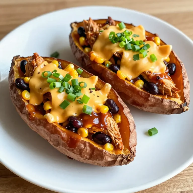 To make BBQ Chicken Stuffed Sweet Potatoes, you need a few key ingredients. These will help you create a tasty and filling dish. - 4 medium sweet potatoes - 2 cups cooked shredded chicken - 1 cup BBQ sauce (your choice) - 1 cup black beans, drained and rinsed - 1 cup corn (fresh, frozen, or canned) - 1 cup shredded cheddar cheese - 1/2 cup green onions, sliced - 1/4 cup fresh cilantro, chopped - 1 teaspoon smoked paprika - Salt and pepper to taste - Olive oil for drizzling Sweet potatoes are the star here. They add sweetness and nutrition. Cooked shredded chicken gives protein. BBQ sauce adds flavor and moisture. Black beans and corn bring texture and color. The cheese melts beautifully on top, while green onions and cilantro make it fresh. Smoked paprika adds a nice smoky touch. Remember to use salt and pepper to balance all the flavors. Gather these ingredients before you start cooking. This will make your cooking process smooth and enjoyable. {{ingredient_image_1}} First, wash and scrub the sweet potatoes. Make sure to remove dirt and grit. Next, use a fork to prick each potato. This helps steam escape while baking. Then, rub a bit of olive oil on each potato. Sprinkle some salt on top for extra flavor. Now, preheat your oven to 400°F (200°C). Place the sweet potatoes on a baking sheet. Roast them for about 45 to 60 minutes. Check for doneness by piercing them with a fork. They should feel soft and tender when done. While the sweet potatoes cook, prepare the BBQ chicken filling. In a bowl, mix together the cooked shredded chicken and BBQ sauce. Add black beans, corn, smoked paprika, and a pinch of salt and pepper. Mix until everything is well-coated with the sauce. Once the sweet potatoes are done, take them out of the oven. Let them cool slightly before handling. Carefully slice each potato down the middle. Use a fork to fluff the insides. Then, fill each potato with a generous portion of the BBQ chicken mixture. Top each stuffed sweet potato with shredded cheddar cheese. Return them to the oven for about 10 more minutes. This will melt the cheese and make it bubbly. When ready, remove them from the oven. Garnish with sliced green onions and fresh cilantro for a tasty finish. Choosing the right potatoes When picking sweet potatoes, look for medium-sized ones. They should be firm and smooth. Avoid ones with soft spots or blemishes. This will ensure a tasty and creamy filling. Cooking methods (baking vs. microwaving) Baking sweet potatoes gives them a sweet and rich flavor. To bake, preheat your oven to 400°F (200°C). Wash, prick, and oil them. Bake for 45-60 minutes until soft. Microwaving is faster. Prick and wrap them in a damp paper towel. Cook on high for 5-8 minutes. While it's quick, the flavor may not be as deep. Best store-bought options Look for BBQ sauces that are thick and tangy. Brands like Sweet Baby Ray's or Stubb's are great choices. They have a good balance of sweet and smoky flavors that work well with the chicken. Homemade BBQ sauce suggestion Making your BBQ sauce is easy. Mix 1 cup of ketchup, 1/4 cup of apple cider vinegar, 1/4 cup of brown sugar, and 1 tablespoon of Worcestershire sauce. Add garlic powder and onion powder for extra depth. This sauce brings a homemade touch to your dish. Additional herbs and spices To take your dish up a notch, add spices like smoked paprika or cumin. Fresh herbs like cilantro or parsley can brighten the flavors. A squeeze of lime juice will add a fresh kick. Pairing options for sides Serve your stuffed sweet potatoes with a simple salad or coleslaw. These sides add crunch and freshness. You can also pair them with grilled veggies for a colorful plate. Pro Tips Choose the Right Sweet Potatoes: Opt for medium-sized sweet potatoes that are firm and smooth for even cooking and better flavor. Perfect BBQ Sauce Balance: Adjust the BBQ sauce to your taste; you can mix in a bit of honey or vinegar for added sweetness or tang. Customize Your Fillings: Feel free to add other ingredients like diced bell peppers or jalapeños for an extra kick and different textures. Make Ahead: Prepare the BBQ chicken mixture ahead of time and store it in the refrigerator for up to 3 days to save time on busy nights. {{image_2}} You can switch up the protein in your BBQ chicken stuffed sweet potatoes. Try using turkey instead of chicken. Turkey is leaner but still tasty. If you want a meat-free option, use tofu. Just press it, cube it, and marinate it with BBQ sauce before cooking. Explore different sauces to give your dish a new twist. Sweet sauces like honey BBQ bring a nice flavor. Try spicy sauces for a kick! You can also add unique toppings to your stuffed potatoes. Think creamy avocado or a dollop of sour cream. These toppings add richness and balance. Incorporate seasonal veggies to boost nutrition and flavor. Try adding roasted bell peppers or zucchini for a fresh touch. During holidays, consider themed toppings. For example, use cranberry sauce for a festive twist. This adapts your dish to fit any event or season. To keep your BBQ chicken stuffed sweet potatoes fresh, store them properly. If you plan to eat them within a few days, place leftovers in the refrigerator. Use an airtight container to keep them safe. They can last up to three days in the fridge. If you want to save them for a longer time, freezing is a good option. Wrap each stuffed sweet potato in plastic wrap, then place them in a freezer bag. They can stay good for up to three months in the freezer. When it’s time to enjoy your leftovers, reheating is simple. For the best taste, use the oven. Preheat it to 350°F (175°C). Place the stuffed sweet potatoes on a baking sheet and cover with foil. Heat for about 20 minutes or until warm. You can also use the microwave if you’re short on time. Simply place one stuffed sweet potato on a microwave-safe plate and heat for 2-3 minutes. Check if it’s warm throughout. Making BBQ chicken stuffed sweet potatoes ahead of time is easy. You can cook the sweet potatoes and prepare the BBQ chicken filling in advance. Store each part separately in the fridge. When you're ready to eat, just fill and bake them. For easy meal portions, you can stuff and wrap each sweet potato individually. This way, you can grab one for lunch or dinner anytime. Yes, you can use raw sweet potatoes. You will need to cook them before stuffing. The best ways to cook them include: - Baking: Preheat your oven to 400°F (200°C). Wash the potatoes, prick them, and rub with olive oil. Bake for 45-60 minutes until tender. - Microwaving: Pierce each potato with a fork. Microwave on high for 5-10 minutes, turning halfway through. Yes, you can freeze these stuffed sweet potatoes. Here are my tips: - Freezing: Allow the stuffed sweet potatoes to cool completely. Wrap each one tightly in plastic wrap, then place in an airtight container or freezer bag. - Thawing: To thaw, place them in the fridge overnight. Reheat in the oven or microwave. These stuffed sweet potatoes pair well with many sides. Here are some tasty options: - Coleslaw: The crunch adds great texture. - Corn on the cob: Fresh and sweet, it complements the flavors. - Green salad: A light salad balances the meal. Leftovers last about 3-5 days in the fridge. Store them in an airtight container. Reheat as needed, but enjoy them within that time for the best taste. BBQ Chicken Stuffed Sweet Potatoes are easy to make. You learned how to prep and cook sweet potatoes, prepare a tasty BBQ chicken filling, and assemble the dish. I shared tips for picking the best potatoes and suggested cooking methods. You can even try variations using different proteins or flavors. Lastly, I provided storage and reheating advice. Enjoy your cooking and make this dish your own!
