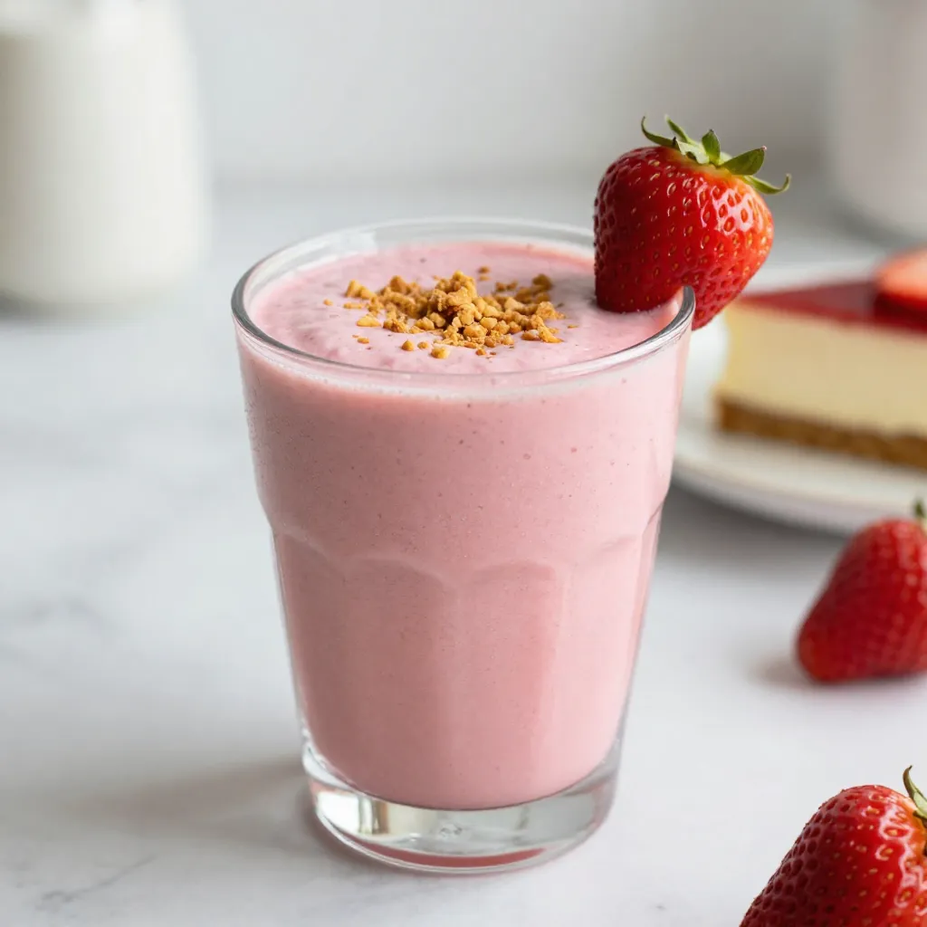 - 1 cup fresh or frozen strawberries - 1/2 cup cream cheese, softened - 1/2 cup Greek yogurt (vanilla or plain) - 1 tablespoon honey or maple syrup (adjust to taste) - 1 teaspoon vanilla extract - 1/2 cup milk (dairy or non-dairy) - 1/4 cup graham cracker crumbs - Ice cubes (optional, for a thicker consistency) To make a delicious strawberry cheesecake smoothie, gather your ingredients first. You can use either fresh or frozen strawberries. Each option gives a lovely flavor. Cream cheese adds the cheesecake touch. Softened cream cheese blends well and gives a smooth texture. Greek yogurt adds creaminess and a little tang. You can choose vanilla or plain yogurt based on your taste. Honey or maple syrup sweetens the smoothie. You can adjust the sweetness by adding more or less. Vanilla extract adds depth to the flavor. Milk helps blend everything together. You can use regular milk or a non-dairy version, like almond or oat milk. Graham cracker crumbs bring in that classic crust flavor. Lastly, ice cubes are optional. They help make the smoothie thicker and colder. Gathering these ingredients is the first step to a tasty treat. The right mix creates a perfect balance of flavors, making your smoothie rich and creamy. Enjoy the process of making this easy and delicious smoothie! {{ingredient_image_1}} Using fresh strawberries gives your smoothie a bright taste. They add sweetness and freshness. If you use frozen strawberries, you get a thick and cold drink. Both types work well, so choose what you like. If you pick frozen strawberries, let them thaw for a few minutes. This makes blending easier. Just leave them out on the counter or place them in warm water. Make sure they soften a bit before you add them to the blender. Start by adding the strawberries to your blender. Then, put in the cream cheese and Greek yogurt. Next, pour in the honey or maple syrup, vanilla extract, and milk. This order helps the blender mix everything smoothly. Blend on high for about 30 to 60 seconds. You want a nice, creamy texture. If you like your smoothie thicker, toss in some ice cubes and blend again. Taste it afterward and add more sweetener if needed. For a fun touch, sprinkle graham cracker crumbs on top. This gives a nice crunch and that cheesecake flavor. Pour the smoothie into tall glasses for a great look. You can also garnish with a whole strawberry on the rim of the glass. This adds a pretty touch and makes it feel special. Enjoy your delicious strawberry cheesecake smoothie! You can make this smoothie even better! Try using mascarpone or ricotta if you want a change from cream cheese. These options give a nice flavor and texture. For sweeteners, honey works great. Maple syrup adds a unique taste. You can also try agave syrup or stevia for a healthier choice. Do you want a thicker smoothie? Add a few ice cubes when blending. This helps create a creamy, thick drink. If you find it too thick, just add more milk. For smoothness, blend on high until everything is mixed well. This usually takes about 30 to 60 seconds. Want to mix it up? You can swap out strawberries for other fruits like blueberries or raspberries. Each fruit offers a new flavor twist! If you want extra nutrition, consider adding protein powder or spinach. These additions boost health without losing taste. Pro Tips Use Frozen Strawberries: For a creamier texture and colder smoothie, frozen strawberries work great. They also eliminate the need for ice. Adjust Sweetness: Taste your smoothie before serving and adjust the sweetness with honey or syrup to suit your preference. Experiment with Flavors: Feel free to add other berries or fruits for a unique twist on the classic cheesecake flavor. Garnish Creatively: Add a sprinkle of crushed graham crackers or a dollop of whipped cream on top for an extra touch of cheesecake flavor. {{image_2}} You can change the taste of your smoothie by adding different fruits. Here are two fun ideas: - Strawberry Banana Cheesecake Smoothie: Add one ripe banana to the mix. It brings a sweet and creamy texture. The banana pairs well with strawberries, making it a hit for kids and adults alike. - Mixed Berry Cheesecake Smoothie: Use a mix of berries like blueberries, raspberries, and strawberries. This gives a tart and sweet flavor. You can also add a splash of orange juice for a fresh twist. If you're looking for a dairy-free smoothie, I have some easy swaps. Use non-dairy cream cheese made from almonds or cashews. For yogurt, try coconut yogurt or almond yogurt. This way, you keep the creamy texture without dairy. Make sure to choose unsweetened options to control the sugar. Want a low-sugar smoothie? You can use sugar substitutes like stevia or monk fruit. They give sweetness without extra sugar. You can also reduce the honey or maple syrup. Start with less and add more if needed. This way, you can enjoy the taste without the extra calories. To store leftover smoothie, place it in an airtight container. Glass jars work well. You can also use plastic containers, but make sure they seal tight. Keep the smoothie in the fridge. It stays fresh for about one day. If it separates, just stir it before drinking. Freezing is a smart way to save your smoothie for later. Pour the leftover smoothie into ice cube trays or freezer-safe containers. Leave a little space at the top because it will expand. When you want to enjoy it again, take out the cubes or container and let them thaw in the fridge for a few hours. For a faster option, place it in a bowl of warm water. The freshness of your ingredients matters. Fresh strawberries last about 3-7 days in the fridge. Cream cheese stays good for 1-2 weeks after opening. Greek yogurt is best used within 1-3 weeks. Honey and maple syrup can last for years when stored properly. Always check for signs of spoilage before use. A Strawberry Cheesecake Smoothie has about 250 calories per serving. Here’s the breakdown: - Fresh or frozen strawberries: 50 calories - Cream cheese (1/2 cup): 400 calories - Greek yogurt (1/2 cup): 100 calories - Honey (1 tablespoon): 64 calories - Milk (1/2 cup): 42 calories - Graham cracker crumbs (1/4 cup): 110 calories This adds up to approximately 766 calories for the entire recipe. Since it serves two, each serving has around 250 calories. It’s a tasty treat without too many calories! You can prepare this smoothie ahead of time. Here’s how: - Blend all the ingredients as usual. - Store it in an airtight container in the fridge. - It stays good for up to 24 hours. When you’re ready to drink it, shake or stir it a bit. You may need to add ice or blend it again for a smooth texture. If you need a substitute for Greek yogurt, here are some ideas: - Regular yogurt works well if you want something creamy. - For dairy-free options, use coconut yogurt or almond yogurt. - Silken tofu is a great choice for a protein boost and is also dairy-free. These alternatives keep your smoothie rich and tasty! This blog post covered how to make a delicious Strawberry Cheesecake Smoothie. We explored the key ingredients like strawberries, cream cheese, and yogurt. I shared tips for blending and serving, plus ways to customize your drink. You can create variations or keep it dairy-free and low-sugar. In closing, enjoy experimenting with your smoothie. Each version can bring a new taste to your day. This wholesome treat is simple to make and full of flavor.