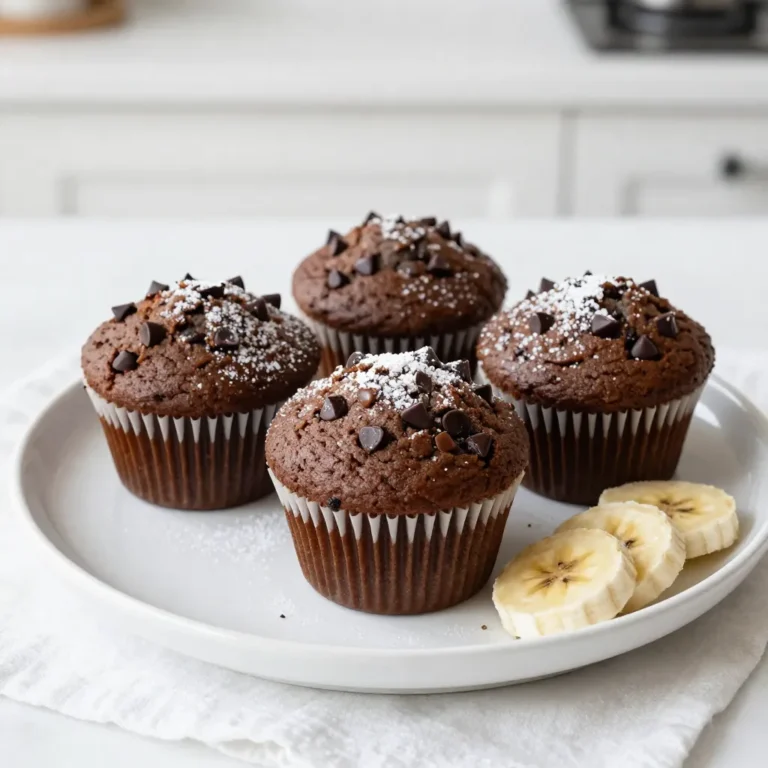 - 2 ripe bananas, mashed - 1 cup granulated sugar - 1/4 cup unsalted butter, melted - 2 large eggs - 1 teaspoon vanilla extract - 1 cup all-purpose flour - 1/2 cup unsweetened cocoa powder - 1 teaspoon baking soda - 1/2 teaspoon salt - 1/2 cup semi-sweet chocolate chips - 1/2 cup chopped walnuts (optional) When measuring flour, spoon it into the cup. Then level it off with a knife. This helps you avoid packing too much flour. For cocoa powder, sift it to remove lumps. It makes mixing easier. Use a kitchen scale for precise measurements. It gives the best results with baking. You can swap ripe bananas for applesauce in a pinch. It keeps muffins moist. If you want less sugar, use a sugar substitute. You can replace all-purpose flour with whole wheat flour. This gives a nutty taste. For dairy-free options, use coconut oil instead of butter. Enjoy the same rich flavor! {{ingredient_image_1}} Start by preheating your oven to 350°F (175°C). This step is key for even baking. While the oven heats, you can prepare your muffin tin. Line it with paper liners or lightly grease it. This helps your muffins come out easily. In a large bowl, mash the two ripe bananas with a fork. Then, add one cup of granulated sugar. Next, pour in a quarter cup of melted butter. Crack in two large eggs and add one teaspoon of vanilla extract. Mix all these ingredients well until they blend smoothly. This mixture will make your muffins moist and tasty. In another bowl, whisk together one cup of all-purpose flour, half a cup of unsweetened cocoa powder, one teaspoon of baking soda, and half a teaspoon of salt. This step adds structure and flavor to your muffins. Mixing dry ingredients separately prevents clumps. Now, it’s time to combine the wet and dry mixtures. Gradually add the dry mixture to the wet mixture. Stir gently until just combined. Be careful not to overmix, as this can make your muffins tough. Next, fold in half a cup of semi-sweet chocolate chips and walnuts if you’re using them. Spoon the batter into the prepared muffin tin, filling each cup about three-quarters full. Bake in the preheated oven for 18 to 20 minutes. Check if they’re done by inserting a toothpick into the center. If it comes out clean, your muffins are ready! Let them cool in the tin for five minutes, then move them to a wire rack to cool completely. To get soft and moist muffins, use ripe bananas. Their natural sweetness adds flavor and moisture. Mix the wet and dry ingredients gently. Overmixing can make your muffins tough. You want to stir until just combined. This helps keep them light and fluffy. Once your muffins cool, store them in an airtight container. This keeps them fresh for a few days. You can also freeze them for later. Just wrap each muffin in plastic wrap. When ready to eat, thaw at room temperature or microwave for a few seconds. For baking, use a good muffin tin. I like to line it with paper liners for easy cleanup. A large mixing bowl helps to combine all ingredients well. A whisk works great for dry ingredients, while a spatula is best for folding in chocolate chips. Pro Tips Use Overripe Bananas: The riper the bananas, the sweeter and more flavorful your muffins will be. Look for bananas with brown spots for the best results. Don’t Overmix: Stir the batter just until the dry ingredients are incorporated. Overmixing can lead to dense muffins instead of light and fluffy ones. Customize Your Add-ins: Feel free to swap the walnuts for other nuts, or add in dried fruits or different types of chocolate for a unique twist. Store Properly: To keep muffins fresh, store them in an airtight container at room temperature for up to 2 days or in the refrigerator for up to a week. {{image_2}} If you want gluten-free muffins, it's easy to make swaps. Use gluten-free flour instead of all-purpose flour. Look for a blend that works in baking. This way, you keep the texture and flavor. The muffins will still be moist and delicious. Just make sure to check the other ingredients, like baking soda, for gluten-free labeling. You can make your muffins even better with a few simple additions. Consider adding spices like cinnamon or nutmeg for warmth. A splash of almond extract or orange zest gives a nice twist. You can also mix in some cocoa nibs for extra chocolate crunch. These small changes can take your muffins to a new level. If you want to make your muffins a bit healthier, try using whole wheat flour. This adds fiber and nutrients. You can also reduce the sugar by a bit if you like. Use mashed bananas to sweeten and cut back on granulated sugar. Another idea is to swap half of the butter with unsweetened applesauce. These swaps keep the muffins tasty while being a bit better for you. To keep your double chocolate banana muffins fresh, store them in an airtight container. This helps to keep them soft and moist. You can leave them at room temperature for up to three days. If you want to keep them longer, consider the freezer. To freeze your muffins, first, let them cool completely. Then, wrap each muffin tightly in plastic wrap. Place the wrapped muffins in a freezer-safe bag. They can stay in the freezer for about three months. When you're ready to eat one, just take it out and let it thaw at room temperature. The shelf life of your muffins depends on how you store them. If kept at room temperature, they last three days. In the fridge, they can last up to a week. For the best taste and texture, I recommend eating them within a few days. Enjoy your muffins while they're fresh! Yes, you can use frozen bananas. Just thaw them first. Drain any extra liquid. Frozen bananas are great for baking. They become soft and sweet when cooked. This helps in making your muffins moist and flavorful. To check if your muffins are done, use a toothpick. Insert it into the center of a muffin. If it comes out clean, your muffins are ready. If there is batter on the toothpick, bake them a bit longer. Usually, they take 18 to 20 minutes in the oven. Keep an eye on them to avoid overbaking. Absolutely! You can add many mix-ins to your muffins. Consider nuts, dried fruit, or even peanut butter chips. Each mix-in can change the flavor and texture. Just keep the total amount of mix-ins to about one cup. This way, your muffins stay fluffy and rise well. In this post, we explored muffin-making from start to finish. We covered key ingredients, detailed steps, and handy tips. You learned how to customize muffins with variations and better storage methods. Remember, successful muffins rely on good measurements and mixing. Always feel free to experiment with flavors and textures. With practice, you will bake muffins you and others love. Now, grab your ingredients and start baking! Enjoy your muffin-making journey!
