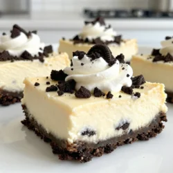 - 1 ½ cups Oreo cookie crumbs - ½ cup unsalted butter - 16 oz cream cheese - ¾ cup granulated sugar - 2 large eggs - 1 teaspoon vanilla extract - 1 cup sour cream - 1 cup crushed Oreo cookies - Whipped cream for garnish - Extra crushed Oreos for topping These ingredients are key to making your cookies and cream cheesecake bars. The Oreo cookie crumbs form a tasty crust, giving the bars a rich chocolate flavor. The unsalted butter helps bind the crumbs together, creating a firm base. Cream cheese is essential for the creamy filling. It gives the bars their smooth texture and rich taste. Granulated sugar sweetens the filling, balancing the flavors perfectly. The eggs help the cheesecake set. They add a nice structure to the bars. Vanilla extract enhances the flavor, making it more delicious. Sour cream adds a slight tang, which complements the sweetness. Crushed Oreo cookies mixed into the filling give the bars that classic cookies and cream taste. Finally, whipped cream and extra crushed Oreos are perfect for garnishing. They make the bars look even more tempting and fun to eat. When you gather these ingredients, you prepare to make a dessert that everyone will love. The combination is simple yet effective, creating a treat that is sure to impress. {{ingredient_image_1}} 1. First, preheat your oven to 325°F (163°C). 2. Line an 8x8-inch baking pan with parchment paper. Leave some paper hanging over the edges. This makes it easy to lift the bars out later. 3. In a medium bowl, combine 1 ½ cups of Oreo cookie crumbs with ½ cup of melted unsalted butter. Mix until it looks like wet sand. 4. Press this mixture firmly into the bottom of the pan to form a crust. 5. Bake the crust for 10 minutes. After baking, let it cool while you make the filling. 1. In a large bowl, beat 16 oz of softened cream cheese with a mixer until smooth. This takes about 2-3 minutes. 2. Add ¾ cup of granulated sugar and mix until fluffy. 3. Add 2 large eggs, one at a time, mixing well each time. 4. Stir in 1 teaspoon of vanilla extract and 1 cup of sour cream until everything is smooth. 5. Gently fold in 1 cup of crushed Oreo cookies. This gives the filling a nice texture. 1. Pour the cheesecake filling over the cooled crust in the pan. Spread it evenly with a spatula. 2. Bake for 30-35 minutes. The edges should be set, and the center may be a little jiggly. 3. Turn off the oven but leave the bars inside for another 10 minutes. This helps them cool slowly. 4. Once you take them out, let the bars cool at room temperature. 5. After cooling, refrigerate for at least 4 hours, or overnight. This helps the bars set properly. 6. When chilled, lift the cheesecake out of the pan using the parchment paper. Cut into bars. You can add whipped cream and extra crushed Oreos on top if you want. To ensure a smooth batter, start with softened cream cheese. Cold cream cheese can cause lumps. Beat it on medium speed until creamy and fluffy. This step is key for a perfect texture. For a good crust, mix Oreo cookie crumbs with melted butter. Press the mixture evenly into the pan. Bake it for ten minutes to set. Let it cool completely before adding the filling. This keeps the crust from becoming soggy. Baking time adjustments matter. If you notice the edges are set but the center jiggles slightly, it’s done. Don’t overbake. The bars will firm up as they cool. Garnishing ideas can elevate your dessert. Top the bars with whipped cream and extra crushed Oreos. This adds a nice touch to the look and taste. You can also drizzle chocolate sauce for an extra treat. Pairing with drinks is fun! A glass of cold milk goes well with these bars. If you prefer coffee, a rich brew complements the flavors nicely. You can even serve them with a scoop of vanilla ice cream. Overmixing the batter can lead to cracks in your cheesecake bars. Mix just until ingredients combine. This keeps the texture smooth and prevents air bubbles. Not cooling properly can ruin your dessert. After baking, let the bars cool at room temperature. Then, refrigerate them for at least four hours. This helps the bars set and makes them easier to cut. Pro Tips Use Room Temperature Ingredients: Allow your cream cheese and eggs to come to room temperature before mixing. This ensures a smoother batter and helps prevent lumps. Don't Overmix: Once you add the eggs, mix just until combined. Overmixing can introduce too much air, causing the cheesecake to crack as it bakes. Cool Gradually: After baking, let the cheesecake bars cool in the oven with the door slightly ajar. This gradual cooling helps prevent cracks on the surface. Chill Overnight: For the best texture and flavor, refrigerate the cheesecake bars overnight before serving. This allows the flavors to meld and the bars to set properly. {{image_2}} You can change the flavor of your cheesecake bars by using different cookies. Try using chocolate chip cookies or peanut butter cookies for a twist. Each cookie brings a unique taste. You can also use flavored cream cheese. Options like strawberry or chocolate cream cheese add a fun twist. If you need gluten-free options, use gluten-free cookies for the crust. They work just like regular cookies. For dairy-free substitutes, try a dairy-free cream cheese. These swaps keep your bars creamy and delicious. You can make mini cheesecake bars too! Just use a mini muffin tin instead of a baking pan. This makes perfect bite-sized treats. If you want to make a larger batch, double the recipe. Use a bigger pan and adjust the baking time. Check for the same jiggly center to know when they are done. To keep your cookies and cream cheesecake bars fresh, follow these tips: - Refrigeration: Place the bars in an airtight container. This helps keep them moist and free from odors. Store them in the fridge for the best taste. - Freezing: You can freeze these bars too! Cut them into squares first. Wrap each piece tightly in plastic wrap, then place them in a freezer bag. This keeps them fresh for later. These bars last quite a while if stored correctly. - How long the bars last: In the fridge, they are good for about 5-7 days. If frozen, they can last up to 2-3 months. - Signs of spoilage: Watch for changes in smell, color, or texture. If the bars look dry or have an off smell, it's best to toss them. Always check before you eat! Yes, you can use different cookies for the crust. Try graham crackers or chocolate cookies. Each type gives a unique flavor. Just make sure to crush them into fine crumbs. Mix them with melted butter like you would with Oreos. You can still enjoy that tasty cheesecake vibe! Check the edges of the cheesecake for firmness. The center should still be a bit jiggly. This is normal. After baking, leave the cheesecake in the oven for 10 more minutes. This helps it set without cracking. Absolutely! You can prepare these cheesecake bars one or two days in advance. Just store them in the fridge. They taste even better after chilling overnight. This allows the flavors to develop fully. - Feel free to ask about other variations or tips! Want to add fruit or change the topping? Just let your creativity shine! This blog post covered how to make delicious Oreo cheesecake bars. We explored ingredients, step-by-step instructions, tips for perfection, and variations for dietary needs. You now know how to store these treats and the common mistakes to avoid. Enjoy sharing these creamy, cookie-filled bars with friends and family. Experiment with flavors and get creative. You’ll impress everyone with your baking skills. Have fun, and happy baking!