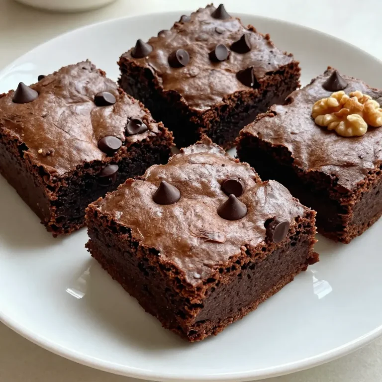 To make the ultimate fudgy brownies, gather these ingredients: - 1 cup unsalted butter - 2 cups granulated sugar - 4 large eggs - 1 teaspoon vanilla extract - 1 cup all-purpose flour - 1 cup unsweetened cocoa powder - 1/2 teaspoon salt - 1 cup semi-sweet chocolate chips - 1/2 cup chopped walnuts (optional) Each ingredient plays a key role in the texture and taste. The butter adds richness, while sugar helps create that shiny top. Eggs act as a binder, giving the brownies a soft, fudgy feel. Flour gives structure, and cocoa powder brings deep chocolate flavor. Chocolate chips add extra indulgence, and walnuts bring a nice crunch if you choose to add them. Choosing the right ingredients makes a big difference. Here are my tips: - Butter: Use unsalted butter for better control over salt levels. - Sugar: Choose granulated sugar for the best texture. - Eggs: Fresh eggs help with rising and taste. - Vanilla: Pure vanilla extract gives a more natural flavor than imitation. - Flour: Use all-purpose flour for a good balance of texture. - Cocoa Powder: Select high-quality unsweetened cocoa for a rich taste. - Chocolate Chips: Semi-sweet chips make brownies sweeter and more indulgent. - Walnuts: If using, opt for fresh, raw walnuts for the best crunch and flavor. Sometimes, you may not have all the ingredients. Here are some easy swaps: - Butter: Use coconut oil or margarine, but the flavor may change. - Sugar: You can replace granulated sugar with brown sugar for a moister brownie. - Eggs: Replace each egg with 1/4 cup unsweetened applesauce for a vegan option. - Flour: Use gluten-free flour blends if you need a gluten-free choice. - Cocoa Powder: Dutch-process cocoa can be used for a smoother taste. - Chocolate Chips: You can use dark chocolate or milk chocolate chips based on your preference. These tips and substitutes will help you create the best fudgy brownies, tailored to what you have on hand! {{ingredient_image_1}} First, set your oven to 350°F (175°C). This is the ideal heat for fudgy brownies. While the oven heats, prepare your baking pan. Use a 9x13 inch pan for the best results. Grease it well or line it with parchment paper. This helps the brownies come out easily later. Next, grab a medium saucepan. Place it on low heat and add 1 cup of unsalted butter. Stir it until it melts completely. Once melted, take it off the heat. Add 2 cups of granulated sugar to the butter. Mix these two until they look smooth. Let this mixture cool a bit. Now, crack in 4 large eggs, one at a time. Mix well after each egg. Finish this step by stirring in 1 teaspoon of vanilla extract. Now, take a separate bowl. Sift together 1 cup of all-purpose flour, 1 cup of unsweetened cocoa powder, and 1/2 teaspoon of salt. This step helps to remove lumps. Slowly add this dry mix to the wet ingredients. Use a spatula for folding, and be gentle. You don’t want to overmix. When just combined, fold in 1 cup of semi-sweet chocolate chips. If you like, add 1/2 cup of chopped walnuts. Pour the brownie batter into the prepared baking pan. Use a spatula to smooth the top. Place it in your preheated oven. Bake for 25-30 minutes. To check if they are done, insert a toothpick into the center. It should come out with some moist crumbs. This shows you have that perfect fudgy texture! After baking, let the brownies cool in the pan for about 10 minutes. Then, move them to a wire rack to cool completely. Now they are ready to cut into squares and enjoy! To get that rich, fudgy texture, you must not overmix your batter. Mix just until you see no dry flour. Bake for 25 to 30 minutes. When testing, a toothpick should come out with a few moist crumbs. This gives you that gooey center. Also, use good quality chocolate chips. They melt well and enhance the flavor. Many people overbake their brownies. This makes them dry instead of fudgy. Another mistake is not cooling them before cutting. Letting them cool helps them set. If you add too much flour, the brownies will be tough. Stick to the recipe for the best results. Fudgy brownies are great on their own but can be even better with toppings. Try serving them warm with vanilla ice cream. A drizzle of chocolate sauce adds extra sweetness. Fresh berries or whipped cream give a nice contrast. You can also pair them with a strong coffee or a glass of milk for a delightful treat. Pro Tips Use Quality Chocolate: The better the chocolate, the richer and more decadent your brownies will be. Opt for high-quality semi-sweet chocolate chips for the best results. Don’t Overmix: When combining the dry ingredients with the wet, stir gently until just combined. Overmixing can lead to tough brownies. Check Doneness Carefully: For fudgy brownies, a toothpick should come out with a few moist crumbs. If it comes out clean, they may be overbaked. Add a Pinch of Espresso Powder: To intensify the chocolate flavor, add a teaspoon of espresso powder to the dry ingredients. It enhances the richness without adding coffee flavor. {{image_2}} You can enhance your brownies by adding nuts or mix-ins. Walnuts add a nice crunch and flavor. If you like nuts, chop them roughly and mix them into the batter. You can also try almonds or pecans. For a sweet twist, add chocolate chips or peanut butter chips. These mix-ins will make each bite special and fun. Want to make your brownies unique? Consider adding different flavors. Mint extract gives a fresh taste. Just use one teaspoon to keep it balanced. You can also swirl in caramel sauce for a rich treat. To do this, pour half the batter, add caramel, then top with the rest of the batter. This adds a gooey surprise that everyone will love. Need a gluten-free version? You can swap the all-purpose flour for gluten-free flour. This keeps the fudginess intact. For a vegan option, replace the butter with coconut oil and use flax eggs. To make a flax egg, mix one tablespoon of flaxseed meal with three tablespoons of water. Let it sit for a few minutes until it thickens. This way, everyone can enjoy these fudgy brownies! To keep your brownies fresh, store them in an airtight container. This helps maintain their moisture and fudgy texture. You can place a layer of parchment paper between layers to prevent sticking. Keep them at room temperature for up to four days. If you want them to last longer, consider refrigeration, but this can change their texture. Freezing brownies is a great way to save some for later. First, let your brownies cool completely. Then, cut them into squares. Wrap each square tightly in plastic wrap. Place the wrapped brownies in a freezer-safe bag or container. They can last up to three months in the freezer. When you are ready to eat them, just thaw at room temperature. To enjoy your brownies warm, preheat your oven to 350°F (175°C). Place the brownies on a baking sheet lined with parchment paper. Heat for about 10 minutes. This warms them up without drying them out. You can also microwave a square for about 15 seconds. This gives you that gooey, warm experience, perfect with a scoop of ice cream! Fudgy brownies can last about 3 to 5 days at room temp. Store them in an airtight container. If you want them fresh longer, keep them in the fridge. They can last up to a week there. Yes, you can! You can use applesauce or mashed bananas instead of eggs. Use 1/4 cup of applesauce or banana for each egg. This will help keep the brownies moist and fudgy. If the brownies are undercooked, they will be gooey and soft in the middle. This means they need more time in the oven. An undercooked brownie can taste great, but it may not hold its shape. To check if brownies are done, insert a toothpick in the center. If it comes out with a few moist crumbs, they are ready. If it comes out clean, they might be overbaked. A little fudginess is what you want! Absolutely! You can use dark chocolate or milk chocolate instead of semi-sweet chocolate. The taste will change, but it can still be delicious. Just make sure to adjust the sugar if you use milk chocolate, as it is sweeter. In this post, we explored how to make fudgy brownies. We covered key ingredients and how to choose the best ones. I shared tips on baking, achieving that perfect fudgy texture, and avoiding common mistakes. You learned about fun variations, storage methods, and answered common questions. Now, you have all the tools to bake amazing fudgy brownies. Enjoy the process and share your treats! Happy baking!
