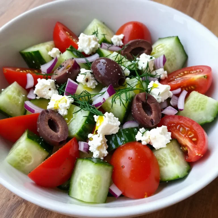 - 2 large cucumbers, diced - 1 cup cherry tomatoes, halved - 1 red bell pepper, diced - 1/2 red onion, finely chopped - 1 cup feta cheese, crumbled - 1/4 cup Kalamata olives, pitted and sliced - 3 tablespoons fresh dill, chopped - 3 tablespoons extra virgin olive oil - 2 tablespoons red wine vinegar - 1 teaspoon dried oregano - Salt and pepper to taste You can add more taste with these options: - Avocado for creaminess - Chickpeas for protein - Radishes for a crunchier bite - Lemon juice for a zesty kick Fresh ingredients make a big difference. Here’s how to pick the best: - Look for firm cucumbers with smooth skin. - Choose tomatoes that are bright and fragrant. - Select bell peppers that feel heavy and have shiny skin. - Pick red onions that are firm and have no soft spots. - Choose feta cheese that is creamy but not too crumbly. - For olives, check for good color and no wrinkling. {{ingredient_image_1}} Start by dicing two large cucumbers. I prefer to use English cucumbers for their crispness. Next, halve one cup of cherry tomatoes. Their sweetness brings a nice balance to the salad. Then, dice one red bell pepper and finely chop half a red onion. Each adds texture and taste. Combine all these fresh veggies in a large mixing bowl. Make sure to mix them up well. This way, every bite has a little bit of everything. In a small bowl, whisk together three tablespoons of extra virgin olive oil and two tablespoons of red wine vinegar. This mix adds depth and tanginess. Then, add one teaspoon of dried oregano, along with salt and pepper to taste. Whisk until it’s well combined. The dressing should feel light yet full of flavor. This will coat your salad beautifully. Now, it’s time to bring everything together. Pour the dressing over the veggie mix. Add one cup of crumbled feta cheese and a quarter cup of sliced Kalamata olives. These ingredients provide a rich, salty flavor that pairs perfectly with the fresh vegetables. Sprinkle three tablespoons of fresh dill on top. Dill adds a bright note that makes the salad sing. Gently toss all the ingredients until they are coated in the dressing. Let the salad sit for about ten minutes. This allows the flavors to blend nicely. Serve it in a large, shallow bowl. Garnish with extra dill sprigs and a few olives for a lovely touch. Enjoy your fresh and vibrant cucumber dill Greek salad! Cutting your vegetables right makes a big difference. For cucumbers, slice them into bite-sized pieces. This way, they soak up the dressing well. Cherry tomatoes should be halved. This helps release their sweet juice. The red bell pepper should be diced small. This adds crunch and color. Finally, chop the red onion finely. This gives a nice sharp taste without overpowering the salad. You can change ingredients to match your taste. If you love spice, add jalapeños or diced chili peppers. Want it sweeter? Use yellow or orange bell peppers. If you don't like olives, try capers. You can switch feta cheese for goat cheese if you prefer a creamier texture. Fresh herbs work too. Try basil if you want a different flavor. Tossing your salad well is key. Start by adding the dressing to the bowl first. This helps the veggies get coated evenly. Use your hands or salad tongs to mix gently. Be careful not to squish the tomatoes or feta. Let it sit for about 10 minutes. This allows flavors to mix better. Always taste before serving. Adjust salt and pepper if needed. Pro Tips Fresh Ingredients: Always use the freshest cucumbers and tomatoes you can find for the best flavor and crunch. Chill Before Serving: For an extra refreshing salad, chill the salad in the refrigerator for 30 minutes before serving. Customizable Add-ins: Feel free to add other ingredients like avocado or chickpeas for extra texture and nutrition. Flavor Infusion: Allow the salad to sit for at least 10 minutes after dressing to let the flavors meld together beautifully. {{image_2}} Chickpeas add great texture and protein to your salad. They make it more filling. Use one can of drained chickpeas. Toss them in with the other ingredients for a hearty twist. It turns a light dish into a meal. Plus, they bring a nutty taste that pairs well with the fresh veggies. In summer, add fresh herbs like basil or mint. They give a bright flavor. You can also swap in ripe peaches or watermelon for sweetness. In fall, consider adding roasted butternut squash. It adds warmth and a sweet touch. You can even include apple slices for crunch and sweetness. Each season brings new flavors to enjoy! For a vegan version, skip the feta cheese. Try crumbled tofu or a nut-based feta. You can also use avocado to add creaminess. Nutritional yeast gives a cheesy flavor while keeping it plant-based. These swaps keep your salad tasty and satisfying, while still fresh and light. To keep your cucumber dill Greek salad fresh, place it in an airtight container. Make sure to seal the lid tightly. This helps to keep the flavors in and the salad crisp. If you have extra dressing, store it separately. This way, your salad stays crunchy and not soggy. When stored in the fridge, your salad lasts about 3 days. After that, the veggies may start to lose their crunch. Always check for off smells or changes in texture before eating. If it seems off, it's best to toss it out. I don’t recommend freezing this salad. Freezing can change the texture of cucumbers and tomatoes. They can become mushy when thawed, losing their fresh taste. If you want to prep ahead of time, consider freezing the dressing. You can mix it up fresh later for a quick meal. The best type of cucumber for a salad is the English cucumber. It has thin skin and fewer seeds, making it crisp and tasty. Another good choice is the Persian cucumber. It is smaller and has a sweet flavor. Both types work great in a Cucumber Dill Greek Salad. Yes, you can prepare this salad ahead of time. Make it a few hours before serving. This gives the flavors time to mix. Just keep it in the fridge until you are ready to serve. If you prepare it too early, the cucumbers can get watery. To prevent this, add the dressing right before serving. You can add many ingredients for extra nutrition. Here are some ideas: - Chickpeas for protein - Avocado for healthy fats - Spinach for more vitamins - Carrots for crunch and color - Bell peppers for added sweetness Feel free to mix and match! These additions can make your salad even more delicious and healthy. In this blog post, we explored various fresh ingredients to elevate your salad. We discussed how to prepare vegetables, make flavorful dressings, and the best ways to combine everything. You learned tips for cutting and tossing, along with exciting variations, like adding chickpeas or seasonal ingredients. Proper storage keeps your salad fresh longer. Remember, a great salad starts with fresh produce and personal touch. Enjoy the process and make it your own!