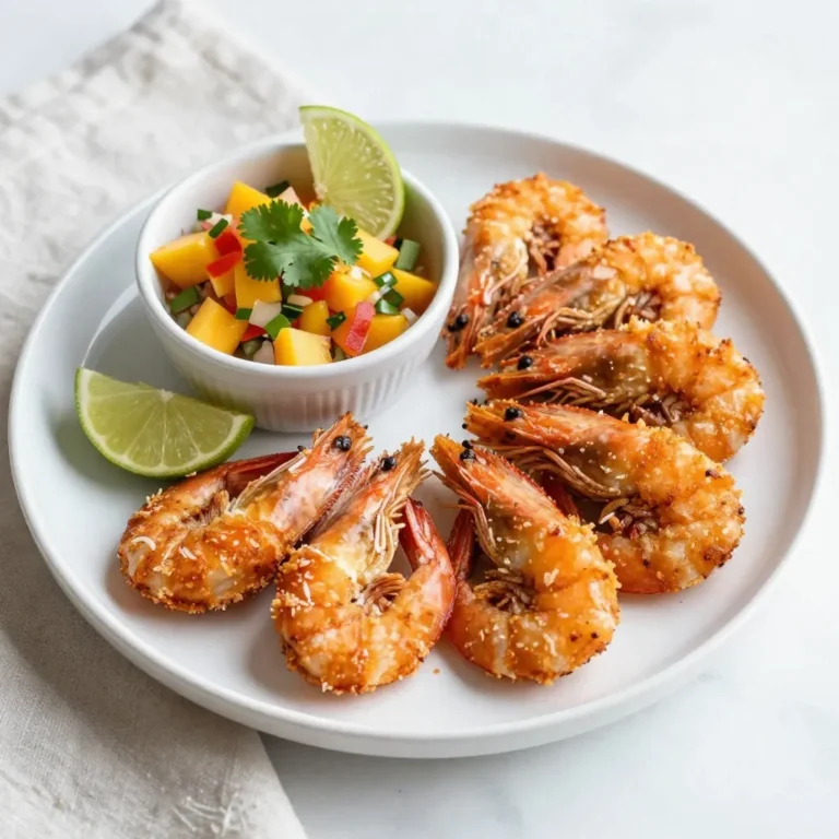 For this recipe, you need 1 pound of large shrimp. Make sure they are peeled and deveined. This step saves time and makes it easy to eat. Large shrimp work best for this dish. They hold up well during the coating and baking process. The coating gives the shrimp its crispy texture. You will need: - 1 cup shredded coconut (you can use sweetened or unsweetened) - 1/2 cup panko breadcrumbs - 1/2 cup all-purpose flour - 2 large eggs - 1 teaspoon garlic powder - 1 teaspoon paprika - 1/2 teaspoon salt - 1/4 teaspoon black pepper Mix the panko, coconut, garlic powder, paprika, salt, and pepper in a bowl. This mixture adds flavor and crunch. If you want a touch of sweetness, add 1 tablespoon of honey to the egg mixture. This makes the shrimp even tastier. You can skip it if you prefer a more savory flavor. Cooking spray is also important. It helps the shrimp crisp up nicely in the oven. {{ingredient_image_1}} First, you need to prepare your baking sheet. Preheat your oven to 400°F (200°C). This step is key for a crispy outcome. Line your baking sheet with parchment paper to keep the shrimp from sticking. For added crispiness, lightly spray the parchment with cooking spray. This small step helps the shrimp get that nice golden color. Now, let’s coat those shrimp. Start by mixing the panko breadcrumbs and shredded coconut in a shallow bowl. Add garlic powder, paprika, salt, and black pepper. Stir well to spread the flavors evenly. In another bowl, place the all-purpose flour. This will be the first dip for the shrimp. In a third bowl, whisk together the eggs and honey. Take a piece of shrimp and dip it in the flour. Make sure it is fully coated, then shake off any extra flour. Next, dip the shrimp into the egg mixture. Let any excess egg drip off. Finally, coat the shrimp in the coconut-panko mix. Press gently to help it stick. Place the coated shrimp on your prepared baking sheet. Repeat this for all the shrimp until they are all coated. It’s time to bake! Once your shrimp are on the sheet, lightly spray them with cooking spray. This helps them become crispy. Place the baking sheet in the preheated oven. Bake for 12 to 15 minutes. Keep an eye on them! You want the coconut to turn golden brown and the shrimp to cook through. When they are done, they will look and smell amazing! To make your baked coconut shrimp extra crispy, use panko breadcrumbs. These crumbs are light and airy, which helps create a crunchy texture. I recommend lightly spraying the shrimp with cooking spray before baking. This step adds a nice golden color and aids in crisping. Make sure your oven is preheated to 400°F (200°C) for the best results. Baking at the right temperature helps the shrimp cook evenly and stay crispy. For a flavor boost, add spices to your coating mix. Garlic powder and paprika work wonders in this recipe. If you like a bit of heat, try adding cayenne pepper. You can also mix in some lime zest to brighten the flavors. For sweetness, consider drizzling honey over the shrimp before baking. This adds a nice caramelized touch. One common mistake is overcooking the shrimp. Keep an eye on them while they bake. Cooking them just until they turn pink will keep them tender. Another mistake is not pressing the coconut-panko mixture onto the shrimp. Press firmly to ensure it sticks well. Lastly, avoid overcrowding the baking sheet. Give each shrimp space to cook properly and crisp up. Pro Tips Choose the Right Shrimp: Opt for large, fresh shrimp for the best texture and flavor. Frozen shrimp can also work, just ensure they are fully thawed and patted dry before coating. Coating Technique: For an even crispier texture, double dip the shrimp in the egg mixture and then the coconut-panko mixture to add an extra layer of crunch. Watch the Baking Time: Keep an eye on the shrimp while baking. Ovens vary, so check them a couple of minutes before the recommended time to avoid overcooking. Experiment with Flavors: Feel free to add spices like cayenne pepper or a splash of lime juice to the coconut-panko mixture for an extra kick of flavor. {{image_2}} You can change the flavor with different sauces. For a tangy twist, try spicy mango salsa. Simply mix diced mango, red onion, jalapeño, and lime juice. For a sweet option, pair the shrimp with sweet chili sauce. The blend of sweet and spicy works great. You could also use a zesty yogurt dip. Just mix plain yogurt with lemon juice and fresh herbs. Each sauce adds a unique touch to your coconut shrimp. You can easily change the taste of baked coconut shrimp. Add spices like curry powder or cumin for a warm kick. For a tropical vibe, try adding lime zest or ginger. You can even use coconut milk in the egg wash for more coconut flavor. Don’t forget to play with your favorite herbs too. Fresh cilantro or parsley can brighten the dish. Each twist makes the shrimp special and fun. If you have dietary needs, you can still enjoy baked coconut shrimp. For gluten-free options, swap out regular flour and breadcrumbs for gluten-free versions. Almond flour and crushed gluten-free crackers work well. If you are vegan, replace shrimp with cauliflower florets. Use a plant-based egg substitute, like flaxseed meal, to bind the coating. These changes keep the dish tasty while catering to your needs. Feel free to experiment and make it your own! After you enjoy your baked coconut shrimp, store leftovers in the fridge. Put them in an airtight container. This keeps them fresh for up to three days. Ensure the shrimp cool down before sealing. This helps prevent moisture buildup. For best taste, eat them within two days. You can also freeze the coconut shrimp for later. First, let them cool completely. Then, lay them on a baking sheet in a single layer. Freeze them for about one hour. This step prevents them from sticking together. After they are firm, transfer the shrimp to a freezer-safe bag. They can stay in the freezer for up to two months. Label the bag with the date, so you remember when you froze them. To reheat the shrimp, use your oven for the best results. Preheat your oven to 375°F (190°C). Place the shrimp on a baking sheet lined with parchment paper. Bake for about 8-10 minutes until they are warm and crispy. You can also use an air fryer set at 350°F (175°C) for about 5-7 minutes. Make sure to check that they are heated through before serving. Avoid using the microwave as it may make them soggy. Yes, you can use frozen shrimp. Just thaw them first. Place them in the fridge overnight or run cold water over them. Make sure they are peeled and deveined before you start. This way, they will soak up the flavors well. To make this dish gluten-free, swap all-purpose flour and panko breadcrumbs for gluten-free versions. Look for gluten-free panko and flour at the store. This will keep your shrimp crispy and tasty without any gluten. Baked coconut shrimp pairs well with a variety of sides. You can serve them with a fresh salad, rice, or even fries. Dipping sauces like sweet chili or spicy mango salsa add extra flavor. Garnish with lime wedges or fresh herbs for a nice touch. This article covers how to make baked coconut shrimp. You learned about key ingredients, like shrimp and coating elements. I shared steps for preparation, coating, and baking. You also found tips for crispiness and flavor. Additionally, I provided storage tips and FAQs for common concerns. Remember, making this dish is easy and fun. Try different sauces or seasonings for your taste. With these guidelines, you can enjoy delicious coconut shrimp anytime.