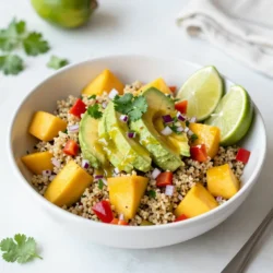 To make this salad, you will need: - 1 cup quinoa, rinsed - 2 cups water - 1 ripe mango, diced - 1 ripe avocado, diced - 1 red bell pepper, diced - 1/4 cup red onion, finely chopped - 1/4 cup fresh cilantro, chopped - 1 lime, juiced - 2 tablespoons olive oil - 1 teaspoon honey (or agave syrup) - Salt and pepper to taste These ingredients create a bright and colorful dish. The quinoa adds a nice base. The mango and avocado bring sweetness and creaminess. The bell pepper and onion give a nice crunch. You might want to try some optional add-ins. They can make the salad even better. Here are some ideas: - Black beans for protein - Corn for a sweet crunch - Jalapeños for heat - Feta cheese for a salty bite Feel free to mix and match these add-ins. They can help you create your perfect salad. This salad is not just tasty; it is also healthy. Here’s a quick look at its benefits: - Quinoa is a great source of protein. - Mango is full of vitamins A and C. - Avocado offers healthy fats. - Bell peppers are high in antioxidants. This salad is a well-rounded meal. It can fill you up without feeling heavy. You can enjoy it as a side or a main dish. {{ingredient_image_1}} To cook quinoa, start with a medium saucepan. Bring 2 cups of water to a boil. Add 1 cup of rinsed quinoa. Lower the heat and cover the pan. Let it simmer for about 15 minutes. The quinoa will become fluffy, and the water will absorb. After cooking, remove it from heat and let it cool. This step is key for a great salad. While the quinoa cools, chop your fresh ingredients. Dice the ripe mango and avocado into small pieces. Next, chop the red bell pepper and finely chop the red onion. Don’t forget to add fresh cilantro as well. These ingredients add color and flavor to your salad. Keep the pieces bite-sized for easy eating. Now, it’s time to mix everything together! In a large bowl, combine the cooled quinoa, diced mango, avocado, bell pepper, red onion, and cilantro. In a small bowl, whisk lime juice, olive oil, honey, salt, and pepper. Pour this dressing over your quinoa mixture. Gently toss everything to combine. Be careful not to mash the avocado or mango. Taste the salad and adjust seasoning if needed. Finally, chill the salad for at least 30 minutes. This helps the flavors blend nicely. To pick a ripe mango, look for one that feels slightly soft when you press it. The skin should have a vibrant color. If it has some dark spots, that's fine; it often means better flavor. For avocados, choose ones that yield to gentle pressure. The skin should be dark green or almost black. Avoid hard avocados; they aren’t ripe. Serve your salad in a big bowl for family meals. For parties, use small bowls for each guest. This salad pairs well with grilled chicken or fish. You can also serve it alongside tortilla chips for a crunchy bite. Garnish with lime wedges and extra cilantro to add flair. To boost flavor, try adding a pinch of chili powder or cumin. These spices add warmth and depth. Fresh herbs like mint or basil can also brighten the dish. If you like a bit of sweetness, drizzle more honey on top. Adjust salt and pepper to your taste for a perfect balance. Pro Tips Choose Ripe Fruits: Ensure your mango and avocado are perfectly ripe for the best flavor and texture. A ripe mango should give slightly when pressed, and an avocado should feel creamy and soft. Rinse Quinoa Properly: Rinse the quinoa under cold water before cooking to remove any bitterness from the saponins, which can affect the taste of your salad. Chill for Flavor: Allowing the salad to chill for at least 30 minutes enhances the flavors as they meld together, making for a more delicious dish. Customize Ingredients: Feel free to add other ingredients like black beans or corn for additional flavor and texture, or swap cilantro for parsley if you prefer. {{image_2}} This salad is naturally vegan and gluten-free, making it a great choice for many diets. Quinoa is a seed, not a grain, so it fits well in gluten-free meals. You can swap honey for agave syrup to keep it vegan. The rest of the ingredients, like avocado and mango, are also plant-based. If you want more protein, consider adding black beans or chickpeas. Both options pair well with the flavors of the salad. You might also try adding grilled chicken or shrimp for a non-vegetarian twist. Each adds its unique flavor while boosting the protein content. Feel free to mix in seasonal ingredients. In summer, add fresh corn or diced cucumber for extra crunch. In fall, try roasted sweet potatoes or butternut squash for warmth. You can even use different herbs like basil or mint for a fresh taste. The salad remains vibrant and tasty with these simple swaps. After enjoying your mango avocado quinoa salad, store leftovers in a sealed container. Make sure to keep it in the fridge. This salad stays fresh for up to three days. If you want to keep it longer, separate the dressing from the salad. This helps keep the salad crisp and tasty. To keep your salad fresh, use ripe fruits. Choose mangoes and avocados that are firm but yield slightly when pressed. If you want to prepare the salad ahead, wait to add the avocado until it’s time to serve. This keeps the avocado from turning brown. You can also sprinkle lime juice on the cut avocado to help it stay green longer. For easy meal prep, cook quinoa in bulk. Store it in the fridge in a sealed container. You can also chop your veggies ahead of time. Keep them in separate containers to keep them fresh. When you're ready to eat, mix everything together and add the dressing. This makes it simple to enjoy your salad all week. Yes, you can make this salad ahead of time. It tastes even better after chilling. Just prepare it, then cover and refrigerate. I suggest letting it chill for at least 30 minutes. This allows the flavors to mix well. If you make it too early, the avocado may brown. To avoid this, add the avocado just before serving. If you want to substitute quinoa, you have a few options. You can use brown rice or farro for a nice texture. Couscous works well too, but it cooks faster. You can also try bulgur wheat, which is quick to prepare. Each substitute has a different taste, so feel free to experiment! Absolutely! This salad is healthy and packed with nutrients. Quinoa provides protein and fiber, which helps you feel full. Mango adds vitamins A and C, while avocado offers healthy fats. The fresh veggies boost your intake of vitamins and minerals. Enjoy this salad as a light meal or a side dish! This blog post covered how to make a tasty Mango Avocado Quinoa Salad. We explored key ingredients, simple steps, and helpful tips. I shared ways to make it both flavorful and healthy, including storage advice and variations. You can adapt the salad based on your tastes and needs. Remember, this dish is not just easy; it’s delicious and nutritious. Enjoy using fresh ingredients to create a salad that brightens any meal. Try it out and make it your own!