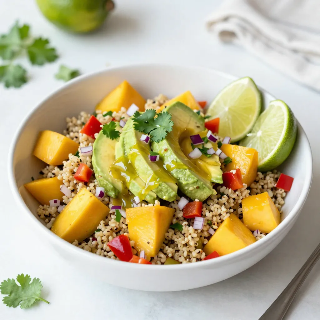 To make this salad, you will need: - 1 cup quinoa, rinsed - 2 cups water - 1 ripe mango, diced - 1 ripe avocado, diced - 1 red bell pepper, diced - 1/4 cup red onion, finely chopped - 1/4 cup fresh cilantro, chopped - 1 lime, juiced - 2 tablespoons olive oil - 1 teaspoon honey (or agave syrup) - Salt and pepper to taste These ingredients create a bright and colorful dish. The quinoa adds a nice base. The mango and avocado bring sweetness and creaminess. The bell pepper and onion give a nice crunch. You might want to try some optional add-ins. They can make the salad even better. Here are some ideas: - Black beans for protein - Corn for a sweet crunch - Jalapeños for heat - Feta cheese for a salty bite Feel free to mix and match these add-ins. They can help you create your perfect salad. This salad is not just tasty; it is also healthy. Here’s a quick look at its benefits: - Quinoa is a great source of protein. - Mango is full of vitamins A and C. - Avocado offers healthy fats. - Bell peppers are high in antioxidants. This salad is a well-rounded meal. It can fill you up without feeling heavy. You can enjoy it as a side or a main dish. {{ingredient_image_1}} To cook quinoa, start with a medium saucepan. Bring 2 cups of water to a boil. Add 1 cup of rinsed quinoa. Lower the heat and cover the pan. Let it simmer for about 15 minutes. The quinoa will become fluffy, and the water will absorb. After cooking, remove it from heat and let it cool. This step is key for a great salad. While the quinoa cools, chop your fresh ingredients. Dice the ripe mango and avocado into small pieces. Next, chop the red bell pepper and finely chop the red onion. Don’t forget to add fresh cilantro as well. These ingredients add color and flavor to your salad. Keep the pieces bite-sized for easy eating. Now, it’s time to mix everything together! In a large bowl, combine the cooled quinoa, diced mango, avocado, bell pepper, red onion, and cilantro. In a small bowl, whisk lime juice, olive oil, honey, salt, and pepper. Pour this dressing over your quinoa mixture. Gently toss everything to combine. Be careful not to mash the avocado or mango. Taste the salad and adjust seasoning if needed. Finally, chill the salad for at least 30 minutes. This helps the flavors blend nicely. To pick a ripe mango, look for one that feels slightly soft when you press it. The skin should have a vibrant color. If it has some dark spots, that's fine; it often means better flavor. For avocados, choose ones that yield to gentle pressure. The skin should be dark green or almost black. Avoid hard avocados; they aren’t ripe. Serve your salad in a big bowl for family meals. For parties, use small bowls for each guest. This salad pairs well with grilled chicken or fish. You can also serve it alongside tortilla chips for a crunchy bite. Garnish with lime wedges and extra cilantro to add flair. To boost flavor, try adding a pinch of chili powder or cumin. These spices add warmth and depth. Fresh herbs like mint or basil can also brighten the dish. If you like a bit of sweetness, drizzle more honey on top. Adjust salt and pepper to your taste for a perfect balance. Pro Tips Choose Ripe Fruits: Ensure your mango and avocado are perfectly ripe for the best flavor and texture. A ripe mango should give slightly when pressed, and an avocado should feel creamy and soft. Rinse Quinoa Properly: Rinse the quinoa under cold water before cooking to remove any bitterness from the saponins, which can affect the taste of your salad. Chill for Flavor: Allowing the salad to chill for at least 30 minutes enhances the flavors as they meld together, making for a more delicious dish. Customize Ingredients: Feel free to add other ingredients like black beans or corn for additional flavor and texture, or swap cilantro for parsley if you prefer. {{image_2}} This salad is naturally vegan and gluten-free, making it a great choice for many diets. Quinoa is a seed, not a grain, so it fits well in gluten-free meals. You can swap honey for agave syrup to keep it vegan. The rest of the ingredients, like avocado and mango, are also plant-based. If you want more protein, consider adding black beans or chickpeas. Both options pair well with the flavors of the salad. You might also try adding grilled chicken or shrimp for a non-vegetarian twist. Each adds its unique flavor while boosting the protein content. Feel free to mix in seasonal ingredients. In summer, add fresh corn or diced cucumber for extra crunch. In fall, try roasted sweet potatoes or butternut squash for warmth. You can even use different herbs like basil or mint for a fresh taste. The salad remains vibrant and tasty with these simple swaps. After enjoying your mango avocado quinoa salad, store leftovers in a sealed container. Make sure to keep it in the fridge. This salad stays fresh for up to three days. If you want to keep it longer, separate the dressing from the salad. This helps keep the salad crisp and tasty. To keep your salad fresh, use ripe fruits. Choose mangoes and avocados that are firm but yield slightly when pressed. If you want to prepare the salad ahead, wait to add the avocado until it’s time to serve. This keeps the avocado from turning brown. You can also sprinkle lime juice on the cut avocado to help it stay green longer. For easy meal prep, cook quinoa in bulk. Store it in the fridge in a sealed container. You can also chop your veggies ahead of time. Keep them in separate containers to keep them fresh. When you're ready to eat, mix everything together and add the dressing. This makes it simple to enjoy your salad all week. Yes, you can make this salad ahead of time. It tastes even better after chilling. Just prepare it, then cover and refrigerate. I suggest letting it chill for at least 30 minutes. This allows the flavors to mix well. If you make it too early, the avocado may brown. To avoid this, add the avocado just before serving. If you want to substitute quinoa, you have a few options. You can use brown rice or farro for a nice texture. Couscous works well too, but it cooks faster. You can also try bulgur wheat, which is quick to prepare. Each substitute has a different taste, so feel free to experiment! Absolutely! This salad is healthy and packed with nutrients. Quinoa provides protein and fiber, which helps you feel full. Mango adds vitamins A and C, while avocado offers healthy fats. The fresh veggies boost your intake of vitamins and minerals. Enjoy this salad as a light meal or a side dish! This blog post covered how to make a tasty Mango Avocado Quinoa Salad. We explored key ingredients, simple steps, and helpful tips. I shared ways to make it both flavorful and healthy, including storage advice and variations. You can adapt the salad based on your tastes and needs. Remember, this dish is not just easy; it’s delicious and nutritious. Enjoy using fresh ingredients to create a salad that brightens any meal. Try it out and make it your own!