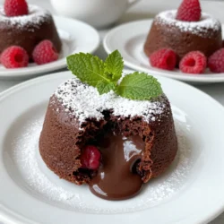 To make chocolate raspberry lava cakes, you need some simple but tasty ingredients. Here’s what you will need: - 1 cup semi-sweet chocolate chips - ½ cup unsalted butter - 2 large eggs - 2 large egg yolks - ½ cup granulated sugar - 1 teaspoon vanilla extract - ¼ cup all-purpose flour - ¼ teaspoon salt - ½ cup fresh raspberries - Powdered sugar for dusting - Fresh mint leaves for garnish (optional) Each ingredient plays a key role in creating a rich and gooey dessert. The semi-sweet chocolate chips give the cakes their deep chocolate flavor. Unsalted butter adds a creamy texture and richness. Eggs and egg yolks help bind the mixture and create a soft center. Granulated sugar adds sweetness, while vanilla extract enhances the chocolate taste. All-purpose flour gives structure, and a pinch of salt balances the flavors. Fresh raspberries provide a burst of tartness, making each bite a delight. Finally, the powdered sugar dusting adds a touch of elegance, and fresh mint leaves can bring a fresh look to your dessert. Each element combines to create an indulgent treat you’ll love to share. {{ingredient_image_1}} First, preheat your oven to 425°F (220°C). This step is key to a successful bake. While the oven heats, grease four 6-ounce ramekins with butter. Then, dust them with cocoa powder. Tap out any extra cocoa powder. This prevents sticking and adds flavor to your cakes. Next, you need to melt the chocolate and butter. Place 1 cup of semi-sweet chocolate chips and ½ cup of unsalted butter in a heatproof bowl. You can do this in the microwave or over a double boiler. Stir until smooth. Once melted, let the mixture cool slightly. Cooling is important, as hot chocolate can cook the eggs later. In a separate bowl, whisk together 2 large eggs, 2 large egg yolks, ½ cup of granulated sugar, and 1 teaspoon of vanilla extract. Mix until combined and slightly frothy. Now, gently fold in the cooled chocolate mixture until well combined. Next, sift in ¼ cup of all-purpose flour and ¼ teaspoon of salt. Fold gently until just mixed. Be careful not to over-mix, as this can make the cakes tough. Now it’s time to assemble. Divide the batter evenly among the prepared ramekins. Press 2-3 fresh raspberries into the center of each ramekin, pushing them slightly into the batter. Place the ramekins on a baking sheet and bake for 12-14 minutes. You want the edges firm but the center soft. Timing is crucial for that perfect lava consistency. When done, let them sit for a minute. Run a knife around the edges, then invert onto plates. Enjoy your warm, gooey treats! - Baking Time Adjustments: Bake your lava cakes for 12 to 14 minutes. If your oven runs hot, check at 12 minutes. If you want a softer center, try 11 minutes. Each oven is unique. - How to Know When the Cakes Are Done: Look for firm edges and soft centers. The sides should look set, while the middle jiggles slightly. This means you have the perfect gooey center. - Presentation Tips for Serving: Serve the lava cakes warm on a nice plate. Dust them with powdered sugar for a sweet touch. Add a sprig of fresh mint for color. - Recommended Accompaniments: A scoop of vanilla ice cream pairs well. Fresh raspberries or strawberries add a nice pop of flavor. You can also drizzle some chocolate sauce on the plate. - Overmixing the Batter: Mix gently when adding flour. Overmixing can make the cakes tough. The batter should be just combined. - Underbaking or Overbaking: Keep an eye on the time. Underbaked cakes won't ooze; overbaked ones will be dry. Follow the timing tips for the best result. Pro Tips Use Quality Chocolate: The flavor of your lava cakes heavily relies on the chocolate you use. Opt for high-quality semi-sweet chocolate chips for the best results. Don’t Overbake: The key to a gooey center is to keep an eye on the baking time. Remove the cakes when the edges are firm, but the center is still slightly jiggly. Cool Slightly Before Serving: Letting the cakes sit for a minute after baking allows them to set slightly, making it easier to invert them without breaking. Enhance with Ice Cream: A scoop of vanilla ice cream not only complements the rich chocolate but also contrasts beautifully with the warm lava cake. {{image_2}} You can change the taste of chocolate raspberry lava cakes by using white chocolate instead of semi-sweet chocolate. This gives a sweet and creamy twist. Simply replace the chocolate chips with an equal amount of white chocolate chips. You can also add different berries for new flavors. Try strawberries or blueberries for a fruity touch. Just mash the berries slightly before adding them to the batter. This step lets their flavor mix well with the chocolate. If you need gluten-free options, use almond flour or coconut flour instead of all-purpose flour. Both options work well in this recipe. They keep the cake moist and rich. For vegan lava cakes, replace eggs with flaxseed meal or applesauce. For each egg, use 1 tablespoon of ground flaxseed mixed with 2.5 tablespoons of water. Let it sit for a few minutes to thicken. Applesauce also works; use 1/4 cup for each egg. Mason jar lava cakes are a fun way to serve these treats. Just layer the batter and raspberries in small jars. Bake them in the jars for a cute presentation. Mini lava cakes are perfect for parties. Use smaller ramekins or muffin tins to create bite-sized desserts. These mini cakes are easy to share and look great on any table. To keep your chocolate raspberry lava cakes fresh, store them in the fridge. Place them in an airtight container. This helps keep them moist. They will stay good for up to two days. Do not cover them with plastic wrap, as this can make them soggy. To reheat your lava cakes, use the oven for the best results. Preheat the oven to 350°F (175°C). Place the cakes on a baking sheet. Heat them for about 10 minutes. This warms the cakes while keeping that gooey center. Avoid using the microwave; it can cook the center too much. Yes, you can freeze lava cakes! First, cool them completely. Wrap each cake tightly in plastic wrap. Then, place them in a freezer bag. They can last for up to three months. When ready to eat, let them thaw in the fridge overnight. Then, reheat as mentioned above. This keeps the soft center nice and warm. To reheat lava cakes, you can use the microwave or the oven. The oven gives the best texture. Preheat it to 350°F (175°C). Place the cakes on a baking sheet and heat for about 5-7 minutes. Check if the center is warm and soft. If using a microwave, heat each cake for about 15-20 seconds. This keeps the lava flow intact. Avoid overheating, as it can cook the center too much. Yes, you can make the batter ahead of time. Mix your ingredients and store the batter in the fridge for up to 24 hours. Just remember to bring it back to room temperature before baking. This method saves you time when you want to serve a warm dessert. It keeps the flavors fresh and delicious. A perfectly cooked lava cake has firm edges with a soft, gooey center. Bake for 12-14 minutes, then check for doneness. If the edges are set but the center jiggles slightly, it's done. If it looks solid all through, it may be overcooked. Timing is key for that lovely molten center. Chocolate lava cakes pair well with vanilla ice cream or whipped cream. The cold creaminess balances the warm, rich cake. You can also serve fresh raspberries or strawberries on the side. A drizzle of raspberry sauce adds a nice touch. Mint leaves as a garnish give a pop of color and flavor. This blog post showed you how to create a delicious chocolate lava cake. You learned about key ingredients, easy steps, and tips for success. Remember, timing is vital for that perfect gooey center. Don't forget to try fun variations, and if you have extras, store or freeze them properly. With these insights, you can impress friends and family with your baking skills. Enjoy making this treat, and let your creativity shine. Happy baking!