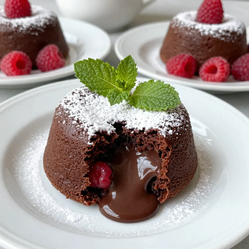 To make chocolate raspberry lava cakes, you need some simple but tasty ingredients. Here’s what you will need: - 1 cup semi-sweet chocolate chips - ½ cup unsalted butter - 2 large eggs - 2 large egg yolks - ½ cup granulated sugar - 1 teaspoon vanilla extract - ¼ cup all-purpose flour - ¼ teaspoon salt - ½ cup fresh raspberries - Powdered sugar for dusting - Fresh mint leaves for garnish (optional) Each ingredient plays a key role in creating a rich and gooey dessert. The semi-sweet chocolate chips give the cakes their deep chocolate flavor. Unsalted butter adds a creamy texture and richness. Eggs and egg yolks help bind the mixture and create a soft center. Granulated sugar adds sweetness, while vanilla extract enhances the chocolate taste. All-purpose flour gives structure, and a pinch of salt balances the flavors. Fresh raspberries provide a burst of tartness, making each bite a delight. Finally, the powdered sugar dusting adds a touch of elegance, and fresh mint leaves can bring a fresh look to your dessert. Each element combines to create an indulgent treat you’ll love to share. {{ingredient_image_1}} First, preheat your oven to 425°F (220°C). This step is key to a successful bake. While the oven heats, grease four 6-ounce ramekins with butter. Then, dust them with cocoa powder. Tap out any extra cocoa powder. This prevents sticking and adds flavor to your cakes. Next, you need to melt the chocolate and butter. Place 1 cup of semi-sweet chocolate chips and ½ cup of unsalted butter in a heatproof bowl. You can do this in the microwave or over a double boiler. Stir until smooth. Once melted, let the mixture cool slightly. Cooling is important, as hot chocolate can cook the eggs later. In a separate bowl, whisk together 2 large eggs, 2 large egg yolks, ½ cup of granulated sugar, and 1 teaspoon of vanilla extract. Mix until combined and slightly frothy. Now, gently fold in the cooled chocolate mixture until well combined. Next, sift in ¼ cup of all-purpose flour and ¼ teaspoon of salt. Fold gently until just mixed. Be careful not to over-mix, as this can make the cakes tough. Now it’s time to assemble. Divide the batter evenly among the prepared ramekins. Press 2-3 fresh raspberries into the center of each ramekin, pushing them slightly into the batter. Place the ramekins on a baking sheet and bake for 12-14 minutes. You want the edges firm but the center soft. Timing is crucial for that perfect lava consistency. When done, let them sit for a minute. Run a knife around the edges, then invert onto plates. Enjoy your warm, gooey treats! - Baking Time Adjustments: Bake your lava cakes for 12 to 14 minutes. If your oven runs hot, check at 12 minutes. If you want a softer center, try 11 minutes. Each oven is unique. - How to Know When the Cakes Are Done: Look for firm edges and soft centers. The sides should look set, while the middle jiggles slightly. This means you have the perfect gooey center. - Presentation Tips for Serving: Serve the lava cakes warm on a nice plate. Dust them with powdered sugar for a sweet touch. Add a sprig of fresh mint for color. - Recommended Accompaniments: A scoop of vanilla ice cream pairs well. Fresh raspberries or strawberries add a nice pop of flavor. You can also drizzle some chocolate sauce on the plate. - Overmixing the Batter: Mix gently when adding flour. Overmixing can make the cakes tough. The batter should be just combined. - Underbaking or Overbaking: Keep an eye on the time. Underbaked cakes won't ooze; overbaked ones will be dry. Follow the timing tips for the best result. Pro Tips Use Quality Chocolate: The flavor of your lava cakes heavily relies on the chocolate you use. Opt for high-quality semi-sweet chocolate chips for the best results. Don’t Overbake: The key to a gooey center is to keep an eye on the baking time. Remove the cakes when the edges are firm, but the center is still slightly jiggly. Cool Slightly Before Serving: Letting the cakes sit for a minute after baking allows them to set slightly, making it easier to invert them without breaking. Enhance with Ice Cream: A scoop of vanilla ice cream not only complements the rich chocolate but also contrasts beautifully with the warm lava cake. {{image_2}} You can change the taste of chocolate raspberry lava cakes by using white chocolate instead of semi-sweet chocolate. This gives a sweet and creamy twist. Simply replace the chocolate chips with an equal amount of white chocolate chips. You can also add different berries for new flavors. Try strawberries or blueberries for a fruity touch. Just mash the berries slightly before adding them to the batter. This step lets their flavor mix well with the chocolate. If you need gluten-free options, use almond flour or coconut flour instead of all-purpose flour. Both options work well in this recipe. They keep the cake moist and rich. For vegan lava cakes, replace eggs with flaxseed meal or applesauce. For each egg, use 1 tablespoon of ground flaxseed mixed with 2.5 tablespoons of water. Let it sit for a few minutes to thicken. Applesauce also works; use 1/4 cup for each egg. Mason jar lava cakes are a fun way to serve these treats. Just layer the batter and raspberries in small jars. Bake them in the jars for a cute presentation. Mini lava cakes are perfect for parties. Use smaller ramekins or muffin tins to create bite-sized desserts. These mini cakes are easy to share and look great on any table. To keep your chocolate raspberry lava cakes fresh, store them in the fridge. Place them in an airtight container. This helps keep them moist. They will stay good for up to two days. Do not cover them with plastic wrap, as this can make them soggy. To reheat your lava cakes, use the oven for the best results. Preheat the oven to 350°F (175°C). Place the cakes on a baking sheet. Heat them for about 10 minutes. This warms the cakes while keeping that gooey center. Avoid using the microwave; it can cook the center too much. Yes, you can freeze lava cakes! First, cool them completely. Wrap each cake tightly in plastic wrap. Then, place them in a freezer bag. They can last for up to three months. When ready to eat, let them thaw in the fridge overnight. Then, reheat as mentioned above. This keeps the soft center nice and warm. To reheat lava cakes, you can use the microwave or the oven. The oven gives the best texture. Preheat it to 350°F (175°C). Place the cakes on a baking sheet and heat for about 5-7 minutes. Check if the center is warm and soft. If using a microwave, heat each cake for about 15-20 seconds. This keeps the lava flow intact. Avoid overheating, as it can cook the center too much. Yes, you can make the batter ahead of time. Mix your ingredients and store the batter in the fridge for up to 24 hours. Just remember to bring it back to room temperature before baking. This method saves you time when you want to serve a warm dessert. It keeps the flavors fresh and delicious. A perfectly cooked lava cake has firm edges with a soft, gooey center. Bake for 12-14 minutes, then check for doneness. If the edges are set but the center jiggles slightly, it's done. If it looks solid all through, it may be overcooked. Timing is key for that lovely molten center. Chocolate lava cakes pair well with vanilla ice cream or whipped cream. The cold creaminess balances the warm, rich cake. You can also serve fresh raspberries or strawberries on the side. A drizzle of raspberry sauce adds a nice touch. Mint leaves as a garnish give a pop of color and flavor. This blog post showed you how to create a delicious chocolate lava cake. You learned about key ingredients, easy steps, and tips for success. Remember, timing is vital for that perfect gooey center. Don't forget to try fun variations, and if you have extras, store or freeze them properly. With these insights, you can impress friends and family with your baking skills. Enjoy making this treat, and let your creativity shine. Happy baking!