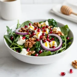 To create the Pomegranate Feta Holiday Salad, you'll need fresh, vibrant ingredients. Here’s what you need: - 4 cups mixed greens (arugula, spinach, and baby kale) - 1 cup pomegranate seeds - 1/2 cup feta cheese, crumbled - 1/2 cup candied walnuts, roughly chopped - 1/4 cup red onion, thinly sliced - 1/3 cup olive oil - 3 tablespoons balsamic vinegar - 1 tablespoon honey - Salt and pepper to taste Using these ingredients will give your salad a great mix of flavors and textures. The mixed greens provide a fresh base. The pomegranate seeds add a sweet burst. Feta cheese brings creaminess, while candied walnuts add crunch. The red onion gives a nice bite, and the dressing ties it all together. Feel free to adjust the amounts to suit your taste. This salad is not just a dish; it’s a celebration of color and flavor. Enjoy the process of making it as much as you enjoy eating it! {{ingredient_image_1}} Start by taking a large salad bowl. Layer the mixed greens evenly. Use arugula, spinach, and baby kale for a tasty mix. Next, scatter the pomegranate seeds over the greens. The juicy seeds add color and a burst of flavor. Now, it's time to add more goodness. Sprinkle the crumbled feta cheese on top. The creamy feta pairs well with the greens. Then, add the roughly chopped candied walnuts. They give a sweet crunch to the salad. Toss the salad gently. This helps mix everything without breaking the feta. For the dressing, grab a small bowl. Whisk together olive oil, balsamic vinegar, honey, salt, and pepper. Mix until it is smooth and well combined. Drizzle the dressing over the salad. Ensure it covers every part of the greens and toppings. Gently toss again to combine all the ingredients. Finally, add thinly sliced red onion on top for extra flavor. Serve the salad right away to enjoy the fresh taste. Choosing fresh ingredients is key. Look for bright greens, firm pomegranate seeds, and creamy feta. Fresh greens should feel crisp and vibrant. Pomegranate seeds should be juicy and plump. Avoid any wilted leaves or dull colors. If you want to make the salad ahead of time, prep the ingredients separately. Keep the dressing in a jar until you are ready to serve. This keeps the greens crisp. You can also slice the red onion early, but store it in water. This helps reduce its sharpness. You can switch up the dressing for new flavors. Try a lemon vinaigrette for a zesty touch. A yogurt-based dressing can add creaminess. Mix and match to suit your taste. For extra crunch and nutrition, consider adding toppings. Sliced apples or pears bring sweetness. Avocado adds creaminess and healthy fats. You could also use pumpkin seeds for a nutty flavor. Pro Tips Fresh Ingredients: Always use the freshest greens and pomegranate seeds for the best flavor and texture in your salad. Homemade Dressing: For an extra touch, try making your own balsamic vinaigrette by adding herbs or garlic to the olive oil and vinegar mixture. Presentation Matters: To make your salad visually appealing, layer the ingredients in a clear bowl so the vibrant colors can shine through. Chill Before Serving: Let the salad sit in the refrigerator for about 10 minutes before serving to enhance the flavors and keep it refreshingly cool. {{image_2}} You can change the nuts or seeds in this salad. Instead of candied walnuts, try pecans or sunflower seeds. Both add great crunch and flavor. You can also use pumpkin seeds for a fun twist. For cheese, feta is tasty, but other options work too. Crumbled goat cheese brings a tangy taste. You can use ricotta for a creamier texture. Vegan cheese is a great choice if you want a plant-based option. Adding citrus fruits can brighten this salad. Try segments of orange or grapefruit for a sweet zing. The juice from these fruits adds a fresh taste. You can also switch up the greens. While mixed greens are great, kale or romaine can create a heartier salad. Spinach adds a soft touch that pairs well with the feta. These changes keep the salad fresh and exciting all year. To keep your Pomegranate Feta Holiday Salad fresh, store leftovers right away. Place the salad in an airtight container. This helps keep it crisp. If you have dressing left, store it separately. This stops the greens from wilting. Use glass or plastic containers for best results. They seal tightly and make it easy to see what’s inside. Consume your salad within three days for the best taste. Check for signs of spoilage before eating. If the greens look brown or slimy, it's time to toss it. The feta may also smell sour if it’s bad. Always trust your senses to keep your meals safe and tasty. Can I make this salad in advance? Yes, you can prep parts of this salad ahead of time. Store the mixed greens and dressing separately. Add the pomegranate seeds, feta, and walnuts just before serving. This keeps the greens crisp and fresh. What can I substitute for feta cheese? If you want a different cheese, try goat cheese or ricotta. For a dairy-free option, use tofu or cashew cheese. Each choice brings a unique flavor to the salad. How can I make the salad vegan? To make this salad vegan, simply leave out the feta cheese. You can add more nuts or seeds for extra protein. A vegan cheese substitute can also work well here. This blog post covered how to create a tasty pomegranate feta salad. We discussed the fresh ingredients you'll need and how to prepare them. You learned step-by-step instructions for assembling the salad and making the dressing. I also shared tips for keeping your salad fresh and variations to suit your taste. Overall, this salad is fun and easy to make. Enjoy it for lunch or dinner. You can experiment with different flavors while keeping it simple. A healthy salad can be your go-to meal!