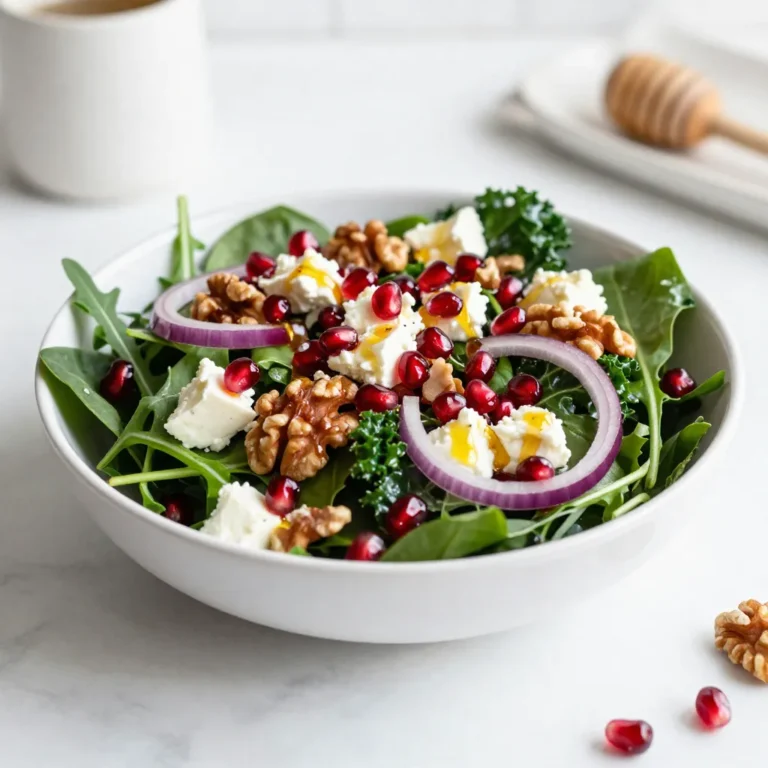 To create the Pomegranate Feta Holiday Salad, you'll need fresh, vibrant ingredients. Here’s what you need: - 4 cups mixed greens (arugula, spinach, and baby kale) - 1 cup pomegranate seeds - 1/2 cup feta cheese, crumbled - 1/2 cup candied walnuts, roughly chopped - 1/4 cup red onion, thinly sliced - 1/3 cup olive oil - 3 tablespoons balsamic vinegar - 1 tablespoon honey - Salt and pepper to taste Using these ingredients will give your salad a great mix of flavors and textures. The mixed greens provide a fresh base. The pomegranate seeds add a sweet burst. Feta cheese brings creaminess, while candied walnuts add crunch. The red onion gives a nice bite, and the dressing ties it all together. Feel free to adjust the amounts to suit your taste. This salad is not just a dish; it’s a celebration of color and flavor. Enjoy the process of making it as much as you enjoy eating it! {{ingredient_image_1}} Start by taking a large salad bowl. Layer the mixed greens evenly. Use arugula, spinach, and baby kale for a tasty mix. Next, scatter the pomegranate seeds over the greens. The juicy seeds add color and a burst of flavor. Now, it's time to add more goodness. Sprinkle the crumbled feta cheese on top. The creamy feta pairs well with the greens. Then, add the roughly chopped candied walnuts. They give a sweet crunch to the salad. Toss the salad gently. This helps mix everything without breaking the feta. For the dressing, grab a small bowl. Whisk together olive oil, balsamic vinegar, honey, salt, and pepper. Mix until it is smooth and well combined. Drizzle the dressing over the salad. Ensure it covers every part of the greens and toppings. Gently toss again to combine all the ingredients. Finally, add thinly sliced red onion on top for extra flavor. Serve the salad right away to enjoy the fresh taste. Choosing fresh ingredients is key. Look for bright greens, firm pomegranate seeds, and creamy feta. Fresh greens should feel crisp and vibrant. Pomegranate seeds should be juicy and plump. Avoid any wilted leaves or dull colors. If you want to make the salad ahead of time, prep the ingredients separately. Keep the dressing in a jar until you are ready to serve. This keeps the greens crisp. You can also slice the red onion early, but store it in water. This helps reduce its sharpness. You can switch up the dressing for new flavors. Try a lemon vinaigrette for a zesty touch. A yogurt-based dressing can add creaminess. Mix and match to suit your taste. For extra crunch and nutrition, consider adding toppings. Sliced apples or pears bring sweetness. Avocado adds creaminess and healthy fats. You could also use pumpkin seeds for a nutty flavor. Pro Tips Fresh Ingredients: Always use the freshest greens and pomegranate seeds for the best flavor and texture in your salad. Homemade Dressing: For an extra touch, try making your own balsamic vinaigrette by adding herbs or garlic to the olive oil and vinegar mixture. Presentation Matters: To make your salad visually appealing, layer the ingredients in a clear bowl so the vibrant colors can shine through. Chill Before Serving: Let the salad sit in the refrigerator for about 10 minutes before serving to enhance the flavors and keep it refreshingly cool. {{image_2}} You can change the nuts or seeds in this salad. Instead of candied walnuts, try pecans or sunflower seeds. Both add great crunch and flavor. You can also use pumpkin seeds for a fun twist. For cheese, feta is tasty, but other options work too. Crumbled goat cheese brings a tangy taste. You can use ricotta for a creamier texture. Vegan cheese is a great choice if you want a plant-based option. Adding citrus fruits can brighten this salad. Try segments of orange or grapefruit for a sweet zing. The juice from these fruits adds a fresh taste. You can also switch up the greens. While mixed greens are great, kale or romaine can create a heartier salad. Spinach adds a soft touch that pairs well with the feta. These changes keep the salad fresh and exciting all year. To keep your Pomegranate Feta Holiday Salad fresh, store leftovers right away. Place the salad in an airtight container. This helps keep it crisp. If you have dressing left, store it separately. This stops the greens from wilting. Use glass or plastic containers for best results. They seal tightly and make it easy to see what’s inside. Consume your salad within three days for the best taste. Check for signs of spoilage before eating. If the greens look brown or slimy, it's time to toss it. The feta may also smell sour if it’s bad. Always trust your senses to keep your meals safe and tasty. Can I make this salad in advance? Yes, you can prep parts of this salad ahead of time. Store the mixed greens and dressing separately. Add the pomegranate seeds, feta, and walnuts just before serving. This keeps the greens crisp and fresh. What can I substitute for feta cheese? If you want a different cheese, try goat cheese or ricotta. For a dairy-free option, use tofu or cashew cheese. Each choice brings a unique flavor to the salad. How can I make the salad vegan? To make this salad vegan, simply leave out the feta cheese. You can add more nuts or seeds for extra protein. A vegan cheese substitute can also work well here. This blog post covered how to create a tasty pomegranate feta salad. We discussed the fresh ingredients you'll need and how to prepare them. You learned step-by-step instructions for assembling the salad and making the dressing. I also shared tips for keeping your salad fresh and variations to suit your taste. Overall, this salad is fun and easy to make. Enjoy it for lunch or dinner. You can experiment with different flavors while keeping it simple. A healthy salad can be your go-to meal!