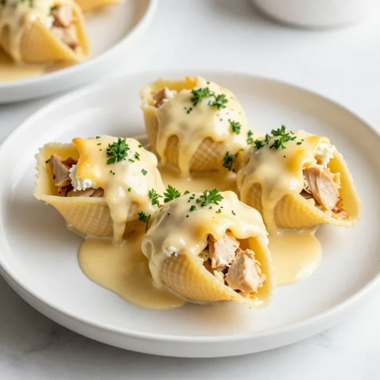 Here’s what you need for your savory chicken Alfredo stuffed shells: - 12 jumbo pasta shells - 2 cups cooked chicken, diced - 1 cup ricotta cheese - 1 cup mozzarella cheese, shredded - 1/2 cup Parmesan cheese, grated - 1 cup Alfredo sauce (store-bought or homemade) - 1 teaspoon garlic powder - 1 teaspoon Italian seasoning - Salt and pepper to taste - Fresh parsley for garnish Each ingredient plays a role in making these shells rich and creamy. The jumbo pasta shells are perfect for holding the filling. Cooked chicken gives a nice protein boost. Ricotta, mozzarella, and Parmesan create a creamy texture and great flavor. The Alfredo sauce ties everything together with its rich, buttery taste. Garlic powder and Italian seasoning add depth, while salt and pepper bring balance. Finally, fresh parsley adds a pop of color and freshness on top. Enjoy gathering your ingredients! {{ingredient_image_1}} First, you need to preheat your oven to 375°F (190°C). This step is key to getting a nice, bubbly top on your dish. Next, boil 12 jumbo pasta shells according to the package instructions until they are just al dente. This means they should still have a little bite to them. Once they are done, drain the shells and set them aside. Make sure they don’t stick together. In a large mixing bowl, combine 2 cups of cooked, diced chicken, 1 cup of ricotta cheese, and half of the mozzarella cheese. You will also need 1/2 cup of grated Parmesan cheese. Add 1 teaspoon of garlic powder, 1 teaspoon of Italian seasoning, and season with salt and pepper to taste. Mix all these ingredients until they are well blended. This filling is creamy, cheesy, and full of flavor. Start by spreading a thin layer of Alfredo sauce on the bottom of your baking dish. This helps keep the shells from sticking. Now, carefully stuff each cooked shell with your chicken and cheese mixture. Place them in the baking dish in a single layer. Once all the shells are stuffed, pour the remaining Alfredo sauce over the top. Finally, sprinkle the rest of the mozzarella cheese evenly over the sauce. Cover the dish with aluminum foil, making sure it is sealed tight. Bake for 25 minutes. After that, remove the foil and bake for another 10 to 15 minutes. This will let the cheese get bubbly and slightly golden. When done, take the dish out of the oven and let it cool for a few minutes. Garnish with freshly chopped parsley before serving. Enjoy your savory chicken Alfredo stuffed shells! - Achieving perfect al dente shells: Cook the jumbo pasta shells for one to two minutes less than the package says. This keeps them firm. Drain and rinse them with cold water to stop cooking. - Ensuring even filling distribution: Use a small spoon to fill each shell. Make sure to pack the filling in well. This helps every bite taste great. - Garnishing choices: Use fresh parsley for color and taste. You can also sprinkle some extra Parmesan for a nice touch. - Serving accompaniments, like garlic bread: Pair the stuffed shells with warm garlic bread. This adds a nice crunch and flavor to the meal. - Overcooked shells solutions: If your shells are too soft, try not to cook them as long next time. You can also let them cool before filling. This helps them hold shape. - Fixing runny filling: If your filling is too runny, add more ricotta cheese or some breadcrumbs. This can help thicken it up. Pro Tips Don’t Overcook the Pasta: Boil the shells until they are just al dente, as they will continue to cook in the oven and become mushy if overcooked. Customize Your Filling: Feel free to add vegetables like spinach or mushrooms to the chicken and cheese mixture for added flavor and nutrition. Make Ahead: These stuffed shells can be assembled ahead of time and stored in the fridge, making them a great option for meal prep. Use Fresh Herbs: Garnishing with fresh parsley or basil not only adds a pop of color but also enhances the flavor profile of the dish. {{image_2}} You can swap cheese to match your taste. Try using feta or goat cheese for a tangy twist. If you want a lighter filling, cottage cheese works well too. For the chicken, use rotisserie chicken for a quick option. Turkey also makes a good choice if you prefer a leaner meat. To make this dish lower in calories, use low-fat cheese and a light Alfredo sauce. You can also add Greek yogurt for creaminess without the extra fat. If you're gluten-free, look for gluten-free pasta shells. They work just as well and taste great. Adding veggies boosts flavor and nutrition. Spinach adds a nice color and taste. Mushrooms give a hearty texture. You can also spice things up with red pepper flakes or Italian herbs. Adjust the heat based on your preference to make it just right for you. To store leftover stuffed shells, let them cool first. Place them in a container with a lid. Make sure the lid fits tightly to keep them fresh. You can use glass or plastic containers. These keep the shells safe and tasty for up to three days in the fridge. To prep for freezing, first, let the stuffed shells cool. Arrange them in a single layer on a baking sheet. Cover them with foil and freeze for about two hours. Once frozen, transfer them to a freezer-safe bag. This helps save space and keeps them fresh for up to three months. To thaw, move them to the fridge overnight for the best quality. For reheating, you can use an oven or a microwave. If you choose the oven, preheat it to 350°F (175°C). Place the stuffed shells in a baking dish and cover with foil. This keeps them moist. Heat for about 20 minutes. For the microwave, place a few shells on a plate and cover them with a damp paper towel. Heat for about two minutes, checking them often. This helps retain their texture. Enjoy your meal warm and delicious! Can I use store-bought Alfredo sauce? Yes, you can use store-bought Alfredo sauce. It saves time and still tastes great. Just pour it over the shells before baking. I often keep a jar handy for quick meals. How long can I store leftovers? You can store leftovers in the fridge for up to three days. Make sure to cover them tightly. This helps keep them fresh and safe to eat later. Can I prepare these shells ahead of time? Absolutely! You can prepare the shells a day in advance. Just stuff them, cover, and store in the fridge. Bake them when you are ready to eat. This makes dinner planning easier! What sides go well with chicken Alfredo stuffed shells? I love serving garlic bread with these shells. A simple side salad is also great. You can add roasted veggies for extra flavor and color. These sides balance the rich taste of the dish. You now have a complete guide to making delicious Chicken Alfredo Stuffed Shells. We covered the ingredients and walked through every step, from cooking to baking. I shared tips to ensure perfect shells and provided ideas for variations and storage. Use this dish to impress family and friends. Don't hesitate to try different flavors or health options. Enjoy your meal and make it a memorable feast!