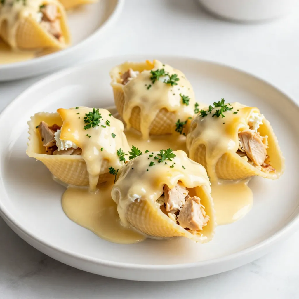 Here’s what you need for your savory chicken Alfredo stuffed shells: - 12 jumbo pasta shells - 2 cups cooked chicken, diced - 1 cup ricotta cheese - 1 cup mozzarella cheese, shredded - 1/2 cup Parmesan cheese, grated - 1 cup Alfredo sauce (store-bought or homemade) - 1 teaspoon garlic powder - 1 teaspoon Italian seasoning - Salt and pepper to taste - Fresh parsley for garnish Each ingredient plays a role in making these shells rich and creamy. The jumbo pasta shells are perfect for holding the filling. Cooked chicken gives a nice protein boost. Ricotta, mozzarella, and Parmesan create a creamy texture and great flavor. The Alfredo sauce ties everything together with its rich, buttery taste. Garlic powder and Italian seasoning add depth, while salt and pepper bring balance. Finally, fresh parsley adds a pop of color and freshness on top. Enjoy gathering your ingredients! {{ingredient_image_1}} First, you need to preheat your oven to 375°F (190°C). This step is key to getting a nice, bubbly top on your dish. Next, boil 12 jumbo pasta shells according to the package instructions until they are just al dente. This means they should still have a little bite to them. Once they are done, drain the shells and set them aside. Make sure they don’t stick together. In a large mixing bowl, combine 2 cups of cooked, diced chicken, 1 cup of ricotta cheese, and half of the mozzarella cheese. You will also need 1/2 cup of grated Parmesan cheese. Add 1 teaspoon of garlic powder, 1 teaspoon of Italian seasoning, and season with salt and pepper to taste. Mix all these ingredients until they are well blended. This filling is creamy, cheesy, and full of flavor. Start by spreading a thin layer of Alfredo sauce on the bottom of your baking dish. This helps keep the shells from sticking. Now, carefully stuff each cooked shell with your chicken and cheese mixture. Place them in the baking dish in a single layer. Once all the shells are stuffed, pour the remaining Alfredo sauce over the top. Finally, sprinkle the rest of the mozzarella cheese evenly over the sauce. Cover the dish with aluminum foil, making sure it is sealed tight. Bake for 25 minutes. After that, remove the foil and bake for another 10 to 15 minutes. This will let the cheese get bubbly and slightly golden. When done, take the dish out of the oven and let it cool for a few minutes. Garnish with freshly chopped parsley before serving. Enjoy your savory chicken Alfredo stuffed shells! - Achieving perfect al dente shells: Cook the jumbo pasta shells for one to two minutes less than the package says. This keeps them firm. Drain and rinse them with cold water to stop cooking. - Ensuring even filling distribution: Use a small spoon to fill each shell. Make sure to pack the filling in well. This helps every bite taste great. - Garnishing choices: Use fresh parsley for color and taste. You can also sprinkle some extra Parmesan for a nice touch. - Serving accompaniments, like garlic bread: Pair the stuffed shells with warm garlic bread. This adds a nice crunch and flavor to the meal. - Overcooked shells solutions: If your shells are too soft, try not to cook them as long next time. You can also let them cool before filling. This helps them hold shape. - Fixing runny filling: If your filling is too runny, add more ricotta cheese or some breadcrumbs. This can help thicken it up. Pro Tips Don’t Overcook the Pasta: Boil the shells until they are just al dente, as they will continue to cook in the oven and become mushy if overcooked. Customize Your Filling: Feel free to add vegetables like spinach or mushrooms to the chicken and cheese mixture for added flavor and nutrition. Make Ahead: These stuffed shells can be assembled ahead of time and stored in the fridge, making them a great option for meal prep. Use Fresh Herbs: Garnishing with fresh parsley or basil not only adds a pop of color but also enhances the flavor profile of the dish. {{image_2}} You can swap cheese to match your taste. Try using feta or goat cheese for a tangy twist. If you want a lighter filling, cottage cheese works well too. For the chicken, use rotisserie chicken for a quick option. Turkey also makes a good choice if you prefer a leaner meat. To make this dish lower in calories, use low-fat cheese and a light Alfredo sauce. You can also add Greek yogurt for creaminess without the extra fat. If you're gluten-free, look for gluten-free pasta shells. They work just as well and taste great. Adding veggies boosts flavor and nutrition. Spinach adds a nice color and taste. Mushrooms give a hearty texture. You can also spice things up with red pepper flakes or Italian herbs. Adjust the heat based on your preference to make it just right for you. To store leftover stuffed shells, let them cool first. Place them in a container with a lid. Make sure the lid fits tightly to keep them fresh. You can use glass or plastic containers. These keep the shells safe and tasty for up to three days in the fridge. To prep for freezing, first, let the stuffed shells cool. Arrange them in a single layer on a baking sheet. Cover them with foil and freeze for about two hours. Once frozen, transfer them to a freezer-safe bag. This helps save space and keeps them fresh for up to three months. To thaw, move them to the fridge overnight for the best quality. For reheating, you can use an oven or a microwave. If you choose the oven, preheat it to 350°F (175°C). Place the stuffed shells in a baking dish and cover with foil. This keeps them moist. Heat for about 20 minutes. For the microwave, place a few shells on a plate and cover them with a damp paper towel. Heat for about two minutes, checking them often. This helps retain their texture. Enjoy your meal warm and delicious! Can I use store-bought Alfredo sauce? Yes, you can use store-bought Alfredo sauce. It saves time and still tastes great. Just pour it over the shells before baking. I often keep a jar handy for quick meals. How long can I store leftovers? You can store leftovers in the fridge for up to three days. Make sure to cover them tightly. This helps keep them fresh and safe to eat later. Can I prepare these shells ahead of time? Absolutely! You can prepare the shells a day in advance. Just stuff them, cover, and store in the fridge. Bake them when you are ready to eat. This makes dinner planning easier! What sides go well with chicken Alfredo stuffed shells? I love serving garlic bread with these shells. A simple side salad is also great. You can add roasted veggies for extra flavor and color. These sides balance the rich taste of the dish. You now have a complete guide to making delicious Chicken Alfredo Stuffed Shells. We covered the ingredients and walked through every step, from cooking to baking. I shared tips to ensure perfect shells and provided ideas for variations and storage. Use this dish to impress family and friends. Don't hesitate to try different flavors or health options. Enjoy your meal and make it a memorable feast!