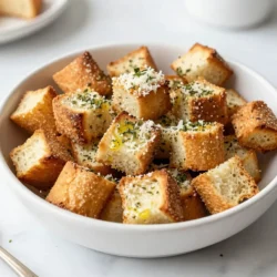 To make Parmesan Herb Air Fryer Croutons, you need a few simple items. Gather these ingredients before you start: - 4 cups of stale bread (baguette or ciabatta), cubed - 1/4 cup olive oil - 1/2 cup grated Parmesan cheese - 2 teaspoons garlic powder - 1 teaspoon dried oregano - 1 teaspoon dried thyme - 1 teaspoon dried parsley - Salt and pepper to taste Stale bread works best for croutons. It holds up well during cooking. Fresh bread may become soggy. Olive oil adds flavor and helps the croutons crisp up. Grated Parmesan gives a rich, cheesy taste. The garlic powder, oregano, thyme, and parsley bring in great herb flavors. Salt and pepper enhance all the tastes. These ingredients combine to create crunchy, tasty croutons. You can use them in salads, soups, or as a snack. {{ingredient_image_1}} First, set your air fryer to 375°F (190°C). This step is key for crisping the croutons. Preheating the air fryer helps to cook them evenly. Next, take 4 cups of stale bread, like baguette or ciabatta. Cut it into cubes. In a large bowl, pour in 1/4 cup of olive oil. Toss the bread cubes well to coat them. Now, add 1/2 cup of grated Parmesan cheese, 2 teaspoons of garlic powder, 1 teaspoon of dried oregano, 1 teaspoon of dried thyme, and 1 teaspoon of dried parsley. Don't forget salt and pepper to taste! Toss everything again until the bread cubes are covered in the cheese and herbs. Now, place the bread cubes into the air fryer basket. Spread them in a single layer. Do not overcrowd the basket; this ensures they crisp up nicely. If you have too many, do it in batches. Air fry the croutons for about 8-10 minutes. Shake the basket halfway through cooking. This step helps them cook evenly. Keep an eye on them. You want them golden brown and crispy, not burnt! Once they are done, take them out and let them cool. Enjoy your crunchy, flavorful croutons on salads or soups! To make croutons that are crunchy and golden, timing is key. Keep an eye on your croutons while they cook. Check them around the 8-minute mark. If they look golden, they are likely done. If they need more time, shake the basket and return them to the fryer for a few more minutes. Adjusting seasoning levels can also help with crispiness. If you like a stronger flavor, add more garlic powder or herbs. This extra flavor can make your croutons even better, enhancing the taste of your salads and soups. Overcrowding the air fryer is a common mistake. When you place too many bread cubes in the basket, they don’t cook evenly. This can lead to some croutons being soft while others are crispy. Aim for a single layer, and if needed, cook in batches. Choosing the right type of bread matters too. Use stale baguette or ciabatta for the best results. These types hold up well in the air fryer and create a nice crunch. Fresh bread can get too chewy, which is not what you want for croutons. Pro Tips Use a Variety of Bread: Different types of stale bread, like sourdough or whole grain, can add unique flavors and textures to your croutons. Customize Your Seasoning: Feel free to experiment with different herbs and spices like basil, rosemary, or paprika to match your dish. Ensure Even Cooking: Shake the air fryer basket halfway through cooking to ensure that all sides of the croutons get crispy. Storage Tips: Keep croutons in an airtight container at room temperature to maintain their crunchiness for up to a week. {{image_2}} You can switch up the cheese for fun. Try using cheddar, gouda, or feta. Each cheese adds a unique taste. Mix and match to find your favorite. You can also add spices. For a kick, try chili powder or smoked paprika. Herbs like basil or rosemary can change the flavor too. Get creative and make it your own! If you don't have an air fryer, you can still make croutons. Baking them in the oven is easy. Preheat your oven to 375°F (190°C). Spread the bread cubes on a baking sheet. Drizzle with olive oil and toss with seasoning. Bake for 10-15 minutes, stirring halfway through. Watch closely to prevent burning. You can also make croutons on the stovetop. Heat a skillet over medium heat. Add olive oil and bread cubes. Stir often until they turn golden brown. This method gives a nice crunch too. Enjoy experimenting! To keep your croutons fresh, use an airtight container. This helps lock in flavor and crunch. Store them at room temperature. They can last up to a week this way. If you want them to stay fresh longer, you can freeze them. Just make sure they are in a sealed bag or container. Frozen croutons can last for about three months. When you want some, simply thaw them at room temperature before use. Croutons taste best when they are crispy. To reheat them, use an air fryer at 350°F (175°C). Heat them for about three to five minutes. This will restore their crunch. You can also use an oven. Spread the croutons on a baking sheet and heat at 350°F (175°C) for the same time. Watch them closely so they do not burn. Enjoy your croutons warm and crispy! You can easily make croutons in the oven. First, preheat your oven to 375°F (190°C). Cube the stale bread just as you would for the air fryer. Then, mix the bread with olive oil, cheese, and herbs in a bowl. Spread the bread cubes on a baking sheet in a single layer. Bake for about 10-15 minutes, stirring halfway through. Keep an eye on them so they do not burn. This method gives you a nice crunch too! Using fresh bread is okay, but stale bread works best. Stale bread has less moisture, which helps it get crispy. If you only have fresh bread, cut it into cubes and let it sit out for a few hours to dry. You can also toast it lightly before mixing with the oil and seasonings. This way, you still get that lovely crunch in your croutons. Homemade croutons last up to a week when stored properly. Keep them in an airtight container to maintain freshness. If you want them to last longer, consider freezing them. Just place them in a freezer bag, and they can last for up to a month. When you want to use them, just thaw and reheat in the air fryer or oven for that crunchy texture again. Making homemade croutons is simple and fun. We covered the best ingredients, steps, and tips. You learned how to achieve the perfect crispiness and avoid common mistakes. Plus, we explored tasty variations and storage methods for your croutons. Remember, using stale bread and the right seasonings makes a real difference. With these tips, your croutons will be a hit in salads and soups. Enjoy your cooking adventure!