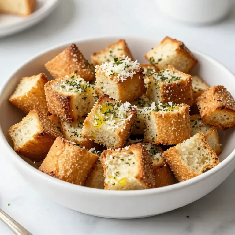 To make Parmesan Herb Air Fryer Croutons, you need a few simple items. Gather these ingredients before you start: - 4 cups of stale bread (baguette or ciabatta), cubed - 1/4 cup olive oil - 1/2 cup grated Parmesan cheese - 2 teaspoons garlic powder - 1 teaspoon dried oregano - 1 teaspoon dried thyme - 1 teaspoon dried parsley - Salt and pepper to taste Stale bread works best for croutons. It holds up well during cooking. Fresh bread may become soggy. Olive oil adds flavor and helps the croutons crisp up. Grated Parmesan gives a rich, cheesy taste. The garlic powder, oregano, thyme, and parsley bring in great herb flavors. Salt and pepper enhance all the tastes. These ingredients combine to create crunchy, tasty croutons. You can use them in salads, soups, or as a snack. {{ingredient_image_1}} First, set your air fryer to 375°F (190°C). This step is key for crisping the croutons. Preheating the air fryer helps to cook them evenly. Next, take 4 cups of stale bread, like baguette or ciabatta. Cut it into cubes. In a large bowl, pour in 1/4 cup of olive oil. Toss the bread cubes well to coat them. Now, add 1/2 cup of grated Parmesan cheese, 2 teaspoons of garlic powder, 1 teaspoon of dried oregano, 1 teaspoon of dried thyme, and 1 teaspoon of dried parsley. Don't forget salt and pepper to taste! Toss everything again until the bread cubes are covered in the cheese and herbs. Now, place the bread cubes into the air fryer basket. Spread them in a single layer. Do not overcrowd the basket; this ensures they crisp up nicely. If you have too many, do it in batches. Air fry the croutons for about 8-10 minutes. Shake the basket halfway through cooking. This step helps them cook evenly. Keep an eye on them. You want them golden brown and crispy, not burnt! Once they are done, take them out and let them cool. Enjoy your crunchy, flavorful croutons on salads or soups! To make croutons that are crunchy and golden, timing is key. Keep an eye on your croutons while they cook. Check them around the 8-minute mark. If they look golden, they are likely done. If they need more time, shake the basket and return them to the fryer for a few more minutes. Adjusting seasoning levels can also help with crispiness. If you like a stronger flavor, add more garlic powder or herbs. This extra flavor can make your croutons even better, enhancing the taste of your salads and soups. Overcrowding the air fryer is a common mistake. When you place too many bread cubes in the basket, they don’t cook evenly. This can lead to some croutons being soft while others are crispy. Aim for a single layer, and if needed, cook in batches. Choosing the right type of bread matters too. Use stale baguette or ciabatta for the best results. These types hold up well in the air fryer and create a nice crunch. Fresh bread can get too chewy, which is not what you want for croutons. Pro Tips Use a Variety of Bread: Different types of stale bread, like sourdough or whole grain, can add unique flavors and textures to your croutons. Customize Your Seasoning: Feel free to experiment with different herbs and spices like basil, rosemary, or paprika to match your dish. Ensure Even Cooking: Shake the air fryer basket halfway through cooking to ensure that all sides of the croutons get crispy. Storage Tips: Keep croutons in an airtight container at room temperature to maintain their crunchiness for up to a week. {{image_2}} You can switch up the cheese for fun. Try using cheddar, gouda, or feta. Each cheese adds a unique taste. Mix and match to find your favorite. You can also add spices. For a kick, try chili powder or smoked paprika. Herbs like basil or rosemary can change the flavor too. Get creative and make it your own! If you don't have an air fryer, you can still make croutons. Baking them in the oven is easy. Preheat your oven to 375°F (190°C). Spread the bread cubes on a baking sheet. Drizzle with olive oil and toss with seasoning. Bake for 10-15 minutes, stirring halfway through. Watch closely to prevent burning. You can also make croutons on the stovetop. Heat a skillet over medium heat. Add olive oil and bread cubes. Stir often until they turn golden brown. This method gives a nice crunch too. Enjoy experimenting! To keep your croutons fresh, use an airtight container. This helps lock in flavor and crunch. Store them at room temperature. They can last up to a week this way. If you want them to stay fresh longer, you can freeze them. Just make sure they are in a sealed bag or container. Frozen croutons can last for about three months. When you want some, simply thaw them at room temperature before use. Croutons taste best when they are crispy. To reheat them, use an air fryer at 350°F (175°C). Heat them for about three to five minutes. This will restore their crunch. You can also use an oven. Spread the croutons on a baking sheet and heat at 350°F (175°C) for the same time. Watch them closely so they do not burn. Enjoy your croutons warm and crispy! You can easily make croutons in the oven. First, preheat your oven to 375°F (190°C). Cube the stale bread just as you would for the air fryer. Then, mix the bread with olive oil, cheese, and herbs in a bowl. Spread the bread cubes on a baking sheet in a single layer. Bake for about 10-15 minutes, stirring halfway through. Keep an eye on them so they do not burn. This method gives you a nice crunch too! Using fresh bread is okay, but stale bread works best. Stale bread has less moisture, which helps it get crispy. If you only have fresh bread, cut it into cubes and let it sit out for a few hours to dry. You can also toast it lightly before mixing with the oil and seasonings. This way, you still get that lovely crunch in your croutons. Homemade croutons last up to a week when stored properly. Keep them in an airtight container to maintain freshness. If you want them to last longer, consider freezing them. Just place them in a freezer bag, and they can last for up to a month. When you want to use them, just thaw and reheat in the air fryer or oven for that crunchy texture again. Making homemade croutons is simple and fun. We covered the best ingredients, steps, and tips. You learned how to achieve the perfect crispiness and avoid common mistakes. Plus, we explored tasty variations and storage methods for your croutons. Remember, using stale bread and the right seasonings makes a real difference. With these tips, your croutons will be a hit in salads and soups. Enjoy your cooking adventure!