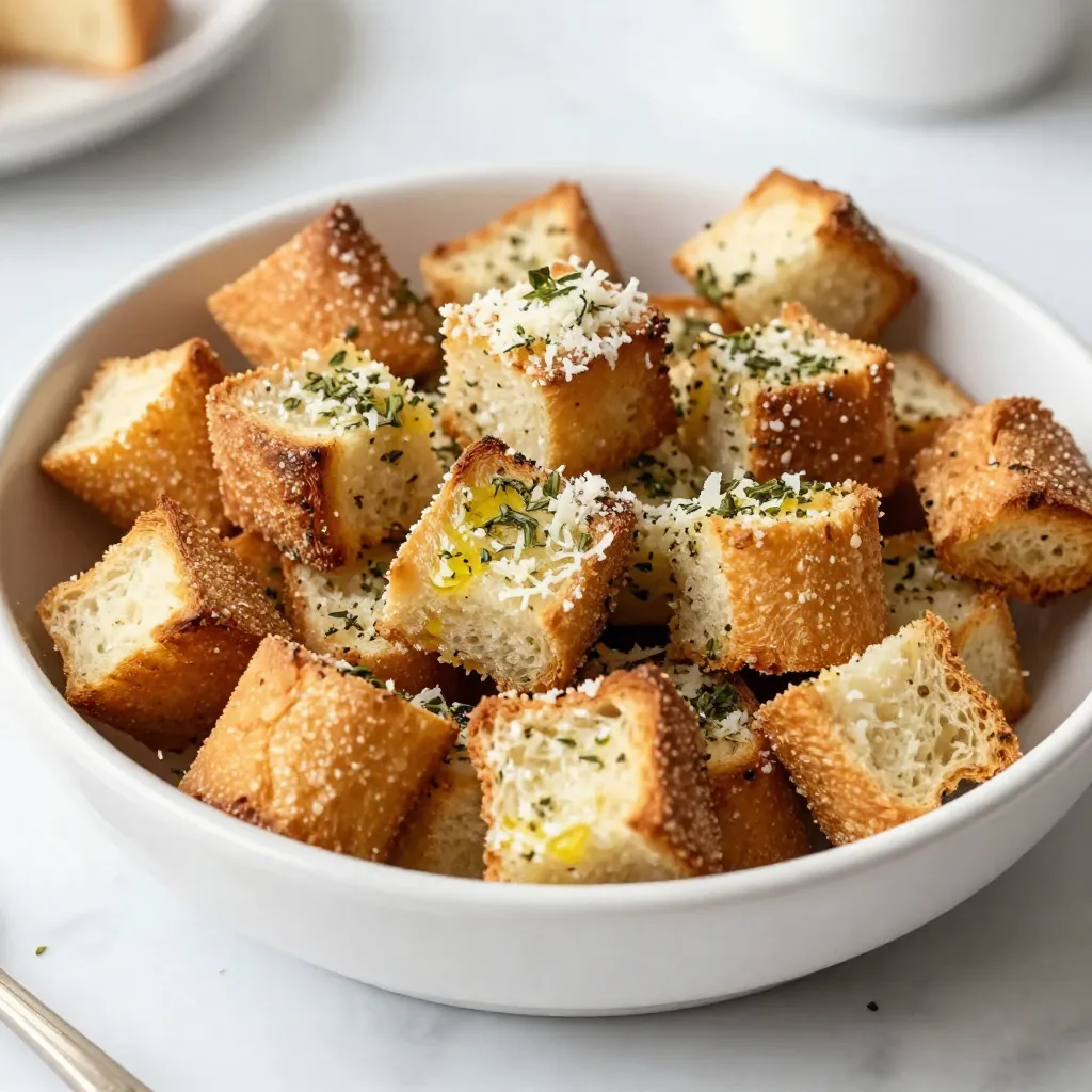 To make Parmesan Herb Air Fryer Croutons, you need a few simple items. Gather these ingredients before you start: - 4 cups of stale bread (baguette or ciabatta), cubed - 1/4 cup olive oil - 1/2 cup grated Parmesan cheese - 2 teaspoons garlic powder - 1 teaspoon dried oregano - 1 teaspoon dried thyme - 1 teaspoon dried parsley - Salt and pepper to taste Stale bread works best for croutons. It holds up well during cooking. Fresh bread may become soggy. Olive oil adds flavor and helps the croutons crisp up. Grated Parmesan gives a rich, cheesy taste. The garlic powder, oregano, thyme, and parsley bring in great herb flavors. Salt and pepper enhance all the tastes. These ingredients combine to create crunchy, tasty croutons. You can use them in salads, soups, or as a snack. {{ingredient_image_1}} First, set your air fryer to 375°F (190°C). This step is key for crisping the croutons. Preheating the air fryer helps to cook them evenly. Next, take 4 cups of stale bread, like baguette or ciabatta. Cut it into cubes. In a large bowl, pour in 1/4 cup of olive oil. Toss the bread cubes well to coat them. Now, add 1/2 cup of grated Parmesan cheese, 2 teaspoons of garlic powder, 1 teaspoon of dried oregano, 1 teaspoon of dried thyme, and 1 teaspoon of dried parsley. Don't forget salt and pepper to taste! Toss everything again until the bread cubes are covered in the cheese and herbs. Now, place the bread cubes into the air fryer basket. Spread them in a single layer. Do not overcrowd the basket; this ensures they crisp up nicely. If you have too many, do it in batches. Air fry the croutons for about 8-10 minutes. Shake the basket halfway through cooking. This step helps them cook evenly. Keep an eye on them. You want them golden brown and crispy, not burnt! Once they are done, take them out and let them cool. Enjoy your crunchy, flavorful croutons on salads or soups! To make croutons that are crunchy and golden, timing is key. Keep an eye on your croutons while they cook. Check them around the 8-minute mark. If they look golden, they are likely done. If they need more time, shake the basket and return them to the fryer for a few more minutes. Adjusting seasoning levels can also help with crispiness. If you like a stronger flavor, add more garlic powder or herbs. This extra flavor can make your croutons even better, enhancing the taste of your salads and soups. Overcrowding the air fryer is a common mistake. When you place too many bread cubes in the basket, they don’t cook evenly. This can lead to some croutons being soft while others are crispy. Aim for a single layer, and if needed, cook in batches. Choosing the right type of bread matters too. Use stale baguette or ciabatta for the best results. These types hold up well in the air fryer and create a nice crunch. Fresh bread can get too chewy, which is not what you want for croutons. Pro Tips Use a Variety of Bread: Different types of stale bread, like sourdough or whole grain, can add unique flavors and textures to your croutons. Customize Your Seasoning: Feel free to experiment with different herbs and spices like basil, rosemary, or paprika to match your dish. Ensure Even Cooking: Shake the air fryer basket halfway through cooking to ensure that all sides of the croutons get crispy. Storage Tips: Keep croutons in an airtight container at room temperature to maintain their crunchiness for up to a week. {{image_2}} You can switch up the cheese for fun. Try using cheddar, gouda, or feta. Each cheese adds a unique taste. Mix and match to find your favorite. You can also add spices. For a kick, try chili powder or smoked paprika. Herbs like basil or rosemary can change the flavor too. Get creative and make it your own! If you don't have an air fryer, you can still make croutons. Baking them in the oven is easy. Preheat your oven to 375°F (190°C). Spread the bread cubes on a baking sheet. Drizzle with olive oil and toss with seasoning. Bake for 10-15 minutes, stirring halfway through. Watch closely to prevent burning. You can also make croutons on the stovetop. Heat a skillet over medium heat. Add olive oil and bread cubes. Stir often until they turn golden brown. This method gives a nice crunch too. Enjoy experimenting! To keep your croutons fresh, use an airtight container. This helps lock in flavor and crunch. Store them at room temperature. They can last up to a week this way. If you want them to stay fresh longer, you can freeze them. Just make sure they are in a sealed bag or container. Frozen croutons can last for about three months. When you want some, simply thaw them at room temperature before use. Croutons taste best when they are crispy. To reheat them, use an air fryer at 350°F (175°C). Heat them for about three to five minutes. This will restore their crunch. You can also use an oven. Spread the croutons on a baking sheet and heat at 350°F (175°C) for the same time. Watch them closely so they do not burn. Enjoy your croutons warm and crispy! You can easily make croutons in the oven. First, preheat your oven to 375°F (190°C). Cube the stale bread just as you would for the air fryer. Then, mix the bread with olive oil, cheese, and herbs in a bowl. Spread the bread cubes on a baking sheet in a single layer. Bake for about 10-15 minutes, stirring halfway through. Keep an eye on them so they do not burn. This method gives you a nice crunch too! Using fresh bread is okay, but stale bread works best. Stale bread has less moisture, which helps it get crispy. If you only have fresh bread, cut it into cubes and let it sit out for a few hours to dry. You can also toast it lightly before mixing with the oil and seasonings. This way, you still get that lovely crunch in your croutons. Homemade croutons last up to a week when stored properly. Keep them in an airtight container to maintain freshness. If you want them to last longer, consider freezing them. Just place them in a freezer bag, and they can last for up to a month. When you want to use them, just thaw and reheat in the air fryer or oven for that crunchy texture again. Making homemade croutons is simple and fun. We covered the best ingredients, steps, and tips. You learned how to achieve the perfect crispiness and avoid common mistakes. Plus, we explored tasty variations and storage methods for your croutons. Remember, using stale bread and the right seasonings makes a real difference. With these tips, your croutons will be a hit in salads and soups. Enjoy your cooking adventure!