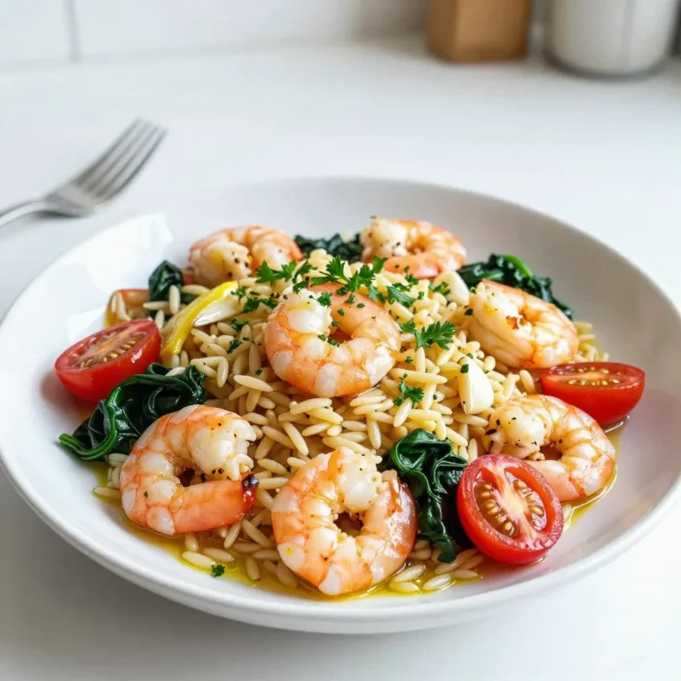 - 8 oz orzo pasta - 1 lb shrimp, peeled and deveined - 4 cloves garlic, minced - 1 lemon (juiced and zested) - 1 cup cherry tomatoes, halved - 2 cups spinach, roughly chopped - 3 tablespoons olive oil - Salt and pepper to taste - Fresh parsley, chopped for garnish Lemon Garlic Shrimp Orzo is simple yet full of flavor. You start with orzo pasta. It cooks quickly and has a nice texture. I love using shrimp because it cooks fast and tastes amazing. You want fresh shrimp, so look for pink ones that smell like the sea. Garlic adds a strong taste that blends well with the lemon. For the extra ingredients, I like juicy cherry tomatoes. They burst with flavor in the heat. Spinach gives a pop of color and nutrition. Lemon juice and zest bring brightness to the dish. When it comes to seasoning, I always use olive oil. It adds richness without being heavy. Don’t forget salt and pepper; they enhance all the flavors. Fresh parsley adds a nice touch at the end. It’s all about balance and freshness in this dish. Each ingredient plays a role. Enjoy the process of cooking this tasty meal! {{ingredient_image_1}} - Start by boiling a large pot of salted water. - Add 8 oz of orzo pasta and cook until al dente. - Reserve 1/2 cup of pasta water before draining. - Heat 2 tablespoons of olive oil in a large skillet. - Add 1 lb of peeled and deveined shrimp. - Season with salt and pepper. - Cook for 2-3 minutes on each side until shrimp turns pink and opaque. - Remove the shrimp from the skillet and set aside. - In the same skillet, add 1 tablespoon of olive oil and 4 minced garlic cloves. - Sauté for about 1 minute until the garlic smells fragrant. - Add 1 cup of halved cherry tomatoes and cook for 3-4 minutes until soft. - Stir in 2 cups of roughly chopped spinach and cook until wilted. - Add the cooked orzo to the skillet, mixing well. - Pour in the juice and zest of 1 lemon. - Add a splash of the reserved pasta water to mix everything together. - Fold the cooked shrimp back into the mixture. - Heat through for another minute. - Adjust the seasoning with salt and pepper to taste. To cook shrimp just right, watch for a few signs. Fresh shrimp turns pink and opaque when they’re done. They should curl slightly but not be tight. If they are rubbery, you cooked them too long. Common mistakes to avoid include overcooking and not seasoning enough. Always season with salt and pepper before cooking. This simple step adds great flavor. To boost flavor, consider adding spices like paprika or red pepper flakes. Herbs like basil or dill also work well. They add depth and freshness to the dish. Balancing acidity with lemon is key. The lemon juice brightens flavors. Use the zest for an extra punch. This adds a lovely aroma and taste. To avoid mushy pasta, always cook orzo until al dente. This means it should have a slight bite to it. Stir the orzo while it cooks, so it doesn’t stick together. When to drain orzo? Drain it right after cooking. Reserve some pasta water to help mix everything later. This water adds starch, which helps the sauce cling to the orzo. Pro Tips Fresh Shrimp: Use fresh or high-quality frozen shrimp for the best flavor and texture. Reserved Pasta Water: Don't forget to reserve pasta water; it helps to create a creamy sauce and enhances flavor. Customize Veggies: Feel free to add or substitute your favorite vegetables like zucchini or bell peppers for extra nutrition. Lemon Zest: For a more intense lemon flavor, add extra lemon zest before serving. {{image_2}} If you want to switch up the shrimp, you have options. You can use chicken breast, cut into small pieces. Cook it the same way as shrimp. For a seafood twist, try scallops or crab meat. Both add a nice flavor. If you prefer a vegetarian meal, chickpeas work well. They add protein and texture. Tofu is another great choice. Use firm tofu and sauté until crispy for more flavor. You can add many vegetables to this dish. Zucchini, bell peppers, or asparagus mix well. Just chop them into bite-sized pieces. Sauté them with garlic for a tasty addition. Seasonal veggies also work great. In spring, add peas or snap peas. During summer, fresh corn and green beans shine. These add color and crunch to your meal. To switch up the citrus flavor, use limes or oranges. They add a different zest to the dish. If you want a bit of spice, consider red pepper flakes or cayenne pepper. Just a pinch can bring a nice kick. Another option is to add fresh herbs. Basil or cilantro can brighten the dish. Experiment with these ideas to find your favorite mix. To keep your Lemon Garlic Shrimp Orzo fresh, store it in an airtight container. Make sure it cools down before sealing. This will help retain its taste and texture. Place the container in the fridge. It can stay good for up to three days. For best results, avoid mixing in any extra sauce until you reheat. You can freeze Lemon Garlic Shrimp Orzo for longer storage. First, let it cool completely. Then, scoop it into freezer-safe bags or containers. Remove as much air as you can before sealing. It can last up to three months in the freezer. When you are ready to eat it, thaw it overnight in the fridge. To reheat, warm it in a pan on low heat. Add a splash of water or broth to help it along. In the fridge, Lemon Garlic Shrimp Orzo lasts about three days. Look for signs of spoilage. If it smells sour or has a strange color, it is time to toss it. Fresh food should always look bright and smell good. If you see mold or an off texture, don’t eat it. Always trust your senses! You can pair Lemon Garlic Shrimp Orzo with a fresh side salad. A simple green salad with mixed greens and a light vinaigrette works well. Grilled vegetables also make a great side. For drinks, try a crisp white wine like Sauvignon Blanc. It complements the lemon and shrimp flavors nicely. If you prefer non-alcoholic options, a sparkling water with lemon fits perfectly. Yes, you can prepare this dish ahead of time. Cook the orzo and shrimp separately. Store them in airtight containers in the fridge. You can mix them with veggies and lemon juice before serving. If you make it the night before, just reheat gently. Use medium heat to warm it up on the stove. Add a splash of reserved pasta water to keep it moist. Orzo is not gluten-free as it is made from wheat. However, there are gluten-free orzo options available. Look for brands that use rice or corn flour. If you need a gluten-free alternative, try quinoa or rice. Both options work well in this recipe and keep the dish tasty. In this post, we explored the vibrant Lemon Garlic Shrimp Orzo. We covered key ingredients like shrimp, orzo, and garlic. I shared step-by-step cooking methods and tips for perfect results. You can mix in different proteins and veggies for variety. Remember to store leftovers properly to keep them fresh. Enjoy making this dish your own with personal touches!