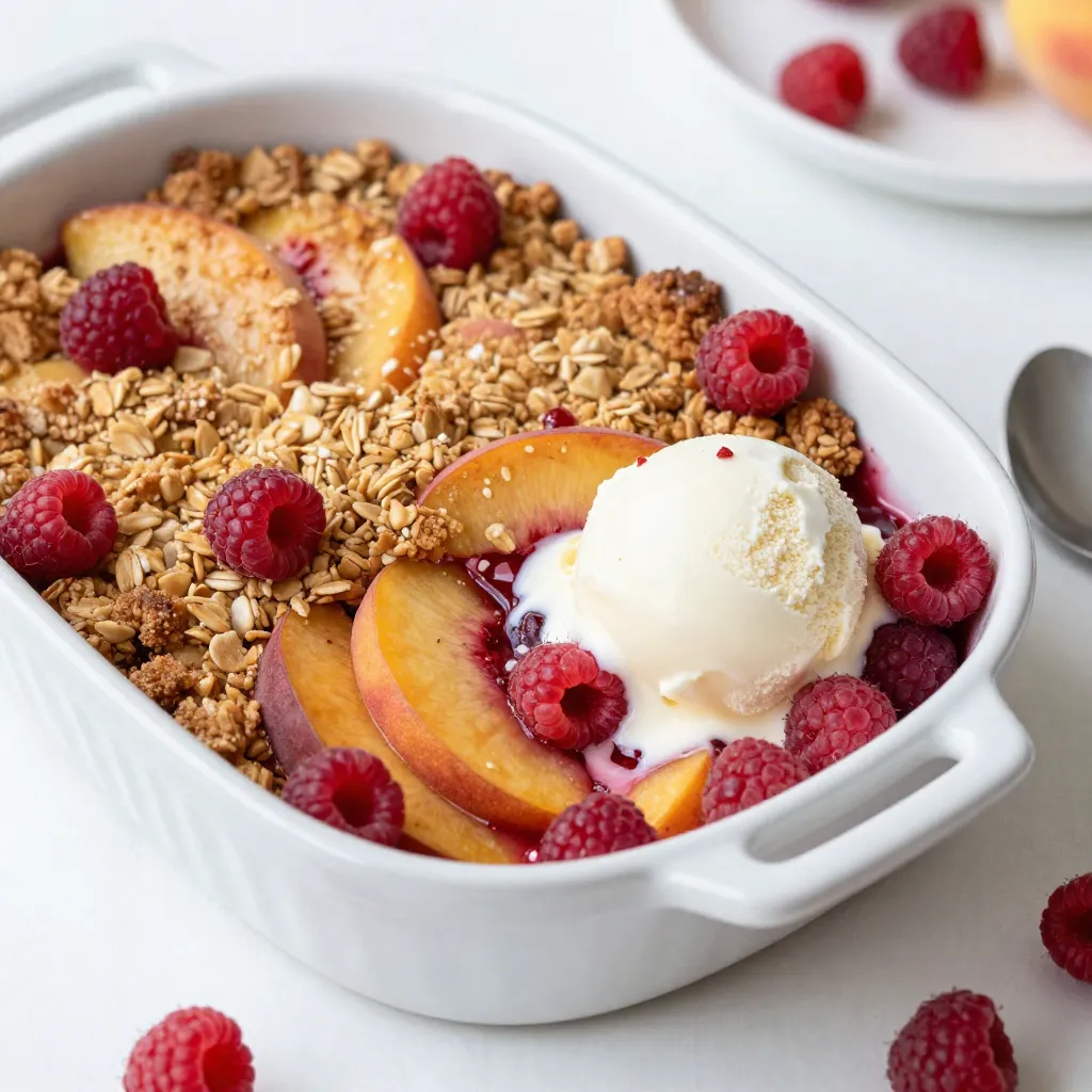 - 4 ripe peaches, peeled and sliced - 1 cup fresh raspberries - 1/2 cup granulated sugar - 1 teaspoon vanilla extract - 1 teaspoon lemon juice - 1 cup rolled oats - 1 cup all-purpose flour - 1/2 cup brown sugar - 1/2 teaspoon cinnamon - 1/4 teaspoon salt - 1/2 cup unsalted butter, melted The key to a great Peach Raspberry Crisp is using fresh, ripe fruit. I love using peaches that are juicy and sweet. They give the crisp a lovely flavor. Raspberries add a tart touch that balances the sweetness. You can find these fruits during summer, making this dessert perfect for the season. The sugar helps sweeten the fruit mixture. It also brings out the natural juices of the peaches and raspberries. Vanilla extract adds a warm flavor that blends perfectly with the fruit. Lemon juice brightens the dish, enhancing the fruit's taste. For the crispy topping, rolled oats give that delightful crunch. All-purpose flour holds everything together. Brown sugar adds a rich, caramel note, while cinnamon and salt enhance the flavors. The melted butter brings it all together, making a crumbly topping that bakes beautifully. - Vanilla ice cream - Fresh raspberries for garnish Serving this crisp warm with vanilla ice cream is a game-changer. The cold ice cream melts into the warm fruit topping. Fresh raspberries on top add a pop of color and flavor. This simple touch makes the dish even more inviting. {{ingredient_image_1}} - Preheat the oven to 350°F (175°C). - Prepare the baking dish by greasing it. - Combine sliced peaches and raspberries in a large bowl. - Add sugar, vanilla extract, and lemon juice, then gently mix. - Transfer fruit mixture to the baking dish. - Mix rolled oats, flour, brown sugar, cinnamon, and salt in another bowl. - Pour in melted butter and combine until crumbly. - Sprinkle topping over the fruit mixture. - Bake for 30-35 minutes. - Check for golden brown top and bubbly fruit. - Let cool before serving. This method ensures you get a crisp that is both sweet and tart. The peaches bring a lovely softness, while the raspberries add a nice zing. Each layer builds flavor and texture. Enjoy the fresh taste of summer in every bite! - Use ripe peaches for optimal sweetness. Ripe peaches make the dish taste better. - Adjust sugar based on fruit ripeness. Too sweet fruit needs less sugar. - Mix dry ingredients thoroughly for even topping. This helps the crisp bake evenly. - Serve warm with vanilla ice cream. The cold ice cream pairs nicely with warm crisp. - Add fresh raspberries as garnish. They add color and flavor to your dish. - Drizzle with honey or caramel for extra sweetness. This makes every bite more special. These tips will help you create a Peach Raspberry Crisp that shines at any summer gathering. Enjoy each bite! Pro Tips Fresh Fruit is Best: Use ripe, seasonal peaches and fresh raspberries for optimal flavor and sweetness. Customize the Crisp Topping: Feel free to add nuts or seeds to the topping for added crunch and nutrition. Serve with Ice Cream: A scoop of vanilla ice cream complements the warm crisp perfectly and adds a delightful creaminess. Store Properly: Store leftovers in an airtight container in the fridge for up to 3 days. Reheat in the oven for the best texture. {{image_2}} You can have fun with different fruits in your crisp. - Substitute peaches with nectarines or plums for a unique twist. - Incorporate blueberries or strawberries for a mixed berry crisp that bursts with flavor. These changes keep the dessert fresh and exciting. Each fruit brings its own taste and texture, making your crisp special every time. Want a healthier option? You can make a few simple swaps. - Use whole wheat flour instead of all-purpose flour. This adds fiber and nutrients. - Substitute coconut oil for butter to make it dairy-free. This also adds a nice flavor. These changes do not sacrifice taste. They help you enjoy your dessert while feeling good about what you eat. To take your crisp to the next level, try these flavor boosts. - Add a pinch of nutmeg to the topping for warmth and spice. - Mix in chopped nuts or seeds for added crunch and nutrition. These enhancements make your Peach Raspberry Crisp even more delicious. They add layers of flavor and texture that everyone will love. Store your peach raspberry crisp in an airtight container at room temperature. It stays fresh for up to 2 days. This is a great way to enjoy it right after baking. You can refrigerate the crisp for up to a week. This method keeps it cool and tasty. If you want to save it longer, freeze the crisp. Use a freezer-safe container and it will last up to 3 months. Just remember to label the container with the date. When you want to enjoy your crisp again, reheat it in the oven at 350°F. This warms it up nicely. If you're in a hurry, you can use the microwave. Heat in short intervals to avoid overcooking. Yes, you can prepare and refrigerate it before baking. This saves time on busy days. Just cover it well. When ready, bake it straight from the fridge. Serve warm, ideally with ice cream or whipped cream. The cold cream balances the warm crisp. You can also add fresh raspberries on top for color. Yes, but adjust baking time and sugar. Frozen fruit tends to be sweeter. You may need less sugar. Also, check the crisp a few minutes early. The top should be golden brown, and the fruit should be bubbling around the edges. This shows the fruit is cooked and the topping is crisp. This blog post covered the rich flavors of Peach Raspberry Crisp. We explored key ingredients, easy steps, and creative tips. You learned how to mix fresh fruit with a crumble topping, bake it to perfection, and even store leftovers. Remember, using ripe fruit and experimenting with flavors can make this dessert your own. Serve it warm with ice cream, and enjoy every bite safely. Happy baking and savoring!