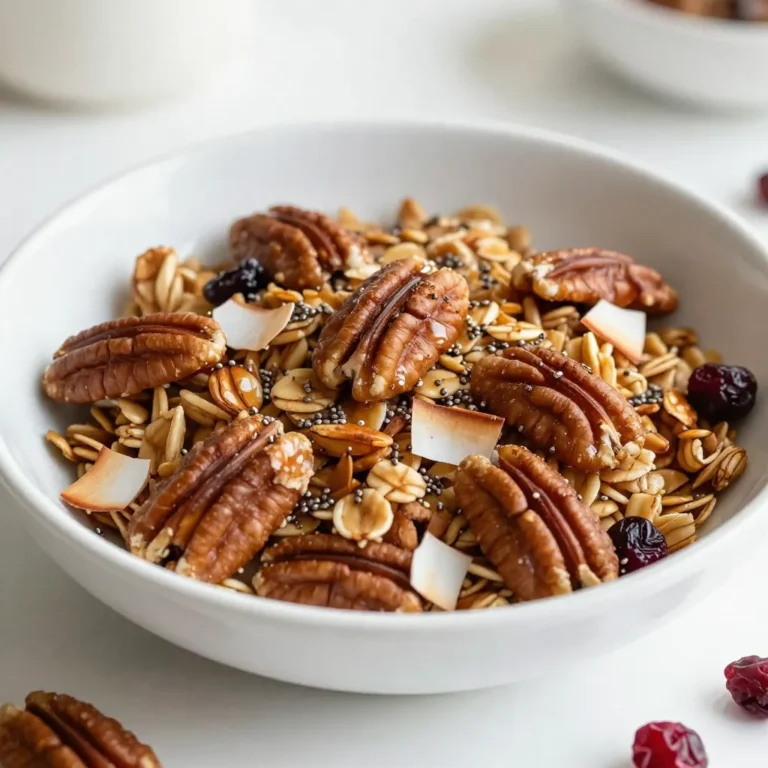 For the Maple Pecan Granola Clusters, you will need: - 2 cups rolled oats - 1 cup pecans, roughly chopped - 1/2 cup unsweetened coconut flakes - 1/4 cup chia seeds - 1/2 teaspoon cinnamon - 1/4 teaspoon salt - 1/2 cup pure maple syrup - 1/4 cup coconut oil, melted - 1 teaspoon vanilla extract These main ingredients come together to create a crunchy and tasty snack. You can also add some fun extras to your granola: - 1/2 cup dried cranberries or raisins These add a sweet touch and chewy texture. You can mix and match to find your favorite combos. This granola is not just delicious; it offers great nutrition. Here are some highlights: - Rolled oats provide fiber and help with digestion. - Pecans are rich in healthy fats and protein. - Chia seeds offer omega-3 fatty acids and antioxidants. - Maple syrup adds natural sweetness and minerals. These ingredients make it a healthy choice for breakfast or snacks. {{ingredient_image_1}} Start by gathering all your ingredients. You need rolled oats, chopped pecans, coconut flakes, chia seeds, cinnamon, salt, maple syrup, melted coconut oil, vanilla extract, and optional dried cranberries. This recipe is easy and fun to make. 1. Preheat the Oven: Set your oven to 350°F (175°C). This step is key for baking. 2. Mix Dry Ingredients: In a big bowl, combine rolled oats, chopped pecans, coconut flakes, chia seeds, cinnamon, and salt. Stir well to blend. 3. Combine Wet Ingredients: In another bowl, whisk together maple syrup, melted coconut oil, and vanilla extract. Mix until they are smooth. 4. Mix Together: Pour the wet mix into the dry mix. Stir until every piece is coated. 5. Add Extras: If you want, fold in dried cranberries or raisins for sweetness. This makes the clusters even tastier. 6. Spread the Mixture: Place the granola mix on a baking sheet lined with parchment paper. Press the mix down gently to form clusters. Bake the granola for 15-20 minutes until it turns golden brown. Stir halfway through to ensure even baking. Once it’s done, take it out and let it cool completely on the baking sheet. As it cools, it will harden and form nice clusters. When it’s cool, break the granola into clusters and store them in an airtight container. Enjoy your crunchy treat! To get those perfect crunchy clusters, you must press the granola mix firmly on the baking sheet. This helps the oats stick together while baking. Make sure to spread it evenly, but do not overmix or stir once it's on the sheet. Halfway through baking, gently stir to ensure even browning, but avoid breaking the clusters apart. Store your maple pecan granola clusters in an airtight container. Glass jars or plastic containers work well. Make sure they seal tightly to keep the granola fresh. You can also use resealable bags if you prefer. Always label your containers with the date to track freshness. You can enjoy these clusters in many ways. Top your yogurt with granola for a tasty breakfast. Add them to smoothie bowls for extra crunch. They also make a great snack on their own. For something sweet, mix in some dark chocolate chips or fresh fruit. These clusters can brighten any meal! Pro Tips Choose Fresh Ingredients: Always opt for fresh, high-quality oats and nuts to enhance the flavor and crunch of your granola. Customize Your Sweetness: Adjust the amount of maple syrup based on your preference or experiment with other natural sweeteners like honey or agave. Clusters Formation: Press the mixture down firmly on the baking sheet to achieve well-formed clusters; this helps them stick together while baking. Storage Tips: Store granola in an airtight container at room temperature to maintain its crispness and freshness for up to two weeks. {{image_2}} You can switch out pecans for other nuts. Almonds, walnuts, or hazelnuts work great too. Each nut brings its own flavor and texture. If you prefer, try using a mix of nuts. This adds variety and crunch to your granola. Just chop them roughly, like you do with pecans. Want to amp up the flavor? You can add a few extras! Try mixing in some seeds, like pumpkin or sunflower seeds. They add a nice crunch and healthy fats. Dried fruits like cranberries or raisins also fit well here. They bring sweetness and chewiness to every bite. You can even toss in some dark chocolate chips for a sweet twist. If you want to change the sweet taste, you can use different sweeteners. Agave nectar or honey can replace maple syrup. They bring a different flavor but still taste great. You can also try using brown sugar for a richer taste. Just be sure to adjust the amounts so the granola stays sticky and clumpy. To keep your maple pecan granola clusters fresh, use an airtight container. Glass jars work well, but plastic containers are fine too. Make sure the clusters cool completely before you store them. This prevents moisture and keeps them crunchy. If you want to keep them extra fresh, add a piece of parchment paper inside the container. This helps absorb any moisture. Stored properly, your granola clusters will last about two weeks at room temperature. If you want to keep them longer, you can freeze them. Place the clusters in a freezer-safe bag. Remove as much air as possible before sealing. They can stay fresh in the freezer for up to three months. Just remember to label the bag with the date. If you want to enjoy warm granola clusters, you can reheat them. Preheat your oven to 300°F (150°C). Spread the clusters on a baking sheet lined with parchment paper. Heat for about 5 to 10 minutes, or until warm. This will help restore some crunch, making them taste fresh again. Avoid using a microwave, as it can make them soft and chewy. Yes, you can use quick oats in this recipe. Quick oats will make your granola softer. Rolled oats give a chewier texture. If you choose quick oats, adjust the baking time slightly. Keep an eye on them to avoid burning. To make clusters stick, you need enough moisture. Ensure you mix the wet ingredients well. The maple syrup and coconut oil help bind the oats and nuts. When spreading the mixture, press it down firmly on the baking sheet. This helps create bigger clusters as it bakes. Yes, this recipe can be gluten-free. Just ensure your oats are labeled gluten-free. Oats are naturally gluten-free, but they may be processed in facilities with gluten. Check for certified gluten-free oats to be safe. Otherwise, all other ingredients are gluten-free. In this blog post, we explored how to make delicious granola clusters. We covered key ingredients and optional add-ins, highlighting nutritional benefits. I shared step-by-step instructions for baking and cooling. You learned tips for perfect clusters, storage, and serving ideas. We discussed tasty variations and answered common questions. To sum up, making granola clusters is easy and fun. It allows you to customize flavors and textures. Enjoy your granola creations for snacks or breakfast!