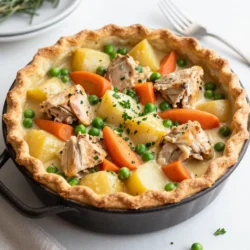 - 1 lb boneless, skinless chicken thighs, diced - 1 cup carrots, diced - 1 cup frozen peas - 1 cup potatoes, diced - 1 medium onion, chopped - 2 cloves garlic, minced - 4 cups chicken broth - 1 cup milk - 1/3 cup all-purpose flour - 1 teaspoon dried thyme - 1 teaspoon dried rosemary - Salt and pepper to taste - 2 tablespoons olive oil - 1 cup refrigerated pie crust dough (or homemade) - Fresh parsley for garnish I love using chicken thighs for this dish. They stay juicy and tender. You can mix different vegetables too, like corn or green beans. It makes the pot pie colorful and fun. - Alternative toppings: Try puff pastry instead of pie crust for a flakier top. - Add-ins for extra flavor: You can add a splash of white wine or some cheese for creaminess. Feel free to get creative! A sprinkle of cheese can add a nice touch, and some herbs can brighten up the flavor. - Skillet - Measuring cups and spoons - Knife and chopping board You need a good, sturdy skillet for this recipe. It helps to have sharp knives and reliable measuring cups too. This makes cooking smooth and easy. {{ingredient_image_1}} - Heat 2 tablespoons of olive oil in a large skillet over medium heat. - Season 1 pound of diced chicken thighs with salt and pepper. - Add the chicken to the skillet. Cook for about 5-7 minutes. - Stir until the chicken is no longer pink. Remove the chicken and set it aside. - In the same skillet, add 1 chopped onion and 2 minced garlic cloves. - Sauté for about 3 minutes until the onion turns translucent. - Next, add 1 cup of diced carrots and 1 cup of diced potatoes. - Cook these for another 5 minutes, stirring occasionally. - Return the cooked chicken to the skillet. - Sprinkle 1/3 cup of all-purpose flour over the mixture and stir well. - Gradually pour in 4 cups of chicken broth and 1 cup of milk. - Stir constantly until the mixture thickens, which takes about 3-4 minutes. - Add 1 cup of frozen peas, 1 teaspoon of dried thyme, and 1 teaspoon of dried rosemary. - Stir to combine and let the mixture simmer for another 3 minutes. - Preheat your oven to 400°F (200°C). - Roll out 1 cup of refrigerated pie crust dough. - Place the crust over the chicken filling in the skillet. - Press the edges down to seal, and cut a few slits in the top for steam. - Bake in the oven for 20-25 minutes until the crust is golden brown. - Let it cool for a few minutes before serving. Garnish with fresh parsley for a nice touch. To get a flaky crust, you want to keep it cold. Chill your pie crust before using it. This helps create those lovely layers. You can also brush the top with milk before baking. This gives it a nice golden color. Adjusting seasoning to taste is key. Start with salt and pepper. After adding your herbs, taste the filling. If it needs more flavor, add a bit more salt or herbs. Trust your palate. Using pre-chopped vegetables can save you a lot of time. Many stores offer diced onions, carrots, or even mixed vegetables. This lets you skip the chopping and jump right to cooking. Choosing store-bought pie crust also cuts down on prep time. These crusts come ready to use. They still taste great and help you get dinner on the table faster. For garnishing ideas, I recommend using freshly chopped parsley. It adds a nice pop of color and freshness. You can sprinkle it on top just before serving. When serving, use a large spoon to scoop out the pie. This allows the filling to show. Pair it with a simple salad for a balanced meal. Enjoy your cozy dish! Pro Tips Use Thighs for Juiciness: Chicken thighs are more flavorful and juicier than breasts, making them perfect for pot pie. Customize Vegetables: Feel free to add your favorite vegetables like corn or green beans for extra flavor and nutrition. Thicken with Flour: Ensure to sprinkle the flour evenly and stir well to avoid lumps in your filling. Golden Crust Trick: Brush the crust with an egg wash before baking for a beautifully golden finish. {{image_2}} You can easily adjust the recipe for different diets. For a gluten-free crust, try using almond flour or a gluten-free pie crust mix. This will keep the flavors while making it safe for those with gluten issues. If you're looking for dairy-free options, consider using coconut milk instead of regular milk. It adds a nice flavor and keeps the dish creamy. You can enhance the taste in many ways. Adding fresh herbs like basil or tarragon can brighten the dish. You can also try different spices, such as paprika or curry powder, for a unique twist. If you want to change up the protein, you can use turkey, beef, or even mushrooms for a vegetarian option. Each choice gives you a new flavor experience. Seasonal vegetables can make your pot pie even better. In spring, add asparagus or snap peas. In fall, sweet potatoes and butternut squash work great. For special occasions, you can adapt the recipe for holidays. Try adding cranberry sauce for a festive touch at Thanksgiving or serve with a side salad for a bright summer meal. These changes keep the dish fresh and exciting throughout the year. To store leftovers, let the pot pie cool first. Then, cover it tightly with plastic wrap or place it in an airtight container. It will stay fresh for up to three days in the fridge. When you want to reheat it, set your oven to 350°F (175°C). Bake it for about 15-20 minutes. This keeps the crust crispy and the filling warm. If you want to freeze the pot pie, let it cool completely. Then, wrap it tightly in plastic wrap and aluminum foil to keep air out. It can last for up to three months in the freezer. When you're ready to enjoy it, move it to the fridge to thaw overnight. Reheat it in the oven at 350°F (175°C) for 25-30 minutes until heated through. Understanding how long the chicken pot pie lasts is key. In the fridge, it stays good for about three days. In the freezer, it lasts up to three months. Look for signs of spoilage like a sour smell or changes in texture. If it looks or smells off, it's best to toss it. You can use chicken breasts or ground chicken. Both options work well. Chicken breasts are leaner. Ground chicken cooks quickly, but it may be less juicy. For a different taste, try turkey or even canned chicken. These options keep the dish tasty and comforting. Yes, homemade broth adds great flavor. It often has more depth than store-bought. You can control the salt and ingredients in your broth. Making broth with leftover bones or veggies helps reduce waste. It’s also healthier and often cheaper in the long run. Serve your pot pie with a fresh side salad. A simple green salad pairs well. You might also enjoy steamed vegetables or crusty bread. These sides add a nice crunch and balance to the creamy filling. Check the crust for a golden color. If it's brown and flaky, it’s ready. You can also poke through the slits made in the crust. If the filling bubbles and steams, it’s a good sign. Let it cool before serving to avoid burns. In this article, we covered how to make a delicious one-skillet chicken pot pie. We went over the main and optional ingredients, the necessary equipment, and the step-by-step cooking process. I shared valuable tips to enhance flavor and presentation. You can also customize the dish with dietary options and learn how to store leftovers properly. Remember, cooking should be enjoyable. With this recipe, you can impress anyone at your table. Try it out and make this pot pie your own!