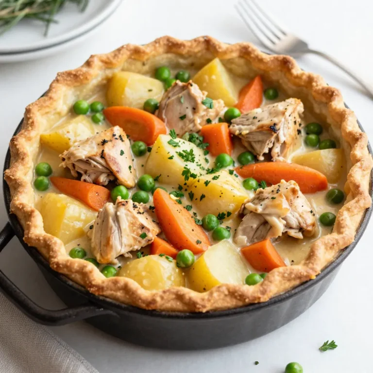 - 1 lb boneless, skinless chicken thighs, diced - 1 cup carrots, diced - 1 cup frozen peas - 1 cup potatoes, diced - 1 medium onion, chopped - 2 cloves garlic, minced - 4 cups chicken broth - 1 cup milk - 1/3 cup all-purpose flour - 1 teaspoon dried thyme - 1 teaspoon dried rosemary - Salt and pepper to taste - 2 tablespoons olive oil - 1 cup refrigerated pie crust dough (or homemade) - Fresh parsley for garnish I love using chicken thighs for this dish. They stay juicy and tender. You can mix different vegetables too, like corn or green beans. It makes the pot pie colorful and fun. - Alternative toppings: Try puff pastry instead of pie crust for a flakier top. - Add-ins for extra flavor: You can add a splash of white wine or some cheese for creaminess. Feel free to get creative! A sprinkle of cheese can add a nice touch, and some herbs can brighten up the flavor. - Skillet - Measuring cups and spoons - Knife and chopping board You need a good, sturdy skillet for this recipe. It helps to have sharp knives and reliable measuring cups too. This makes cooking smooth and easy. {{ingredient_image_1}} - Heat 2 tablespoons of olive oil in a large skillet over medium heat. - Season 1 pound of diced chicken thighs with salt and pepper. - Add the chicken to the skillet. Cook for about 5-7 minutes. - Stir until the chicken is no longer pink. Remove the chicken and set it aside. - In the same skillet, add 1 chopped onion and 2 minced garlic cloves. - Sauté for about 3 minutes until the onion turns translucent. - Next, add 1 cup of diced carrots and 1 cup of diced potatoes. - Cook these for another 5 minutes, stirring occasionally. - Return the cooked chicken to the skillet. - Sprinkle 1/3 cup of all-purpose flour over the mixture and stir well. - Gradually pour in 4 cups of chicken broth and 1 cup of milk. - Stir constantly until the mixture thickens, which takes about 3-4 minutes. - Add 1 cup of frozen peas, 1 teaspoon of dried thyme, and 1 teaspoon of dried rosemary. - Stir to combine and let the mixture simmer for another 3 minutes. - Preheat your oven to 400°F (200°C). - Roll out 1 cup of refrigerated pie crust dough. - Place the crust over the chicken filling in the skillet. - Press the edges down to seal, and cut a few slits in the top for steam. - Bake in the oven for 20-25 minutes until the crust is golden brown. - Let it cool for a few minutes before serving. Garnish with fresh parsley for a nice touch. To get a flaky crust, you want to keep it cold. Chill your pie crust before using it. This helps create those lovely layers. You can also brush the top with milk before baking. This gives it a nice golden color. Adjusting seasoning to taste is key. Start with salt and pepper. After adding your herbs, taste the filling. If it needs more flavor, add a bit more salt or herbs. Trust your palate. Using pre-chopped vegetables can save you a lot of time. Many stores offer diced onions, carrots, or even mixed vegetables. This lets you skip the chopping and jump right to cooking. Choosing store-bought pie crust also cuts down on prep time. These crusts come ready to use. They still taste great and help you get dinner on the table faster. For garnishing ideas, I recommend using freshly chopped parsley. It adds a nice pop of color and freshness. You can sprinkle it on top just before serving. When serving, use a large spoon to scoop out the pie. This allows the filling to show. Pair it with a simple salad for a balanced meal. Enjoy your cozy dish! Pro Tips Use Thighs for Juiciness: Chicken thighs are more flavorful and juicier than breasts, making them perfect for pot pie. Customize Vegetables: Feel free to add your favorite vegetables like corn or green beans for extra flavor and nutrition. Thicken with Flour: Ensure to sprinkle the flour evenly and stir well to avoid lumps in your filling. Golden Crust Trick: Brush the crust with an egg wash before baking for a beautifully golden finish. {{image_2}} You can easily adjust the recipe for different diets. For a gluten-free crust, try using almond flour or a gluten-free pie crust mix. This will keep the flavors while making it safe for those with gluten issues. If you're looking for dairy-free options, consider using coconut milk instead of regular milk. It adds a nice flavor and keeps the dish creamy. You can enhance the taste in many ways. Adding fresh herbs like basil or tarragon can brighten the dish. You can also try different spices, such as paprika or curry powder, for a unique twist. If you want to change up the protein, you can use turkey, beef, or even mushrooms for a vegetarian option. Each choice gives you a new flavor experience. Seasonal vegetables can make your pot pie even better. In spring, add asparagus or snap peas. In fall, sweet potatoes and butternut squash work great. For special occasions, you can adapt the recipe for holidays. Try adding cranberry sauce for a festive touch at Thanksgiving or serve with a side salad for a bright summer meal. These changes keep the dish fresh and exciting throughout the year. To store leftovers, let the pot pie cool first. Then, cover it tightly with plastic wrap or place it in an airtight container. It will stay fresh for up to three days in the fridge. When you want to reheat it, set your oven to 350°F (175°C). Bake it for about 15-20 minutes. This keeps the crust crispy and the filling warm. If you want to freeze the pot pie, let it cool completely. Then, wrap it tightly in plastic wrap and aluminum foil to keep air out. It can last for up to three months in the freezer. When you're ready to enjoy it, move it to the fridge to thaw overnight. Reheat it in the oven at 350°F (175°C) for 25-30 minutes until heated through. Understanding how long the chicken pot pie lasts is key. In the fridge, it stays good for about three days. In the freezer, it lasts up to three months. Look for signs of spoilage like a sour smell or changes in texture. If it looks or smells off, it's best to toss it. You can use chicken breasts or ground chicken. Both options work well. Chicken breasts are leaner. Ground chicken cooks quickly, but it may be less juicy. For a different taste, try turkey or even canned chicken. These options keep the dish tasty and comforting. Yes, homemade broth adds great flavor. It often has more depth than store-bought. You can control the salt and ingredients in your broth. Making broth with leftover bones or veggies helps reduce waste. It’s also healthier and often cheaper in the long run. Serve your pot pie with a fresh side salad. A simple green salad pairs well. You might also enjoy steamed vegetables or crusty bread. These sides add a nice crunch and balance to the creamy filling. Check the crust for a golden color. If it's brown and flaky, it’s ready. You can also poke through the slits made in the crust. If the filling bubbles and steams, it’s a good sign. Let it cool before serving to avoid burns. In this article, we covered how to make a delicious one-skillet chicken pot pie. We went over the main and optional ingredients, the necessary equipment, and the step-by-step cooking process. I shared valuable tips to enhance flavor and presentation. You can also customize the dish with dietary options and learn how to store leftovers properly. Remember, cooking should be enjoyable. With this recipe, you can impress anyone at your table. Try it out and make this pot pie your own!
