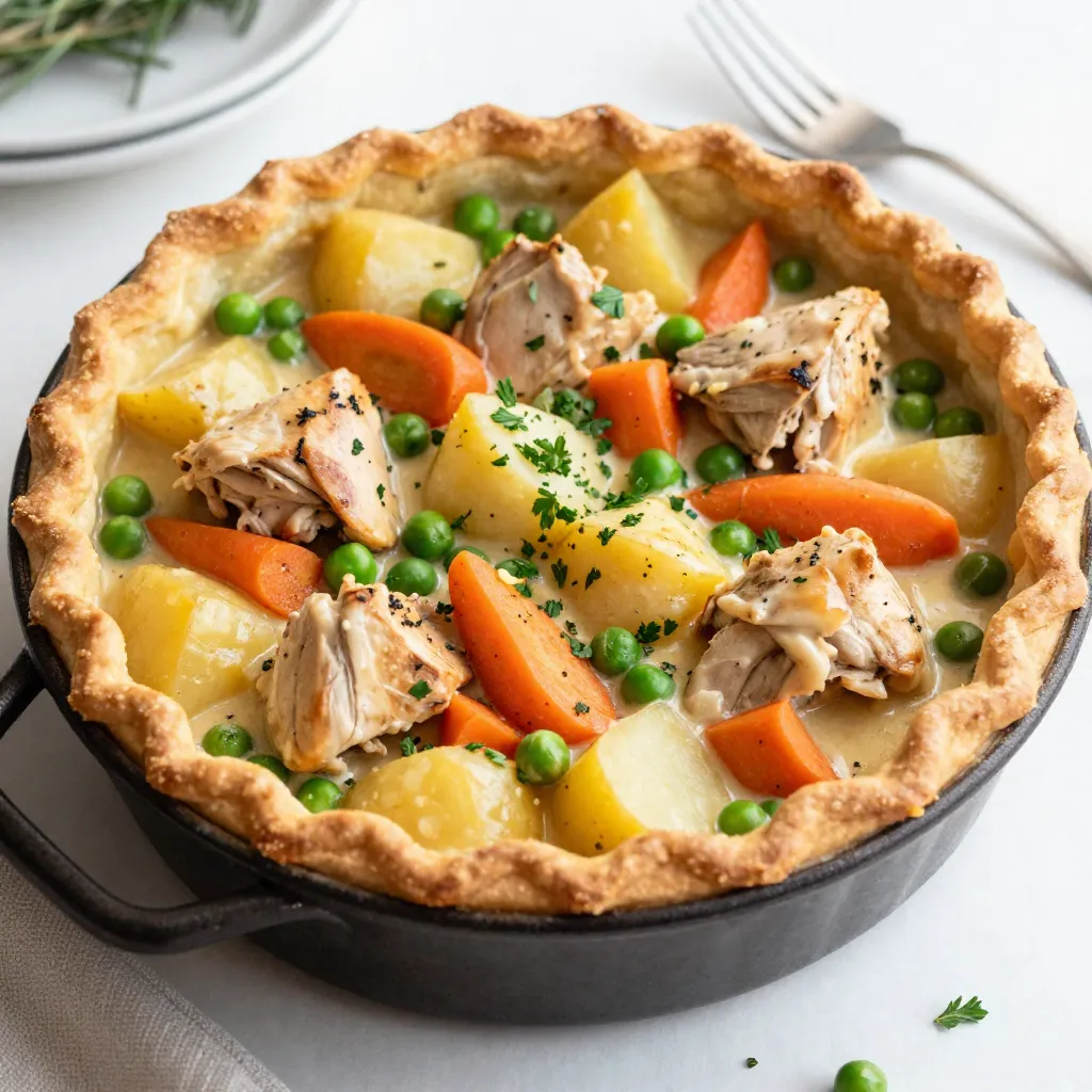 - 1 lb boneless, skinless chicken thighs, diced - 1 cup carrots, diced - 1 cup frozen peas - 1 cup potatoes, diced - 1 medium onion, chopped - 2 cloves garlic, minced - 4 cups chicken broth - 1 cup milk - 1/3 cup all-purpose flour - 1 teaspoon dried thyme - 1 teaspoon dried rosemary - Salt and pepper to taste - 2 tablespoons olive oil - 1 cup refrigerated pie crust dough (or homemade) - Fresh parsley for garnish I love using chicken thighs for this dish. They stay juicy and tender. You can mix different vegetables too, like corn or green beans. It makes the pot pie colorful and fun. - Alternative toppings: Try puff pastry instead of pie crust for a flakier top. - Add-ins for extra flavor: You can add a splash of white wine or some cheese for creaminess. Feel free to get creative! A sprinkle of cheese can add a nice touch, and some herbs can brighten up the flavor. - Skillet - Measuring cups and spoons - Knife and chopping board You need a good, sturdy skillet for this recipe. It helps to have sharp knives and reliable measuring cups too. This makes cooking smooth and easy. {{ingredient_image_1}} - Heat 2 tablespoons of olive oil in a large skillet over medium heat. - Season 1 pound of diced chicken thighs with salt and pepper. - Add the chicken to the skillet. Cook for about 5-7 minutes. - Stir until the chicken is no longer pink. Remove the chicken and set it aside. - In the same skillet, add 1 chopped onion and 2 minced garlic cloves. - Sauté for about 3 minutes until the onion turns translucent. - Next, add 1 cup of diced carrots and 1 cup of diced potatoes. - Cook these for another 5 minutes, stirring occasionally. - Return the cooked chicken to the skillet. - Sprinkle 1/3 cup of all-purpose flour over the mixture and stir well. - Gradually pour in 4 cups of chicken broth and 1 cup of milk. - Stir constantly until the mixture thickens, which takes about 3-4 minutes. - Add 1 cup of frozen peas, 1 teaspoon of dried thyme, and 1 teaspoon of dried rosemary. - Stir to combine and let the mixture simmer for another 3 minutes. - Preheat your oven to 400°F (200°C). - Roll out 1 cup of refrigerated pie crust dough. - Place the crust over the chicken filling in the skillet. - Press the edges down to seal, and cut a few slits in the top for steam. - Bake in the oven for 20-25 minutes until the crust is golden brown. - Let it cool for a few minutes before serving. Garnish with fresh parsley for a nice touch. To get a flaky crust, you want to keep it cold. Chill your pie crust before using it. This helps create those lovely layers. You can also brush the top with milk before baking. This gives it a nice golden color. Adjusting seasoning to taste is key. Start with salt and pepper. After adding your herbs, taste the filling. If it needs more flavor, add a bit more salt or herbs. Trust your palate. Using pre-chopped vegetables can save you a lot of time. Many stores offer diced onions, carrots, or even mixed vegetables. This lets you skip the chopping and jump right to cooking. Choosing store-bought pie crust also cuts down on prep time. These crusts come ready to use. They still taste great and help you get dinner on the table faster. For garnishing ideas, I recommend using freshly chopped parsley. It adds a nice pop of color and freshness. You can sprinkle it on top just before serving. When serving, use a large spoon to scoop out the pie. This allows the filling to show. Pair it with a simple salad for a balanced meal. Enjoy your cozy dish! Pro Tips Use Thighs for Juiciness: Chicken thighs are more flavorful and juicier than breasts, making them perfect for pot pie. Customize Vegetables: Feel free to add your favorite vegetables like corn or green beans for extra flavor and nutrition. Thicken with Flour: Ensure to sprinkle the flour evenly and stir well to avoid lumps in your filling. Golden Crust Trick: Brush the crust with an egg wash before baking for a beautifully golden finish. {{image_2}} You can easily adjust the recipe for different diets. For a gluten-free crust, try using almond flour or a gluten-free pie crust mix. This will keep the flavors while making it safe for those with gluten issues. If you're looking for dairy-free options, consider using coconut milk instead of regular milk. It adds a nice flavor and keeps the dish creamy. You can enhance the taste in many ways. Adding fresh herbs like basil or tarragon can brighten the dish. You can also try different spices, such as paprika or curry powder, for a unique twist. If you want to change up the protein, you can use turkey, beef, or even mushrooms for a vegetarian option. Each choice gives you a new flavor experience. Seasonal vegetables can make your pot pie even better. In spring, add asparagus or snap peas. In fall, sweet potatoes and butternut squash work great. For special occasions, you can adapt the recipe for holidays. Try adding cranberry sauce for a festive touch at Thanksgiving or serve with a side salad for a bright summer meal. These changes keep the dish fresh and exciting throughout the year. To store leftovers, let the pot pie cool first. Then, cover it tightly with plastic wrap or place it in an airtight container. It will stay fresh for up to three days in the fridge. When you want to reheat it, set your oven to 350°F (175°C). Bake it for about 15-20 minutes. This keeps the crust crispy and the filling warm. If you want to freeze the pot pie, let it cool completely. Then, wrap it tightly in plastic wrap and aluminum foil to keep air out. It can last for up to three months in the freezer. When you're ready to enjoy it, move it to the fridge to thaw overnight. Reheat it in the oven at 350°F (175°C) for 25-30 minutes until heated through. Understanding how long the chicken pot pie lasts is key. In the fridge, it stays good for about three days. In the freezer, it lasts up to three months. Look for signs of spoilage like a sour smell or changes in texture. If it looks or smells off, it's best to toss it. You can use chicken breasts or ground chicken. Both options work well. Chicken breasts are leaner. Ground chicken cooks quickly, but it may be less juicy. For a different taste, try turkey or even canned chicken. These options keep the dish tasty and comforting. Yes, homemade broth adds great flavor. It often has more depth than store-bought. You can control the salt and ingredients in your broth. Making broth with leftover bones or veggies helps reduce waste. It’s also healthier and often cheaper in the long run. Serve your pot pie with a fresh side salad. A simple green salad pairs well. You might also enjoy steamed vegetables or crusty bread. These sides add a nice crunch and balance to the creamy filling. Check the crust for a golden color. If it's brown and flaky, it’s ready. You can also poke through the slits made in the crust. If the filling bubbles and steams, it’s a good sign. Let it cool before serving to avoid burns. In this article, we covered how to make a delicious one-skillet chicken pot pie. We went over the main and optional ingredients, the necessary equipment, and the step-by-step cooking process. I shared valuable tips to enhance flavor and presentation. You can also customize the dish with dietary options and learn how to store leftovers properly. Remember, cooking should be enjoyable. With this recipe, you can impress anyone at your table. Try it out and make this pot pie your own!