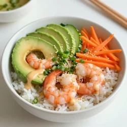 - 1 pound large shrimp, peeled and deveined - 1 tablespoon sriracha - 1 tablespoon mayonnaise - 2 cups sushi rice - 2 ½ cups water - 1 avocado, sliced - 1 cucumber, julienned - 1 carrot, grated - 2 tablespoons rice vinegar - 1 tablespoon sesame oil - 1 tablespoon soy sauce - 1 tablespoon sesame seeds - 1 green onion, finely chopped - Seaweed sheets, cut into strips (optional) You can add different veggies for color and taste. Try radish slices or bell peppers. For added crunch, sprinkle some crushed nuts or seeds. If you love heat, add more sriracha or a spicy sauce of your choice. You can also use different seafood, like crab or scallops, for variety. You will need a medium saucepan for cooking rice. A non-stick skillet helps cook the shrimp evenly. Use a small bowl for mixing the spicy sauce. A large bowl is great for combining rice and vinegar. Lastly, have a knife and cutting board ready for slicing and dicing your veggies. {{ingredient_image_1}} First, rinse the sushi rice in cold water. Rinse until the water runs clear. This helps remove excess starch. Next, put the rice and water in a medium saucepan. Bring the water to a boil over high heat. Once it boils, reduce the heat to low and cover the pot. Let it simmer for 15 minutes. After 15 minutes, take it off the heat but keep it covered for 10 more minutes. This resting time makes the rice fluffy and soft. In a small bowl, mix one tablespoon of sriracha with one tablespoon of mayonnaise. This will be your spicy sauce. Set that aside. Take another bowl and toss the peeled and deveined shrimp with one tablespoon of soy sauce and a little sesame oil. Let the shrimp marinate for about 10 minutes. This makes the shrimp taste great! Now, heat a non-stick skillet over medium-high heat. Add the marinated shrimp to the skillet. Cook them for about 2-3 minutes on each side. You want the shrimp to turn pink and opaque. Once cooked, remove the shrimp from the heat. In a large bowl, combine the sushi rice with two tablespoons of rice vinegar and the remaining sesame oil. Gently fold the rice to mix without mashing it. Now, it's time to build your sushi bowls! Divide the rice into serving bowls. Top each bowl with the cooked shrimp, sliced avocado, julienned cucumber, and grated carrot. Drizzle some of the spicy mayo over everything. To finish, sprinkle sesame seeds and chopped green onion on top. If you like, add strips of seaweed for extra crunch. Enjoy your delicious and colorful spicy shrimp sushi bowls! To cook sushi rice, rinse it well. Use cold water until it runs clear. This step removes excess starch. Combine the rice with water in a saucepan. Bring it to a boil. Lower the heat, cover it, and let it simmer for 15 minutes. This helps the rice absorb water. After cooking, let it sit for 10 minutes. Cover it to keep it warm and fluffy. The right texture is key for a great sushi bowl. Marinate the shrimp to add flavor. In a bowl, mix soy sauce and sesame oil. Toss the shrimp in this mix for about 10 minutes. This short time allows the shrimp to soak up the taste. The oil gives a nice richness. The soy sauce adds a savory kick. When you cook the shrimp, they will burst with flavor. Make your sushi bowl look stunning. Start with a base of rice. Then, add the cooked shrimp on top. Place avocado slices, cucumber, and carrots next. Use different colors for a vibrant look. Drizzle the spicy mayo over everything. Sprinkle sesame seeds and green onion for extra flair. Add seaweed strips for crunch if you like. Serve with chopsticks for fun. A lime slice on the side adds a fresh touch. These tips make your bowl a feast for the eyes! Pro Tips Perfectly Cooked Shrimp: Be careful not to overcook the shrimp; they should only take about 2-3 minutes per side until they are pink and opaque. Rinse Rice Thoroughly: Rinsing the sushi rice until the water runs clear removes excess starch, resulting in a better texture. Customize Spice Level: Adjust the amount of sriracha in the spicy mayo to suit your heat preference; add more for extra kick. Fresh Ingredients Matter: Use fresh avocado and vegetables for optimal flavor and texture in your sushi bowls. {{image_2}} You can switch shrimp for other seafood. Try scallops or crab for a new taste. Salmon or tuna can also work great. Each type brings its own unique flavor to the bowl. Just remember to season them well. Sear the seafood in the same way as you did the shrimp. The cooking times may vary, so keep an eye on them. If you want a meat-free bowl, there are many options. You can use tofu or tempeh as a protein source. Marinate them like you did the shrimp. Grill or pan-fry until golden. For a fresh touch, add edamame or chickpeas. These not only add protein but also a nice texture. Don't forget to add lots of veggies for flavor and color. The sauce can change the whole dish. If you love spicy, try adding more sriracha. For a sweeter touch, mix in some sweet chili sauce. You can also try a creamy wasabi mayo for a kick. If you enjoy tangy flavors, a ponzu sauce can be a great choice. Experiment with these sauces to find your perfect balance. Each sauce can make your bowl feel new and exciting. After enjoying your spicy shrimp sushi bowls, store any leftovers in an airtight container. This helps keep flavors fresh. Place the container in the fridge. It is best to eat your leftovers within two days to enjoy their taste and texture. When you're ready to eat your leftovers, reheat the shrimp separately. Use a non-stick skillet over medium heat. Cook for about 2-3 minutes until heated through. Avoid reheating the sushi rice in the microwave, as it can become dry. Instead, add a splash of water and cover the pan. Heat until warm. The sushi rice can last up to three days in the fridge. Cooked shrimp should also be eaten within two days. Sliced avocado and julienned cucumber can brown quickly. Use them within one day for the best taste. Always check for freshness before eating leftovers. To make sushi rice sticky, rinse it before cooking. Rinse the rice under cold water until the water runs clear. This removes excess starch. Use the right water-to-rice ratio: 2 ½ cups of water for 2 cups of rice. Once cooked, mix in rice vinegar after fluffing the rice. This adds flavor and helps with stickiness. Yes, you can use frozen shrimp. Just make sure to thaw them first. Place the shrimp in cold water for about 10-15 minutes. Once thawed, peel and devein them if needed. This makes it easy to cook them just like fresh shrimp. If you don’t have sushi vinegar, you can make your own. Mix rice vinegar with a bit of sugar and salt. A common ratio is 1 tablespoon of sugar and ½ teaspoon of salt per tablespoon of vinegar. This gives a similar sweet and tangy flavor to the rice. To make the recipe gluten-free, use gluten-free soy sauce. There are many brands available that taste great. Also, check the sriracha for gluten-free ingredients. Most rice and vegetables are naturally gluten-free, so they are safe to use. Yes, you can prepare some parts in advance. You can cook the sushi rice and shrimp ahead of time. Store them in separate containers in the fridge. Assemble the bowls just before serving for the best taste and texture. This keeps the ingredients fresh and vibrant. This blog post covered sushi bowls from ingredients to storage. You learned about essential and optional items for your bowl. We discussed how to cook rice, prepare shrimp, and assemble everything nicely. I shared tips to improve flavor and presentation. You can try different seafood or vegan options, too. Remember to store leftovers right to enjoy them longer. With these details, you can now make tasty sushi bowls at home. Enjoy experimenting with your own ideas.
