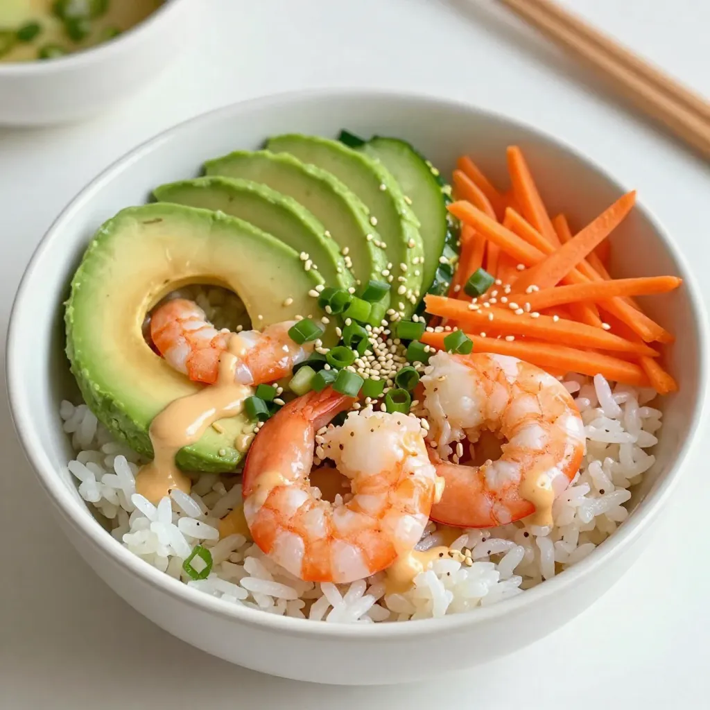 - 1 pound large shrimp, peeled and deveined - 1 tablespoon sriracha - 1 tablespoon mayonnaise - 2 cups sushi rice - 2 ½ cups water - 1 avocado, sliced - 1 cucumber, julienned - 1 carrot, grated - 2 tablespoons rice vinegar - 1 tablespoon sesame oil - 1 tablespoon soy sauce - 1 tablespoon sesame seeds - 1 green onion, finely chopped - Seaweed sheets, cut into strips (optional) You can add different veggies for color and taste. Try radish slices or bell peppers. For added crunch, sprinkle some crushed nuts or seeds. If you love heat, add more sriracha or a spicy sauce of your choice. You can also use different seafood, like crab or scallops, for variety. You will need a medium saucepan for cooking rice. A non-stick skillet helps cook the shrimp evenly. Use a small bowl for mixing the spicy sauce. A large bowl is great for combining rice and vinegar. Lastly, have a knife and cutting board ready for slicing and dicing your veggies. {{ingredient_image_1}} First, rinse the sushi rice in cold water. Rinse until the water runs clear. This helps remove excess starch. Next, put the rice and water in a medium saucepan. Bring the water to a boil over high heat. Once it boils, reduce the heat to low and cover the pot. Let it simmer for 15 minutes. After 15 minutes, take it off the heat but keep it covered for 10 more minutes. This resting time makes the rice fluffy and soft. In a small bowl, mix one tablespoon of sriracha with one tablespoon of mayonnaise. This will be your spicy sauce. Set that aside. Take another bowl and toss the peeled and deveined shrimp with one tablespoon of soy sauce and a little sesame oil. Let the shrimp marinate for about 10 minutes. This makes the shrimp taste great! Now, heat a non-stick skillet over medium-high heat. Add the marinated shrimp to the skillet. Cook them for about 2-3 minutes on each side. You want the shrimp to turn pink and opaque. Once cooked, remove the shrimp from the heat. In a large bowl, combine the sushi rice with two tablespoons of rice vinegar and the remaining sesame oil. Gently fold the rice to mix without mashing it. Now, it's time to build your sushi bowls! Divide the rice into serving bowls. Top each bowl with the cooked shrimp, sliced avocado, julienned cucumber, and grated carrot. Drizzle some of the spicy mayo over everything. To finish, sprinkle sesame seeds and chopped green onion on top. If you like, add strips of seaweed for extra crunch. Enjoy your delicious and colorful spicy shrimp sushi bowls! To cook sushi rice, rinse it well. Use cold water until it runs clear. This step removes excess starch. Combine the rice with water in a saucepan. Bring it to a boil. Lower the heat, cover it, and let it simmer for 15 minutes. This helps the rice absorb water. After cooking, let it sit for 10 minutes. Cover it to keep it warm and fluffy. The right texture is key for a great sushi bowl. Marinate the shrimp to add flavor. In a bowl, mix soy sauce and sesame oil. Toss the shrimp in this mix for about 10 minutes. This short time allows the shrimp to soak up the taste. The oil gives a nice richness. The soy sauce adds a savory kick. When you cook the shrimp, they will burst with flavor. Make your sushi bowl look stunning. Start with a base of rice. Then, add the cooked shrimp on top. Place avocado slices, cucumber, and carrots next. Use different colors for a vibrant look. Drizzle the spicy mayo over everything. Sprinkle sesame seeds and green onion for extra flair. Add seaweed strips for crunch if you like. Serve with chopsticks for fun. A lime slice on the side adds a fresh touch. These tips make your bowl a feast for the eyes! Pro Tips Perfectly Cooked Shrimp: Be careful not to overcook the shrimp; they should only take about 2-3 minutes per side until they are pink and opaque. Rinse Rice Thoroughly: Rinsing the sushi rice until the water runs clear removes excess starch, resulting in a better texture. Customize Spice Level: Adjust the amount of sriracha in the spicy mayo to suit your heat preference; add more for extra kick. Fresh Ingredients Matter: Use fresh avocado and vegetables for optimal flavor and texture in your sushi bowls. {{image_2}} You can switch shrimp for other seafood. Try scallops or crab for a new taste. Salmon or tuna can also work great. Each type brings its own unique flavor to the bowl. Just remember to season them well. Sear the seafood in the same way as you did the shrimp. The cooking times may vary, so keep an eye on them. If you want a meat-free bowl, there are many options. You can use tofu or tempeh as a protein source. Marinate them like you did the shrimp. Grill or pan-fry until golden. For a fresh touch, add edamame or chickpeas. These not only add protein but also a nice texture. Don't forget to add lots of veggies for flavor and color. The sauce can change the whole dish. If you love spicy, try adding more sriracha. For a sweeter touch, mix in some sweet chili sauce. You can also try a creamy wasabi mayo for a kick. If you enjoy tangy flavors, a ponzu sauce can be a great choice. Experiment with these sauces to find your perfect balance. Each sauce can make your bowl feel new and exciting. After enjoying your spicy shrimp sushi bowls, store any leftovers in an airtight container. This helps keep flavors fresh. Place the container in the fridge. It is best to eat your leftovers within two days to enjoy their taste and texture. When you're ready to eat your leftovers, reheat the shrimp separately. Use a non-stick skillet over medium heat. Cook for about 2-3 minutes until heated through. Avoid reheating the sushi rice in the microwave, as it can become dry. Instead, add a splash of water and cover the pan. Heat until warm. The sushi rice can last up to three days in the fridge. Cooked shrimp should also be eaten within two days. Sliced avocado and julienned cucumber can brown quickly. Use them within one day for the best taste. Always check for freshness before eating leftovers. To make sushi rice sticky, rinse it before cooking. Rinse the rice under cold water until the water runs clear. This removes excess starch. Use the right water-to-rice ratio: 2 ½ cups of water for 2 cups of rice. Once cooked, mix in rice vinegar after fluffing the rice. This adds flavor and helps with stickiness. Yes, you can use frozen shrimp. Just make sure to thaw them first. Place the shrimp in cold water for about 10-15 minutes. Once thawed, peel and devein them if needed. This makes it easy to cook them just like fresh shrimp. If you don’t have sushi vinegar, you can make your own. Mix rice vinegar with a bit of sugar and salt. A common ratio is 1 tablespoon of sugar and ½ teaspoon of salt per tablespoon of vinegar. This gives a similar sweet and tangy flavor to the rice. To make the recipe gluten-free, use gluten-free soy sauce. There are many brands available that taste great. Also, check the sriracha for gluten-free ingredients. Most rice and vegetables are naturally gluten-free, so they are safe to use. Yes, you can prepare some parts in advance. You can cook the sushi rice and shrimp ahead of time. Store them in separate containers in the fridge. Assemble the bowls just before serving for the best taste and texture. This keeps the ingredients fresh and vibrant. This blog post covered sushi bowls from ingredients to storage. You learned about essential and optional items for your bowl. We discussed how to cook rice, prepare shrimp, and assemble everything nicely. I shared tips to improve flavor and presentation. You can try different seafood or vegan options, too. Remember to store leftovers right to enjoy them longer. With these details, you can now make tasty sushi bowls at home. Enjoy experimenting with your own ideas.