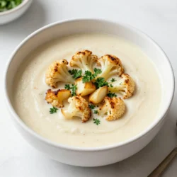 - 1 large head of cauliflower, chopped into florets - 10 cloves of garlic, unpeeled - 1 onion, chopped - 4 cups vegetable broth - 1 cup coconut milk or heavy cream These main ingredients create a rich and creamy soup. The cauliflower gives the soup body. Garlic brings a lovely depth of flavor. Onion adds sweetness that balances everything. The vegetable broth makes it warm and comforting. Finally, coconut milk or heavy cream brings a silky texture. - 2 tablespoons olive oil - 1 teaspoon smoked paprika - Salt and pepper to taste The seasonings are key to making this dish shine. Olive oil helps roast the cauliflower and garlic. It also adds a light fruity taste. Smoked paprika gives the soup a hint of smokiness. Salt and pepper are essential for bringing out all the flavors. Adjust these to fit your taste. - Fresh parsley A sprinkle of fresh parsley adds a pop of color. It also brightens the flavor of the soup. Use it right before serving to keep it fresh. This touch makes your soup look beautiful and appetizing. {{ingredient_image_1}} First, preheat your oven to 425°F (220°C). This ensures an even roast. Next, grab a baking sheet. Spread your chopped cauliflower florets and unpeeled garlic cloves on the sheet. Drizzle with olive oil and sprinkle salt and pepper. Toss everything well to coat. Place the baking sheet in the oven. Roast for about 25-30 minutes. The cauliflower should become golden brown and tender, and the garlic should feel soft. This step adds great flavor to your soup. In a large pot, heat one tablespoon of olive oil over medium heat. Add the chopped onion and sauté for about 5 minutes. Cook until the onion turns translucent. Once the cauliflower and garlic are done, squeeze the soft garlic out of the skins right into the pot. Add the roasted cauliflower too, along with the smoked paprika. Stir this mix to combine the flavors. Pour in 4 cups of vegetable broth. Bring the mix to a boil, then reduce the heat. Let it simmer for about 10 minutes. Now, use an immersion blender to puree the soup until it’s smooth. If you don’t have one, transfer the soup to a blender in batches. Once blended, stir in 1 cup of coconut milk or heavy cream. Heat through, but don’t let it boil again. Taste the soup and adjust the seasoning with salt and pepper as needed. When selecting cauliflower, look for heads that are firm and white. The leaves should be fresh and green. Avoid any brown spots or dark patches. These can signal age or spoilage. Fresh cauliflower has a mild scent and feels heavy for its size. This ensures a great base for your soup. To boost flavor, consider adding spices like thyme or rosemary. A squeeze of lemon juice can add brightness. You might also try a dash of cayenne for heat. If you like a nutty taste, sprinkle in some nutritional yeast. Each adds a unique twist to your Roasted Garlic Cauliflower Soup. For a creamy texture, blend the soup until smooth. Use an immersion blender for ease. If you prefer a chunkier soup, blend just half. Adding coconut milk or heavy cream helps create richness. Adjust the texture by adding more broth if it’s too thick. This keeps your soup velvety and satisfying. Pro Tips Roasting Garlic: Roasting garlic in its skin enhances its sweetness and mellows its flavor, making it a perfect addition to this soup. Creaminess Factor: For a richer texture, use heavy cream instead of coconut milk, but both options will provide a delicious result. Adjusting Thickness: If you prefer a thicker soup, reduce the amount of vegetable broth; for a thinner consistency, add more broth or water gradually. Garnish Ideas: Enhance presentation and flavor with toasted pine nuts or crispy bacon bits as a garnish along with fresh parsley. {{image_2}} You can make this soup vegan by using coconut milk instead of heavy cream. Coconut milk gives the soup a rich and creamy texture without dairy. This swap keeps the flavor light and fresh. If you like, you can use almond or oat milk for a different taste. Just remember, adjust the seasoning as needed to match your choice. Want to make your soup heartier? Add protein like chickpeas. They blend well and add texture. You can use canned chickpeas for ease. Just rinse them and mix them in when you add the roasted cauliflower. This simple addition boosts the soup's nutrition and makes it more filling. You can infuse more flavor with herbs and spices. Try adding thyme or rosemary for an earthy taste. A pinch of red pepper flakes adds a bit of heat. Fresh herbs like basil or cilantro can brighten the soup. Experiment with different combinations to find your perfect flavor. You can store leftover soup in the fridge. Use an airtight container. This keeps it fresh for up to three days. When ready to eat, check for any off smells. If it smells good, you can enjoy it again. Freezing soup is easy and great for later. First, let it cool completely. Then, pour the soup into freezer-safe bags. Remove as much air as possible before sealing. This helps prevent freezer burn. You can freeze it for up to three months. When you're ready to heat the soup, do it slowly. Use a pot on low heat for the best texture. Stir often to keep it smooth. If it's too thick, add a splash of broth or water. You can also reheat in the microwave. Just be sure to stir halfway through for even heating. Yes, you can use frozen cauliflower. Just remember to adjust your cooking time. Frozen cauliflower may need a bit longer to roast. I suggest roasting it for 35 to 40 minutes. Make sure to thaw it first to avoid excess water in your soup. This soup pairs well with a simple salad or crusty bread. You can also serve it with grilled cheese sandwiches for a fun twist. For a heartier meal, add a protein like chicken or chickpeas on the side. To add heat, try adding red pepper flakes while cooking. You can also stir in a dash of hot sauce right before serving. For a unique flavor, add a pinch of cayenne pepper to the mix. This blog post guides you through making Roasted Garlic Cauliflower Soup. We covered essential ingredients, from cauliflower and garlic to spices. You learned easy steps for roasting, sautéing, blending, and adjusting flavors. Tips help you choose fresh produce and maintain texture. In my final thoughts, this soup is flexible, tasty, and perfect for anyone. Enjoy trying different variations or storing leftovers. The process is simple, and with practice, you will perfect your soup-making skills. Happy cooking!
