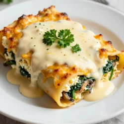 To make Creamy Alfredo Lasagna Roll Ups, gather the following ingredients: - 9 lasagna noodles - 2 cups ricotta cheese - 1 cup grated parmesan cheese - 2 cups shredded mozzarella cheese - 1 cup fresh spinach, chopped - 1 cup mushrooms, sliced - 3 cups creamy Alfredo sauce (store-bought or homemade) - 2 cloves garlic, minced - 1 teaspoon dried Italian herbs - Salt and pepper to taste - Fresh parsley, chopped (for garnish) These ingredients create a rich and tasty dish. Lasagna noodles serve as the base. You can use different cheese types for a unique flavor. Ricotta brings creaminess, while mozzarella adds stretch. Parmesan gives a nice sharp taste. Fresh vegetables like spinach and mushrooms add healthy elements and texture. Alfredo sauce is the star. You can choose store-bought for ease or make your own for freshness. Garlic and Italian herbs add depth to the flavors. Salt and pepper enhance everything. Gather these items before you start cooking. This will make the process smooth and enjoyable. Each ingredient plays a role in creating a delicious meal everyone will love. {{ingredient_image_1}} 1. Preheating the Oven Start by preheating your oven to 375°F (190°C). This helps to cook the roll ups evenly. 2. Cooking the Lasagna Noodles Cook 9 lasagna noodles according to the package. Usually, this takes about 8-10 minutes. When done, drain them well. Lay the noodles flat on a clean kitchen towel to cool. 3. Sautéing Vegetables In a skillet, heat a splash of olive oil over medium heat. Add 2 cloves of minced garlic and 1 cup of sliced mushrooms. Sauté for about 5 minutes until the mushrooms are tender. Then stir in 1 cup of chopped spinach and cook until wilted. Season with salt, pepper, and 1 teaspoon of dried Italian herbs. Remove from heat and let cool slightly. 1. Preparing the Cheese Mixture In a large bowl, mix 2 cups of ricotta cheese, half of the mozzarella cheese, half of the parmesan cheese, and the cooled mushroom-spinach mixture. Stir until everything is well combined. 2. Rolling the Lasagna Noodles Take a cooked noodle and spread about ¼ cup of the cheese filling along its length. Roll it up tightly and place it seam-side down in a 9x13 inch baking dish. Repeat this with all the noodles. 3. Arranging in the Baking Dish Once all the rolls are in the dish, pour the remaining Alfredo sauce over the top. Then, sprinkle the rest of the mozzarella and parmesan cheeses on top. 1. Covering with Sauce Make sure to cover the roll ups evenly with the Alfredo sauce. This keeps them moist while baking. 2. Baking Times and Temperatures Cover the dish with aluminum foil and bake for 25 minutes. After that, remove the foil and bake for an additional 15 minutes. The cheese should be bubbly and golden. Let the roll ups cool for a few minutes before serving. Cooking Noodles Tips To cook the lasagna noodles, follow the package directions. Aim for al dente, which means firm but cooked. This helps the noodles stay strong when you roll them. After cooking, drain the noodles and lay them flat on a towel. This prevents sticking. How to Avoid Sogginess Sogginess happens when noodles absorb too much sauce. To prevent this, spread a thin layer of sauce in the dish. Also, avoid overcooking your noodles. They should be firm enough to hold the filling without falling apart. Homemade vs. Store-bought Sauce You can use either homemade or store-bought Alfredo sauce. Homemade sauce tastes fresh and creamy. However, store-bought is quick and easy. If you choose store-bought, look for a brand with simple ingredients for the best flavor. Adjusting the Flavor Profile To adjust the flavor, add spices or herbs to the sauce. A dash of nutmeg adds warmth. Fresh basil or oregano can make it taste bright. Taste the sauce before adding it to the roll ups to ensure the flavor is just right. Best Side Dishes Pair these roll ups with a fresh salad or garlic bread. A crisp Caesar salad adds crunch. Garlic bread is perfect for dipping in the creamy sauce. You can also serve steamed vegetables for a balanced meal. Pairing with Wines When choosing a wine, go for a white. A Chardonnay works well with creamy dishes. If you prefer red, a light Pinot Noir can complement the flavors nicely. Serve the wine chilled for a refreshing experience. Pro Tips Use Fresh Ingredients: Opt for fresh spinach and mushrooms to enhance the flavor and texture of your dish. Make Ahead: Prepare the rolls in advance and refrigerate them. Just add a few extra minutes to the baking time when you're ready to serve. Experiment with Cheese: Feel free to mix different cheeses like gouda or fontina for a unique flavor profile. Garnish Creatively: Adding a sprinkle of red pepper flakes or a squeeze of lemon juice can add a delightful contrast to the creamy sauce. {{image_2}} You can make your creamy Alfredo lasagna roll ups even more exciting by changing a few ingredients. - Vegan Options: Use plant-based ricotta and cashew cream as a substitute for Alfredo sauce. You can also replace mozzarella with vegan cheese. This way, you keep the creamy texture without using dairy. - Gluten-free Alternatives: If you need a gluten-free option, use gluten-free lasagna noodles. They work just as well and will hold your tasty filling. Get creative with flavors to suit your tastes. - Adding Proteins: You can mix in cooked chicken or sausage to the filling. Shredded rotisserie chicken adds great flavor and protein. Italian sausage gives a nice spice kick. - Different Cheese Combinations: Try mixing other cheeses like Gouda or fontina with the ricotta. This adds a rich, unique taste to your roll ups. You can easily adjust serving sizes for gatherings or meal prep. - Scaling the Recipe: If you need more servings, just double the ingredients. It’s easy to make a big batch for family events. - Mini Lasagna Roll Ups for Appetizers: For a fun twist, make mini roll ups by cutting the noodles in half. They make great finger foods for parties. Just fill, roll, and bake them like the larger ones! - Storing Leftovers: After your meal, let the roll ups cool. Place them in an airtight container. They can stay fresh in the fridge for up to three days. - Best Practices for Reheating: To reheat, set your oven to 350°F (175°C). Place the roll ups in a baking dish. Cover them with foil to keep them moist. Heat for about 20 minutes or until warm. You can also microwave them for a quicker option, but the oven gives better results. - How to Freeze Roll Ups: If you want to save some for later, freezing is easy. After assembling the roll ups but before baking, wrap them tightly in plastic wrap. Place them in a freezer-safe container. They can last for up to three months. - Thawing and Reheating Tips: When you're ready to eat, take them out the night before. Let them thaw in the fridge. Bake them at 375°F (190°C) for about 30 to 35 minutes. Check if they are hot all the way through before serving. Can I make the roll ups ahead of time? Yes, you can prepare the roll ups in advance. Just assemble them, cover with foil, and store them in the fridge. Bake them when you're ready to eat. How do I store leftover lasagna roll ups? Store any leftovers in an airtight container in the fridge. They will last for about three to four days. You can reheat them in the oven or microwave. What can I substitute for ricotta cheese? If you need a substitute, try cottage cheese or cream cheese. Both can give a creamy texture. You can also use tofu for a vegan option. How long to cook lasagna roll ups? Bake the roll ups for 25 minutes covered. Then, remove the foil and bake for 15 more minutes. This will make the cheese bubbly and golden. Can I use other vegetables in this recipe? Yes! You can add zucchini, bell peppers, or even broccoli. Just make sure they are chopped finely and cooked before mixing with the cheese. What's the best way to prevent the noodles from sticking? After boiling the lasagna noodles, rinse them in cold water. This will stop the cooking and help to keep them from sticking together. Lay them flat on a towel for easy rolling. This blog post guides you through making delicious lasagna roll ups. We covered the key ingredients, preparation steps, and how to bake them perfectly. I shared tips for perfecting your roll ups and offered variations to suit your taste. Also, we discussed how to store and reheat leftovers effectively. As you make these roll ups, remember to have fun and get creative. Enjoy your cooking and impress your family and friends with this tasty dish!