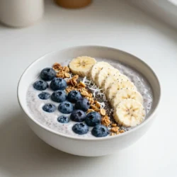 - 1 ripe banana, frozen and sliced - 1 cup frozen blueberries - 1/2 cup unsweetened almond milk - 1 tablespoon peanut butter or almond butter - 1 tablespoon honey or maple syrup (optional) - 1/4 teaspoon vanilla extract To make this smoothie bowl, you need simple ingredients. The ripe banana gives it a creamy base. I always use frozen blueberries for a cold and refreshing taste. Unsweetened almond milk adds smoothness without added sugar. Peanut butter or almond butter adds great flavor and healthy fats. You can sweeten it with honey or maple syrup if you like. Lastly, a touch of vanilla extract rounds off the flavors nicely. - Fresh blueberries - Sliced banana - Granola - Chia seeds - Shredded coconut Toppings make your smoothie bowl fun and tasty. Fresh blueberries and sliced banana add color and freshness. Granola gives a nice crunch, while chia seeds boost nutrition. Shredded coconut adds a tropical flair. Feel free to mix and match toppings to suit your taste. Enjoy creating your perfect smoothie bowl! {{ingredient_image_1}} Start by gathering your ingredients. In a blender, combine: - 1 ripe banana, frozen and sliced - 1 cup frozen blueberries - 1/2 cup unsweetened almond milk - 1 tablespoon peanut butter - 1 tablespoon honey or maple syrup (optional) - 1/4 teaspoon vanilla extract Next, blend the mixture on high speed until it is smooth and creamy. If it feels too thick, add a bit more almond milk to reach the texture you like. Once your smoothie is ready, pour it into a bowl. Use a spatula to smooth out the surface. This makes it look nice and inviting. Now comes the fun part! Decorate the top of your smoothie bowl with: - Fresh blueberries - Sliced banana - Granola - Chia seeds - Shredded coconut Feel free to get creative with your toppings. You can arrange them in patterns or just sprinkle them on top. Serve it right away. Grab a spoon and enjoy this tasty, nutritious treat! To blend the smoothie well, use a high-speed blender. Start on low speed to mix the ingredients. Gradually increase the speed to high. This helps break down the frozen fruit easily. If your smoothie is too thick, add a bit more almond milk. A little liquid goes a long way for the right texture. For a natural sweetener, consider honey or maple syrup. You can also skip sweeteners if you prefer a more fruit-forward taste. Adjust the sweetness by adding more or less of your chosen sweetener. Taste as you go to find your perfect balance. Make your smoothie bowl pop with colorful toppings. Arrange fresh blueberries, sliced bananas, and a sprinkle of granola on top. You can add chia seeds and shredded coconut for extra crunch and flavor. The more colors, the more fun! Use a spatula to smooth out the surface before adding the toppings for a neat look. Pro Tips Tip Title: Choose Ripe Bananas: Using a ripe banana enhances the natural sweetness of your smoothie bowl, making it more delicious while also providing essential nutrients. Tip Title: Adjust Consistency: If your smoothie bowl is too thick, gradually add more almond milk until you achieve your desired creamy texture. Tip Title: Layer Your Toppings: For an aesthetically pleasing bowl, layer your toppings in a visually appealing manner, making it more inviting to eat. Tip Title: Freeze for Extra Chill: For an extra refreshing experience, consider freezing your toppings (like bananas or blueberries) before adding them to the bowl. {{image_2}} You can swap fruits in your smoothie bowl. Try strawberries or raspberries for a twist. In summer, use peaches or cherries. In winter, consider apples or pears. Each fruit brings unique flavors and health benefits. Feel free to experiment with your favorite fruits. Boost your smoothie with protein. Add a scoop of protein powder for more energy. You can also include Greek yogurt. It makes your bowl creamy and adds protein. Both options help keep you full longer. Looking for dairy-free choices? Use almond milk or coconut milk instead of regular milk. There are many plant-based milk options available. For toppings, use nuts, seeds, or granola. These keep the meal vegan and tasty. Enjoy your delicious smoothie bowl! You can store any leftover smoothie bowl in the fridge. Place it in an airtight container. This keeps it fresh for up to two days. However, the texture may change slightly. For best taste, enjoy it right away. If you plan to save toppings, store them separately. This way, they stay crunchy and fresh. Keep fresh fruit in the fridge. Granola should stay in a cool, dry place. You can freeze pre-portioned smoothie packs for a quick breakfast. Just put the banana, blueberries, almond milk, and peanut butter in bags. Label them and store them in the freezer. When you’re ready to blend, thaw the pack in the fridge overnight. You can also use the microwave for a quick thaw. After thawing, blend as usual for a tasty smoothie bowl. To make your smoothie bowl thicker, focus on the following tips: - Use frozen fruits, like bananas and blueberries. - Add less almond milk when blending. - Consider adding a handful of oats or chia seeds. - Blend less to keep some texture. These tips help create a creamy base that holds toppings well. Yes, you can use fresh blueberries. However, they will change the texture and flavor. Fresh blueberries make the smoothie bowl thinner and more liquid. If you want a cold treat, consider freezing them first. This keeps the bowl thick and icy, just like you want. You can store your smoothie bowl for up to one day. Keep it in an airtight container in the fridge. For the best taste and texture, enjoy it fresh. If you plan to store it, add toppings just before eating. This keeps them crunchy and tasty. This article outlines the steps for making a tasty smoothie bowl. We covered the main ingredients like bananas and blueberries, plus optional toppings to enhance your dish. I shared tips for blending, sweetening, and storing your smoothie bowl. You can even experiment with different fruits and protein sources. Remember, making a smoothie bowl can be fun and creative. Your unique touch will make it special. Enjoy crafting your delicious bowl today!