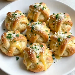 For my savory garlic butter Parmesan knots, I use a few simple ingredients. Here’s what you’ll need: - 1 package (16 oz) refrigerated pizza dough - 4 tablespoons unsalted butter, melted - 4 cloves garlic, minced - ½ cup grated Parmesan cheese - 1 teaspoon Italian seasoning - ½ teaspoon salt - ¼ teaspoon black pepper - Fresh parsley, chopped (for garnish) These ingredients work together to create a warm, buttery flavor. The refrigerated pizza dough makes this recipe quick and easy. I love using fresh garlic. It adds a bold taste that really shines through. The Parmesan cheese gives a nice salty kick, too. Italian seasoning brings a hint of herbs without needing a lot of effort. Salt and black pepper enhance everything, making each bite more flavorful. Finally, fresh parsley adds a pop of color and freshness to finish. When I make these knots, I enjoy the mix of flavors. It’s a joy to share them with friends and family. They are perfect for any occasion! {{ingredient_image_1}} 1. Preheat your oven to 400°F (200°C). This ensures even baking. 2. Line a baking sheet with parchment paper. This prevents sticking. 3. On a lightly floured surface, roll out the pizza dough. Make it about ¼-inch thick. 4. Cut the dough into 1-inch wide strips. You want even pieces for nice knots. 5. Tie each strip into a knot. Place the knots on the baking sheet, leaving space. 1. In a small bowl, combine melted butter and minced garlic. 2. Add Italian seasoning, salt, and black pepper. Stir until mixed well. 3. Brush each knot with the garlic butter mix. Save some butter for later use. 1. Bake the knots for 12-15 minutes. Look for a golden brown color. 2. Remove the knots from the oven. Brush them with the remaining garlic butter. 3. Sprinkle grated Parmesan cheese over the hot knots. This adds flavor and texture. 4. Let them sit for a couple of minutes. Garnish with chopped parsley. This adds color and taste. These steps will help you create warm, tasty garlic butter Parmesan knots that everyone will love. Enjoy the fun of making these delicious bites! To make great knots, pay attention to the dough thickness. Roll it to about ¼-inch thick. This thickness helps the knots cook evenly. If the dough is too thick, the insides may stay raw. If too thin, they may burn. Tying the knots can be tricky. Start with a strip that is 1-inch wide. Fold the strip in half and twist it. Then, pull the ends through the loop. Practice makes perfect. If you mess up, just roll it back and try again. You can add more herbs to boost flavor. Try using fresh basil, thyme, or rosemary. These herbs add a nice touch to the garlic butter. You could also mix in some red pepper flakes for heat. Adjusting seasoning is easy. If you love salt, add a bit more. If you prefer less, cut back on the salt and pepper. Taste the butter mixture before brushing it on the knots. This way, you can make it just right for your palate. Serve the knots warm for the best taste. A wooden board or a nice basket makes a great display. Garnish with fresh parsley and extra Parmesan cheese on top. This makes the knots look even more appetizing. For a fun touch, offer a small bowl of marinara sauce for dipping. It adds color and flavor to your meal. You can even drizzle some garlic butter over the knots just before serving for extra shine. Pro Tips Use Fresh Garlic: Freshly minced garlic gives a stronger flavor compared to pre-minced or jarred garlic. It enhances the overall taste of the knots. Experiment with Cheese: While Parmesan adds a great flavor, you can mix in other cheeses like mozzarella or cheddar for a different twist on these knots. Let the Dough Rest: If your pizza dough is difficult to work with, let it rest for a few minutes at room temperature to relax the gluten, making it easier to shape. Brush Twice: Brushing the knots before and after baking with garlic butter ensures they are extra flavorful and have a beautiful sheen. {{image_2}} You can switch up the cheese for your knots. Mozzarella gives a nice melt. Cheddar adds a sharp bite. Both options bring a fun twist to the flavor. If you want a vegan choice, use a plant-based cheese. Look for brands that melt well. They can add richness without dairy. Want to elevate the taste? Try adding fresh herbs. Basil and thyme work great. They bring a fresh taste and aroma. You can also mix in sun-dried tomatoes. They add a sweet and tangy flavor. Chopped olives are another fun addition. They add a briny kick that pairs well with garlic. Pair your knots with delicious dips. Marinara sauce is a classic option. It’s great for a tangy contrast. You can also try garlic aioli for a creamy touch. If you want something spicy, a sriracha sauce can add heat. For a richer flavor, consider a cheese dip. Each choice enhances your garlic knots and makes them even more fun to eat. To keep your garlic butter Parmesan knots fresh, store them in an airtight container. Place a piece of parchment paper between layers to avoid sticking. Refrigerate them for up to three days. If you want to save them for longer, freezing is a great option. Wrap each knot in plastic wrap, then place them in a freezer-safe bag. They can last up to three months in the freezer. Reheating garlic butter Parmesan knots is easy. Preheat your oven to 350°F (175°C). Place the knots on a baking sheet and cover them with foil. Bake for about 10 minutes or until warm. This method keeps the knots soft and tasty. If you're in a hurry, you can use the microwave. Heat them for 15-20 seconds, but they may not be as crispy. Enjoy your tasty leftovers! To make garlic butter parmesan knots from scratch, start with homemade dough. You can use a simple dough recipe with flour, water, yeast, and salt. Knead the dough until smooth and let it rise until doubled. This can take about an hour. Once risen, roll it out and cut it into strips. Tie each strip into a knot, then follow the steps in the recipe. If you prefer, you can also use refrigerated pizza dough for a quicker option. Both methods yield tasty knots. Yes, you can prepare garlic butter parmesan knots ahead of time. Make the knots and place them on the baking sheet. Cover them with plastic wrap and store them in the fridge for up to 24 hours. When ready to bake, simply preheat the oven and bake as directed. This way, you save time on busy days. You can also freeze the unbaked knots. Just make sure to thaw them before baking, and they will still taste fresh. Yes, garlic butter parmesan knots are vegetarian. The main ingredients, like pizza dough, butter, garlic, and cheese, do not include meat. However, always check the dough packaging. Some pizza dough may contain lard or other animal products. If you want a vegan option, use plant-based butter and dairy-free cheese. This way, you can enjoy delicious knots while sticking to your dietary needs. This article shows how to make garlic butter Parmesan knots. We covered key ingredients, including dough, garlic, and cheese. You learned the steps to prepare, bake, and present these tasty bites. By following the tips for flavor and storage, you’ll keep your knots fresh and delicious. Explore variations to impress your guests. Try different cheeses or herbs to find your favorite twist. Enjoy your cooking adventure with these delightful snacks!