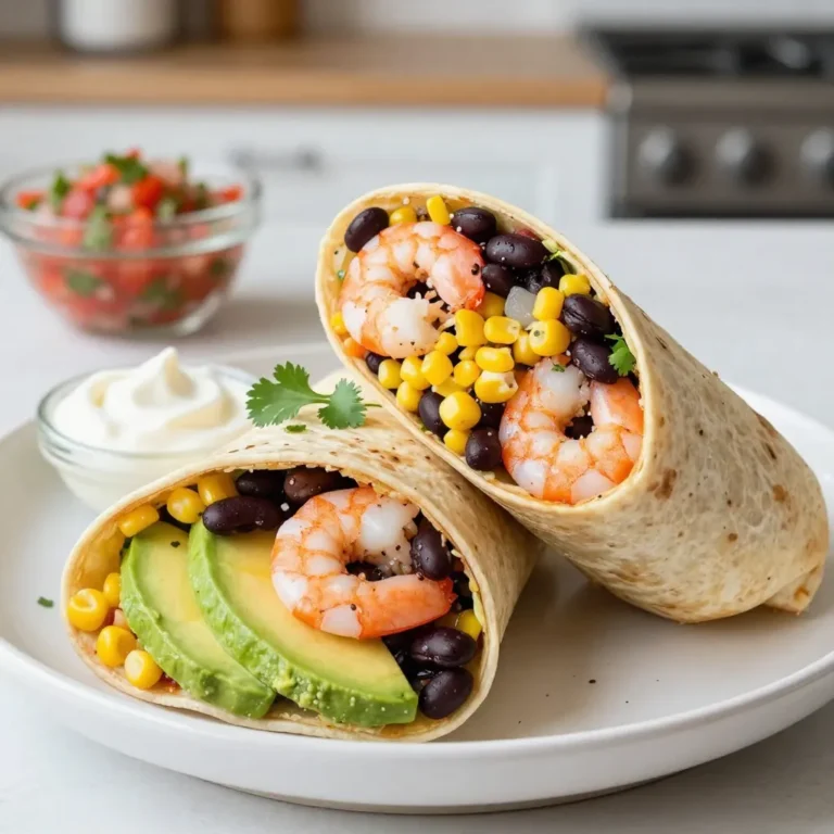 To make Chipotle Lime Shrimp Burritos, you need fresh and tasty ingredients. Here is what you'll need: - 1 lb large shrimp, peeled and deveined - 2 tablespoons chipotle in adobo sauce, minced - 2 tablespoons olive oil - 1 lime, juiced and zested - 1 teaspoon garlic powder - 1 teaspoon ground cumin - Salt and pepper to taste - 1 cup cooked white rice - 1 cup black beans, rinsed and drained - 1 cup corn (fresh or frozen, cooked) - 1 cup fresh cilantro, chopped - 1 avocado, sliced - 4 large flour tortillas - Sour cream and salsa for serving (optional) Each ingredient plays a key role. The shrimp give a light and juicy bite. The chipotle adds a smoky heat. Lime juice brings brightness and freshness. Garlic powder and cumin add depth and warmth. The rice, beans, and corn create a hearty base. Fresh cilantro and avocado give flavor and creaminess. Finally, tortillas wrap it all up. You can also add sour cream or salsa for extra zest. Enjoy crafting these burritos with these simple yet bold ingredients! {{ingredient_image_1}} - In a medium bowl, mix 2 tablespoons of minced chipotle, 2 tablespoons of olive oil, the juice and zest of 1 lime, 1 teaspoon of garlic powder, 1 teaspoon of ground cumin, salt, and pepper. - Add 1 pound of peeled and deveined shrimp to the bowl. Coat each shrimp well with the marinade. Let them marinate for at least 15 minutes. You can go up to 30 minutes for more flavor. - Heat a large skillet over medium-high heat. - Once hot, add the marinated shrimp in a single layer. - Cook for about 2-3 minutes on each side until the shrimp turn pink and opaque. Remove them from heat. - In a large bowl, combine 1 cup of cooked white rice, 1 cup of rinsed and drained black beans, 1 cup of corn, and 1 cup of chopped cilantro. - Mix well to ensure all ingredients blend together nicely. - Lay a large tortilla flat on your clean surface. - Spoon about 1/2 cup of the rice and bean mixture into the center. - Add several pieces of cooked shrimp and slices of avocado on top. - Fold the sides of the tortilla inward, then roll it up tightly from the bottom to seal the filling. Repeat with remaining tortillas. - If you want, pan-toast each burrito in the same skillet used for cooking the shrimp. - Cook until golden brown and crispy on both sides, about 2-3 minutes each side. To get the best flavor, marinate the shrimp well. Use chipotle in adobo sauce, olive oil, lime juice, and zest. Mix these in a bowl, then add garlic powder, cumin, salt, and pepper. Cover the shrimp completely with this mix. Let it sit for at least 15 minutes. The longer you marinate, the better the taste. If you can, let it marinate for 30 minutes. When cooking the shrimp, keep the skillet hot. This helps to cook the shrimp quickly. Cook them for about 2-3 minutes on each side. They will turn pink and opaque, showing they’re done. Don’t overcook! Overcooked shrimp can turn tough and rubbery. Choose large flour tortillas for this recipe. They hold all the tasty filling without tearing. When folding, place the filling in the center, leaving space around the edges. Fold the sides in first. Then, roll from the bottom tightly. This keeps the filling inside and helps avoid messy bites. If you find your tortillas tearing, warm them in a pan for a few seconds before folding. This makes them more flexible and easy to handle. For the best taste, serve your burritos with fresh sides. Slices of avocado add creaminess. A dollop of sour cream gives a nice tang. Salsa adds a burst of flavor. You can also sprinkle extra cilantro on top for a fresh look. Presentation matters! Cut each burrito in half for a nice display. Serve them on a colorful platter. Add a side of salsa and a scoop of sour cream. This makes your meal look as good as it tastes! Pro Tips Marinate for Flavor: The longer you marinate the shrimp, the more flavorful they will be. Aim for at least 15 minutes, but you can go up to 30 minutes for a deeper taste. Fresh Ingredients Matter: Using fresh shrimp and ingredients like lime and cilantro will elevate your burritos, giving them a vibrant taste and texture. Customize Your Fillings: Feel free to add other ingredients such as diced tomatoes, jalapeños, or cheese to personalize your burrito to your preference. Perfect Tortilla Technique: When rolling your burrito, ensure you tuck in the sides tightly to prevent filling from escaping. A little practice makes perfect! {{image_2}} If you want to switch things up, consider these alternatives: - Use chicken instead of shrimp for a hearty bite. - Tofu is a great choice for a vegetarian option. - Try fish for a lighter taste that still packs a punch. To boost the flavor, think about adding: - Smoked paprika for a rich, smoky taste. - A pinch of cayenne to add some heat. - Fresh herbs like parsley or chives for brightness. You can also play with dressings. A zesty lime vinaigrette works wonders! Burrito bowls are an easy option if you want to skip the wrap. Just layer everything in a bowl for a fun meal. Wraps or tacos can change the vibe. Use smaller tortillas and load them up with shrimp and toppings. They are perfect for sharing! To keep your burritos fresh, store them in airtight containers. This helps prevent moisture loss and keeps flavors intact. You can also wrap each burrito in plastic wrap before placing them in a container. This extra layer keeps them from drying out. If you store them correctly, they last up to three days in the fridge. To freeze burritos, wrap them tightly in plastic wrap, then place them in a freezer-safe bag. Make sure to squeeze out as much air as possible. This method helps avoid freezer burn. You can freeze the burritos for up to three months. For reheating, the best method is to bake them in the oven. Preheat your oven to 350°F (175°C). Unwrap the burrito and place it on a baking sheet. Bake for about 20 minutes or until heated through. You can also microwave them for a quick meal, but the tortilla may get a bit soft. To make these burritos, follow this simple recipe: 1. Mix the marinade: In a bowl, mix minced chipotle, olive oil, lime juice, lime zest, garlic powder, cumin, salt, and pepper. 2. Marinate the shrimp: Add the shrimp to the marinade. Coat them well. Let them marinate for 15 to 30 minutes. 3. Cook the shrimp: Heat a skillet over medium-high heat. Cook the shrimp for 2-3 minutes on each side until pink and opaque. 4. Prepare the filling: In a large bowl, mix cooked rice, black beans, corn, and cilantro. 5. Assemble the burritos: Place a large tortilla flat. Add 1/2 cup of the rice mix, shrimp, and avocado slices in the center. 6. Fold the burritos: Fold the sides inward and roll tightly from the bottom. Repeat with the remaining tortillas. 7. Optional step: Pan-toast each burrito in the skillet until golden brown, about 2-3 minutes per side. If you want a non-seafood option, try these: - Chicken: Use cooked, shredded chicken for a hearty bite. - Tofu: For a vegetarian option, use firm tofu. Cube it, marinate, and cook. - Beef: Ground beef adds a rich flavor. Cook it with spices and mix it in. - Beans: Extra black beans or pinto beans can be a great protein source. Yes, you can make these burritos ahead of time. Here are some tips: - Prep the filling: Make the shrimp mix and rice ahead. Store them in the fridge. - Wrap tightly: Wrap each burrito in foil or plastic wrap. This keeps them fresh. - Reheat: When ready to eat, reheat in the oven or microwave. To keep your burritos firm, try these tips: - Drain excess moisture: Rinse and drain beans and corn well. - Layer wisely: Place shrimp, rice, and beans evenly; avoid overfilling. - Toast the burritos: If you pan-toast them, it adds a nice crunch and texture. Here are some tasty side dishes and drinks: - Mexican rice: A flavorful side that complements the burritos. - Guacamole: Creamy and rich, it adds great flavor. - Chips and salsa: A crunchy snack that goes well with burritos. - Margaritas: A refreshing drink to enjoy with your meal. This guide covered all you need for making Chipotle Lime Shrimp Burritos. We went through the ingredients, marinating shrimp, cooking steps, and assembling the dish. I shared tips for perfecting flavors and preventing burritos from tearing. You can also explore variations and smart storage methods. In the end, you can enjoy tasty burritos your way. Get creative with swaps and serving styles to fit your taste. Make these burritos, enjoy with friends, and savor every bite!