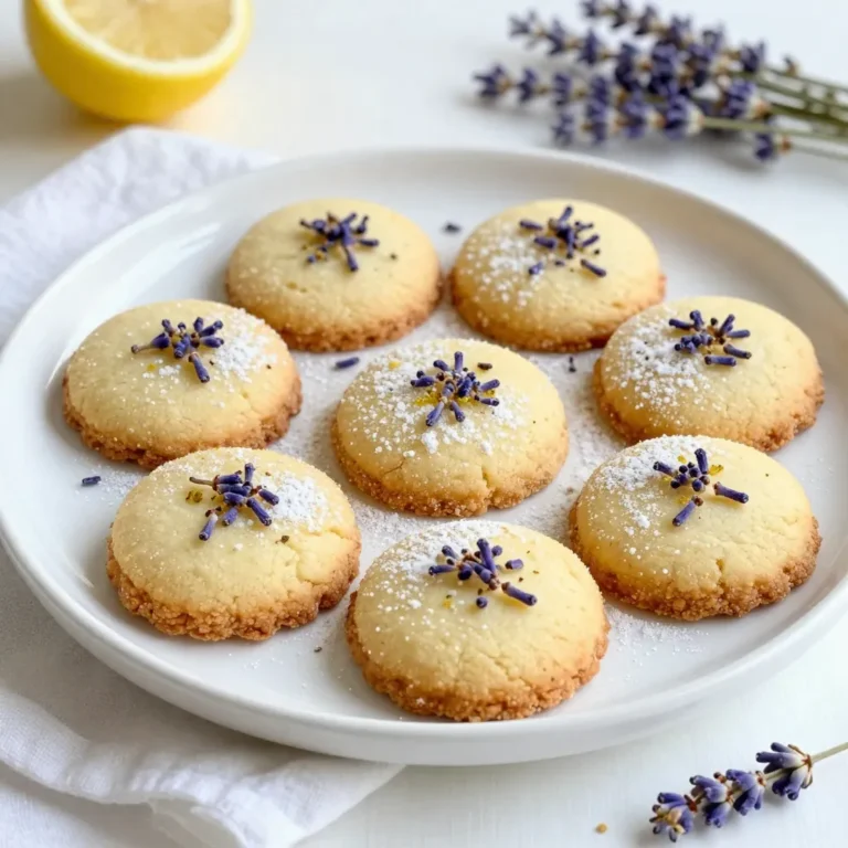 - 1 cup unsalted butter, softened - ½ cup powdered sugar - 2 cups all-purpose flour - 1 tablespoon culinary lavender buds - Zest of 1 large lemon - 2 tablespoons fresh lemon juice - ½ teaspoon salt To make Lemon Lavender Shortbread, you need simple yet rich ingredients. Start with unsalted butter. It gives the cookies a creamy taste. Use powdered sugar for sweetness. This sugar blends well, making the cookies tender. Next, grab all-purpose flour. This will give structure. Culinary lavender buds add a floral hint. They make these cookies special. Fresh lemon zest and juice bring brightness. The citrus taste lifts the flavors. Finally, add a pinch of salt. Salt balances sweetness and enhances taste. - Additional powdered sugar for dusting You can sprinkle more powdered sugar on top. This is optional, but it adds a nice touch. It makes the cookies look fancy and sweet! {{ingredient_image_1}} 1. First, preheat your oven to 350°F (175°C). Line a baking sheet with parchment paper. This helps the cookies not stick. 2. In a large bowl, cream together 1 cup of softened unsalted butter and ½ cup of powdered sugar. Mix until the texture is light and fluffy. 3. Next, add the zest of one large lemon, 2 tablespoons of fresh lemon juice, and ½ teaspoon of salt to the butter mixture. Stir until everything is well mixed. 1. Now, gently fold in 2 cups of all-purpose flour and 1 tablespoon of culinary lavender buds. Use a spatula and mix until the dough forms. Don't overmix; it should be soft and crumbly. 2. Turn the dough out onto a lightly floured surface. Shape the dough into a disc that is about 1 inch thick. Wrap the disc in plastic wrap and chill it in the fridge for at least 30 minutes. 3. Once chilled, remove the dough from the fridge. Roll it out to about ¼ inch thick. Cut out shapes using cookie cutters or a sharp knife. 1. Place the cutouts on the prepared baking sheet. Leave some space between each cookie for even baking. 2. Bake the cookies in the preheated oven for 12-15 minutes. Look for lightly golden edges. Once done, take them out and let them cool on the baking sheet for a few minutes. 3. Transfer the cooled cookies to a wire rack. If you like, dust them with additional powdered sugar for a sweet finish. To make great shortbread, avoid overmixing the dough. When you mix too much, the cookies become tough. Mix just until the ingredients combine, and the dough feels soft. Chilling the dough is also important. It helps the butter firm up. This makes the cookies hold their shape while baking. Wrap the shaped dough in plastic wrap and chill for at least 30 minutes. This step is key to a perfect cookie. Using fresh lavender makes a big difference. Fresh lavender has a bright flavor. Dried lavender can work too but may taste more muted. If you use dried lavender, reduce the amount slightly. You can also try other citrus zests. Orange or lime zest adds a new twist. Each citrus brings its own flavor, making your cookies special. For a lovely presentation, arrange the cookies on a colorful platter. Add a sprinkle of lavender buds around them for a nice touch. Pair these cookies with a cup of tea or lemonade. The citrus flavors in the cookies match well with both drinks. Enjoying them together makes for a delightful snack. Pro Tips Chill the Dough: For the best texture, ensure the dough is chilled properly. This helps the butter firm up, resulting in a crispier cookie. Use Fresh Ingredients: Opt for fresh lemon juice and zest, as well as high-quality culinary lavender for the most vibrant flavor. Watch the Baking Time: Keep an eye on the cookies as they bake; they should be lightly golden at the edges but not overly brown. Experiment with Shapes: Get creative with your cookie cutters; different shapes can add a fun touch to your presentation! {{image_2}} You can change the taste of your lemon lavender shortbread with a few easy swaps. Adding herbs or spices can give your cookies a unique twist. Try mixing in some finely chopped rosemary or thyme for an earthy flavor. You can also infuse your cookies with vanilla or almond extract. Just add a teaspoon of either to the butter mixture. This adds warmth and depth to each bite. If you're looking to make this recipe gluten-free, swap all-purpose flour for a gluten-free flour blend. Many brands work well and keep the cookies tender. For those who prefer a vegan option, use coconut oil or vegan butter instead of unsalted butter. Both options provide a similar taste and texture, so your cookies stay delicious. The shape of your shortbread can change its look and feel. Use fun cookie cutters to make festive shapes for special occasions. You can even roll the dough into logs and slice them into rounds for a classic look. If you want to make shortbread bars, simply press the dough into a baking dish and cut it into squares after baking. This gives you a lovely presentation for gatherings. To keep your lemon lavender shortbread fresh, use an airtight container. It helps seal in moisture and flavor. Choose a container that is not too big; a snug fit works best. This way, your cookies stay crispy and tasty. Store the cookies at room temperature. They will stay fresh for about one week. If you want to enjoy them longer, consider freezing. You can freeze either the dough or baked cookies. For dough, shape it into a disc. Wrap it in plastic wrap and place it in a freezer bag. Label the bag with the date. It will last up to three months. To freeze baked cookies, let them cool completely first. Then, layer them between parchment paper in a freezer-safe container. This keeps them from sticking together. They can also last for three months in the freezer. When you are ready to enjoy them, thaw the dough overnight in the fridge. For baked cookies, just take them out and let them sit at room temperature for about 30 minutes. You can also warm them in the oven for a few minutes. This restores their delightful texture and flavor. To measure flour well, use a spoon to fill your measuring cup. Avoid scooping directly from the bag. This helps keep the flour light and prevents packing. Level it off with a knife for accuracy. Measuring flour this way gives your cookies the best texture. Yes, you can use dried lavender. It has a more intense flavor than fresh lavender. Use about half the amount of dried lavender compared to fresh. This helps keep the taste balanced. Both types bring a lovely aroma to your cookies. These cookies can last up to a week. Store them in an airtight container to keep them fresh. They taste best within the first few days. If you want to keep them longer, you can freeze them for up to three months. Absolutely! You can try adding different citrus zests, like orange or lime. You can also experiment with herbs like rosemary or mint. Just remember to balance the flavors to keep the cookies tasty. This recipe is flexible and fun to customize! You now have a clear guide to making delicious lemon lavender shortbread. We covered key ingredients, step-by-step instructions, and helpful tips. You can also explore variations or storage methods to keep your cookies fresh. Don’t hesitate to get creative with flavors and shapes. Baking is fun and offers endless possibilities. Enjoy every bite of your homemade cookies, and share them with friends. They will love them just as much as you do!