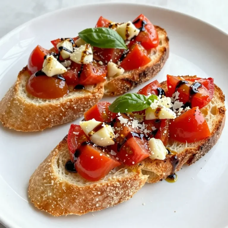 - Baguette, sliced into 1/2 inch pieces - 4 ripe tomatoes, diced - 1 head of garlic, roasted - 2 tablespoons fresh basil, chopped - 2 tablespoons balsamic vinegar - 3 tablespoons olive oil - Salt and pepper to taste - Optional: 1/4 cup grated Parmesan cheese - Grated Parmesan cheese When making this bruschetta, use the best tomatoes you can find. Heirloom tomatoes add great flavor and color. Also, fresh basil makes a big difference. It gives your dish a bright taste. Use high-quality olive oil for the best results. Olive oil adds richness and depth to the bruschetta. Avoid old or cheap oils. Always choose fresh, vibrant ingredients to make your bruschetta shine. {{ingredient_image_1}} First, you need to preheat your oven to 400°F (200°C). Take a whole head of garlic and wrap it in aluminum foil. Drizzle one tablespoon of olive oil on it. This will help the garlic become soft and sweet. Roast it in the oven for 30-35 minutes. You will know it's ready when it feels soft to touch. Let it cool before you handle it. Next, grab a mixing bowl. Dice four ripe tomatoes and add them to the bowl. Then, chop two tablespoons of fresh basil and toss that in too. Pour in two tablespoons of balsamic vinegar and three tablespoons of olive oil. Now, squeeze the roasted garlic cloves from their skins into the bowl. Mash them up and mix everything well. Finally, season with salt and pepper to your taste. While your tomato mixture sits, it’s time to toast the baguette. Slice your baguette into half-inch pieces. Lay them on a baking sheet. Drizzle some olive oil over the slices. Toast them in the oven for about 5-7 minutes. Watch them closely until they turn lightly golden and crisp. This will give your bruschetta a nice crunch. When choosing tomatoes, I prefer either heirloom or Roma. Heirloom tomatoes offer great flavor and color. They add a unique touch to your bruschetta. Roma tomatoes are firm and juicy. They hold up well when chopped. Both types work great, so pick what you like best. Timing is key when roasting garlic. Preheat your oven to 400°F (200°C) for the best results. Wrap the garlic in foil and drizzle it with olive oil. Roast for 30-35 minutes. When done, the garlic should be soft and caramelized. Let it cool before using. This garlic will add a sweet and rich taste to your dish. Layering is important for flavor and looks. Start with the toasted baguette slices. Spoon a generous amount of the tomato and garlic mix on top. Make sure each slice gets a good amount. If you like cheese, sprinkle some Parmesan on top. This adds a nice finish and extra flavor that everyone will enjoy. Pro Tips Choose the Right Tomatoes: For the best flavor, use ripe, in-season tomatoes. Heirloom or vine-ripened tomatoes add a wonderful sweetness and depth to your bruschetta. Perfectly Roasted Garlic: Make sure to roast your garlic until it is golden and soft for a sweeter, more mellow flavor. This will enhance the overall taste of your bruschetta. Olive Oil Drizzle: Drizzling high-quality extra virgin olive oil over the finished bruschetta adds richness and enhances the dish's flavors. Don’t skip this step! Customize Your Toppings: Feel free to add other toppings like diced avocado, olives, or feta cheese for a twist on the classic bruschetta. Get creative! {{image_2}} You can get creative with your bruschetta! Here are some fun ideas for toppings: - Cheese options: Try goat cheese, feta, or mozzarella. Each cheese gives a unique taste. - Vegetables: Add sliced olives, roasted red peppers, or even arugula for a fresh crunch. - Spreads: A thin layer of pesto or hummus can add depth to your bruschetta. If you're looking for gluten-free options, you can swap the baguette. Here are some ideas: - Gluten-free baguette: Many stores sell gluten-free bread. Look for ones with good texture. - Rice cakes: They can be a light, crispy base for your toppings. - Polenta rounds: Cook and slice polenta, then toast for a unique twist. Want to make your bruschetta even tastier? Here are some spices and herbs to add: - Basil: Fresh basil is great, but try adding dried oregano for a different flavor. - Red pepper flakes: A pinch of these can add a nice kick to your dish. - Lemon zest: Adding this gives a bright, fresh flavor that wakes up the taste buds. Feel free to mix and match these options. Each variation can turn your bruschetta into a new delight! To keep your bruschetta fresh, store each component separately. Place the tomato mixture in an airtight container. It will last for 2-3 days in the fridge. For the toasted baguette, use a paper bag to keep it crisp. Avoid plastic bags, as they trap moisture. If you have leftover roasted garlic, store it in a small container. It lasts about a week in the fridge. To revive the toasted bread, preheat your oven to 350°F (175°C). Place the baguette slices on a baking sheet. Heat for about 5-7 minutes until warm and crisp again. For the tomato mix, warm it gently in a pan over low heat. Stir it often to keep it fresh. You can also enjoy the mixture cold, straight from the fridge! You can freeze the tomato mixture, but it may lose some texture. Place it in a freezer-safe container for up to 3 months. When ready to use, thaw it overnight in the fridge. Toasted baguette slices do not freeze well. They become soggy when thawed. Instead, toast a fresh batch for the best taste! Roasted garlic lasts about 1 week in the fridge. Store it in an airtight container to keep it fresh. You can also freeze roasted garlic for up to 3 months. To freeze, place cloves in a freezer bag. This way, you can enjoy it later. Yes, you can prep bruschetta ahead of time. Make the tomato mixture and store it in the fridge for up to 2 days. Just remember to toast the baguette right before serving. Toasting keeps the bread crispy and tasty. Bruschetta pairs well with many meals and snacks. You can serve it with a fresh salad or as a starter before pasta. It also works great with cheese and wine. For a fun twist, try it with hummus or olive tapenade. This post guided you through making delicious bruschetta. You learned about fresh ingredients like tomatoes and garlic. You also discovered great techniques for roasting and toasting. Plus, we talked about storage tips and fun variations. In the end, making bruschetta is simple and fun. Enjoy your tasty creation! Experiment with flavors and find what you love best. Let your creativity shine in the kitchen.