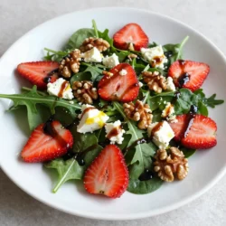 - 4 cups mixed salad greens (arugula, spinach, and romaine) - 1 cup fresh strawberries, hulled and sliced - 1/2 cup crumbled feta cheese - 1/4 cup walnuts, toasted and roughly chopped - 1/4 cup balsamic glaze - 2 tablespoons olive oil - 1 tablespoon honey - Salt and pepper to taste Gather these fresh ingredients for a vibrant Balsamic Strawberry Salad. Start with mixed salad greens. I love using a mix of arugula, spinach, and romaine. Each green adds a different taste and texture. Next, pick ripe strawberries. They should be bright red and sweet. Slice them up and toss them into the bowl. The strawberries give a juicy pop to each bite. Now, add crumbled feta cheese. This cheese brings a nice creaminess and tanginess to the salad. Don’t skip it! To add some crunch, toss in toasted walnuts. Toasting brings out their nutty flavor. Just chop them roughly before adding them in. For the dressing, you’ll need balsamic glaze, olive oil, and honey. The glaze adds sweetness and depth. Use good-quality olive oil for the best taste. A touch of honey balances the flavors well. Finally, season with salt and pepper. They enhance the taste of all the fresh ingredients. {{ingredient_image_1}} - Combine greens and strawberries: Take a large bowl. Add 4 cups of mixed salad greens. Use arugula, spinach, and romaine for great flavor. Slice 1 cup of fresh strawberries and add them to the bowl. Mix gently to blend the greens and strawberries. - Add feta and walnuts: Next, sprinkle 1/2 cup of crumbled feta cheese on top. Add 1/4 cup of toasted walnuts, roughly chopped. This adds a nice crunch and rich flavor. Make sure the feta and walnuts are spread evenly. - Prepare dressing: In a small bowl, whisk together the balsamic glaze, olive oil, honey, and a pinch of salt and pepper. Use 1/4 cup of balsamic glaze, 2 tablespoons of olive oil, and 1 tablespoon of honey. Mix until everything is well combined. - Drizzle and toss: Drizzle the dressing over the salad in the large bowl. Gently toss the salad to mix all the ingredients. Ensure the greens, strawberries, cheese, and nuts are evenly coated. Taste and add more salt and pepper if needed. Serve right away on chilled plates for a fresh, tasty dish. Choosing ripe strawberries Select strawberries that are deep red and firm. Look for ones that smell sweet. Avoid berries with green or white spots. These are not fully ripe. Ripe strawberries taste better and add more flavor. Selecting quality feta cheese Pick feta that is creamy and fresh. Crumbly feta adds texture to the salad. You can find feta in blocks or crumbled. I prefer buying blocks for better quality. Crumble it just before adding to the salad. Toasting walnuts for flavor Toasting walnuts enhances their flavor. Place them in a dry pan over medium heat. Stir them for about 5 minutes until they are golden. Watch closely to prevent burning. Toasted walnuts add a nice crunch to your salad. Presentation ideas Serve your salad on chilled plates for a fresh look. Arrange greens, strawberries, and feta in layers. Scatter walnuts on top for a pop of color. Drizzle dressing just before serving to keep it crisp. Best times to serve This salad is perfect for summer picnics or light lunches. Serve it as a side dish at barbecues. It also works well for a light dinner. Enjoy it as a snack when you want something healthy and tasty. Pro Tips Freshness is Key: Always use the freshest strawberries you can find for the best flavor and texture in your salad. Toast Your Nuts: Toasting walnuts enhances their flavor and adds a delightful crunch to your salad. Chill Your Plates: Serve the salad on chilled plates to keep it refreshing and cool for longer. Dress Wisely: Drizzle the dressing just before serving to prevent the greens from wilting and maintain their crispiness. {{image_2}} You can boost this salad with protein. Grilled chicken adds a savory touch. Use boneless, skinless chicken breasts for best results. Simply grill them until cooked through and slice them thinly. Quinoa is another great option. It's a superfood packed with nutrients. Cook it according to the package instructions, then let it cool before adding it to your salad. Quinoa adds a nice crunch and fills you up. Feel free to switch up the cheese. Goat cheese offers a creamy texture and tangy flavor. You can even use mozzarella for a milder taste. When it comes to nuts, try pecans or almonds. Both add a unique flavor and crunch. Toast them lightly for even more taste. This way, you can personalize your salad to fit your taste. To keep your Balsamic Strawberry Salad fresh, store leftovers right away. Place the salad in an airtight container. This helps prevent wilting and sogginess. Use a container that fits snugly. Glass or plastic containers work well. Make sure the lid seals tightly. You can keep it in the fridge for up to two days. If you notice the greens getting brown or mushy, it’s time to toss them. Prepping ingredients in advance makes this salad easy to enjoy. You can wash and slice strawberries ahead of time. Store them in a separate container. This keeps them fresh and ready to use. You can also mix the salad greens and walnuts together. Keep them in another container. When you are ready to eat, assemble the salad just before serving. This keeps everything crisp and fresh. Drizzle the dressing on top at the last minute. Toss gently to combine all the flavors. This way, your salad stays bright and tasty! Can I make this salad ahead of time? Yes, you can prepare some parts in advance. Slice the strawberries and mix the greens. Keep the dressing separate. Toss it all together just before serving. This keeps the salad fresh and crunchy. Is balsamic glaze the same as balsamic vinegar? No, they are different. Balsamic glaze is thicker and sweeter. It cooks balsamic vinegar down to a syrupy texture. You can use balsamic vinegar, but the glaze adds a richer taste. How do I keep salad greens fresh longer? Store greens in a clean, dry container. Use a paper towel to absorb extra moisture. Seal it well and place it in the fridge. This helps keep them crisp for several days. This salad combines fresh ingredients to create a delightful dish. You learned how to mix greens, strawberries, feta, and walnuts for a tasty salad. I shared tips on selecting ripe fruit and high-quality cheese. You can save time by prepping ingredients ahead. Finally, feel free to tweak and customize the salad to fit your taste. Enjoy trying this refreshing and healthy dish!