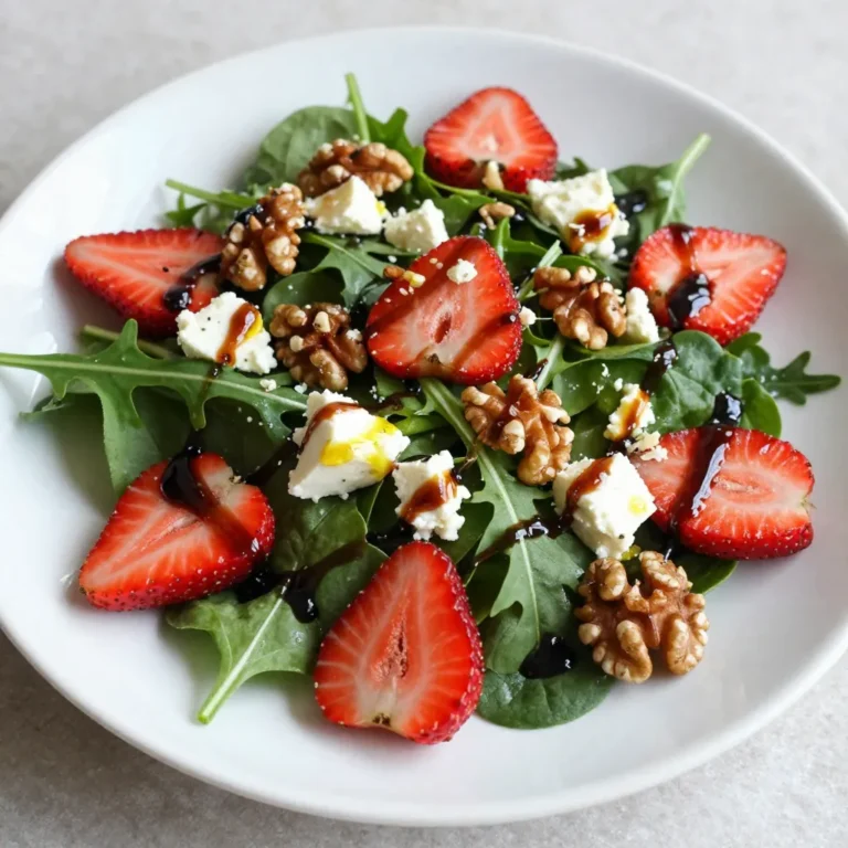 - 4 cups mixed salad greens (arugula, spinach, and romaine) - 1 cup fresh strawberries, hulled and sliced - 1/2 cup crumbled feta cheese - 1/4 cup walnuts, toasted and roughly chopped - 1/4 cup balsamic glaze - 2 tablespoons olive oil - 1 tablespoon honey - Salt and pepper to taste Gather these fresh ingredients for a vibrant Balsamic Strawberry Salad. Start with mixed salad greens. I love using a mix of arugula, spinach, and romaine. Each green adds a different taste and texture. Next, pick ripe strawberries. They should be bright red and sweet. Slice them up and toss them into the bowl. The strawberries give a juicy pop to each bite. Now, add crumbled feta cheese. This cheese brings a nice creaminess and tanginess to the salad. Don’t skip it! To add some crunch, toss in toasted walnuts. Toasting brings out their nutty flavor. Just chop them roughly before adding them in. For the dressing, you’ll need balsamic glaze, olive oil, and honey. The glaze adds sweetness and depth. Use good-quality olive oil for the best taste. A touch of honey balances the flavors well. Finally, season with salt and pepper. They enhance the taste of all the fresh ingredients. {{ingredient_image_1}} - Combine greens and strawberries: Take a large bowl. Add 4 cups of mixed salad greens. Use arugula, spinach, and romaine for great flavor. Slice 1 cup of fresh strawberries and add them to the bowl. Mix gently to blend the greens and strawberries. - Add feta and walnuts: Next, sprinkle 1/2 cup of crumbled feta cheese on top. Add 1/4 cup of toasted walnuts, roughly chopped. This adds a nice crunch and rich flavor. Make sure the feta and walnuts are spread evenly. - Prepare dressing: In a small bowl, whisk together the balsamic glaze, olive oil, honey, and a pinch of salt and pepper. Use 1/4 cup of balsamic glaze, 2 tablespoons of olive oil, and 1 tablespoon of honey. Mix until everything is well combined. - Drizzle and toss: Drizzle the dressing over the salad in the large bowl. Gently toss the salad to mix all the ingredients. Ensure the greens, strawberries, cheese, and nuts are evenly coated. Taste and add more salt and pepper if needed. Serve right away on chilled plates for a fresh, tasty dish. Choosing ripe strawberries Select strawberries that are deep red and firm. Look for ones that smell sweet. Avoid berries with green or white spots. These are not fully ripe. Ripe strawberries taste better and add more flavor. Selecting quality feta cheese Pick feta that is creamy and fresh. Crumbly feta adds texture to the salad. You can find feta in blocks or crumbled. I prefer buying blocks for better quality. Crumble it just before adding to the salad. Toasting walnuts for flavor Toasting walnuts enhances their flavor. Place them in a dry pan over medium heat. Stir them for about 5 minutes until they are golden. Watch closely to prevent burning. Toasted walnuts add a nice crunch to your salad. Presentation ideas Serve your salad on chilled plates for a fresh look. Arrange greens, strawberries, and feta in layers. Scatter walnuts on top for a pop of color. Drizzle dressing just before serving to keep it crisp. Best times to serve This salad is perfect for summer picnics or light lunches. Serve it as a side dish at barbecues. It also works well for a light dinner. Enjoy it as a snack when you want something healthy and tasty. Pro Tips Freshness is Key: Always use the freshest strawberries you can find for the best flavor and texture in your salad. Toast Your Nuts: Toasting walnuts enhances their flavor and adds a delightful crunch to your salad. Chill Your Plates: Serve the salad on chilled plates to keep it refreshing and cool for longer. Dress Wisely: Drizzle the dressing just before serving to prevent the greens from wilting and maintain their crispiness. {{image_2}} You can boost this salad with protein. Grilled chicken adds a savory touch. Use boneless, skinless chicken breasts for best results. Simply grill them until cooked through and slice them thinly. Quinoa is another great option. It's a superfood packed with nutrients. Cook it according to the package instructions, then let it cool before adding it to your salad. Quinoa adds a nice crunch and fills you up. Feel free to switch up the cheese. Goat cheese offers a creamy texture and tangy flavor. You can even use mozzarella for a milder taste. When it comes to nuts, try pecans or almonds. Both add a unique flavor and crunch. Toast them lightly for even more taste. This way, you can personalize your salad to fit your taste. To keep your Balsamic Strawberry Salad fresh, store leftovers right away. Place the salad in an airtight container. This helps prevent wilting and sogginess. Use a container that fits snugly. Glass or plastic containers work well. Make sure the lid seals tightly. You can keep it in the fridge for up to two days. If you notice the greens getting brown or mushy, it’s time to toss them. Prepping ingredients in advance makes this salad easy to enjoy. You can wash and slice strawberries ahead of time. Store them in a separate container. This keeps them fresh and ready to use. You can also mix the salad greens and walnuts together. Keep them in another container. When you are ready to eat, assemble the salad just before serving. This keeps everything crisp and fresh. Drizzle the dressing on top at the last minute. Toss gently to combine all the flavors. This way, your salad stays bright and tasty! Can I make this salad ahead of time? Yes, you can prepare some parts in advance. Slice the strawberries and mix the greens. Keep the dressing separate. Toss it all together just before serving. This keeps the salad fresh and crunchy. Is balsamic glaze the same as balsamic vinegar? No, they are different. Balsamic glaze is thicker and sweeter. It cooks balsamic vinegar down to a syrupy texture. You can use balsamic vinegar, but the glaze adds a richer taste. How do I keep salad greens fresh longer? Store greens in a clean, dry container. Use a paper towel to absorb extra moisture. Seal it well and place it in the fridge. This helps keep them crisp for several days. This salad combines fresh ingredients to create a delightful dish. You learned how to mix greens, strawberries, feta, and walnuts for a tasty salad. I shared tips on selecting ripe fruit and high-quality cheese. You can save time by prepping ingredients ahead. Finally, feel free to tweak and customize the salad to fit your taste. Enjoy trying this refreshing and healthy dish!
