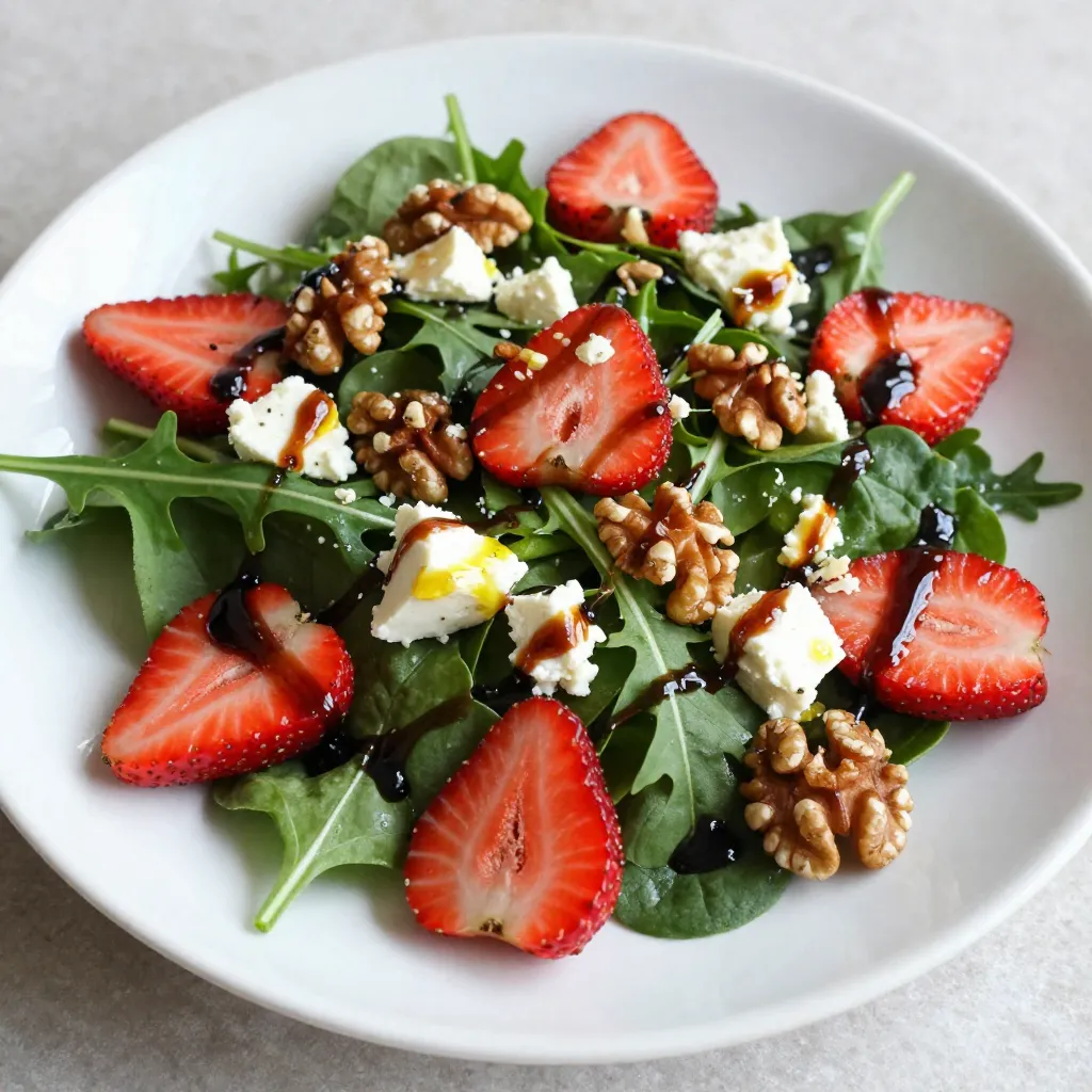 - 4 cups mixed salad greens (arugula, spinach, and romaine) - 1 cup fresh strawberries, hulled and sliced - 1/2 cup crumbled feta cheese - 1/4 cup walnuts, toasted and roughly chopped - 1/4 cup balsamic glaze - 2 tablespoons olive oil - 1 tablespoon honey - Salt and pepper to taste Gather these fresh ingredients for a vibrant Balsamic Strawberry Salad. Start with mixed salad greens. I love using a mix of arugula, spinach, and romaine. Each green adds a different taste and texture. Next, pick ripe strawberries. They should be bright red and sweet. Slice them up and toss them into the bowl. The strawberries give a juicy pop to each bite. Now, add crumbled feta cheese. This cheese brings a nice creaminess and tanginess to the salad. Don’t skip it! To add some crunch, toss in toasted walnuts. Toasting brings out their nutty flavor. Just chop them roughly before adding them in. For the dressing, you’ll need balsamic glaze, olive oil, and honey. The glaze adds sweetness and depth. Use good-quality olive oil for the best taste. A touch of honey balances the flavors well. Finally, season with salt and pepper. They enhance the taste of all the fresh ingredients. {{ingredient_image_1}} - Combine greens and strawberries: Take a large bowl. Add 4 cups of mixed salad greens. Use arugula, spinach, and romaine for great flavor. Slice 1 cup of fresh strawberries and add them to the bowl. Mix gently to blend the greens and strawberries. - Add feta and walnuts: Next, sprinkle 1/2 cup of crumbled feta cheese on top. Add 1/4 cup of toasted walnuts, roughly chopped. This adds a nice crunch and rich flavor. Make sure the feta and walnuts are spread evenly. - Prepare dressing: In a small bowl, whisk together the balsamic glaze, olive oil, honey, and a pinch of salt and pepper. Use 1/4 cup of balsamic glaze, 2 tablespoons of olive oil, and 1 tablespoon of honey. Mix until everything is well combined. - Drizzle and toss: Drizzle the dressing over the salad in the large bowl. Gently toss the salad to mix all the ingredients. Ensure the greens, strawberries, cheese, and nuts are evenly coated. Taste and add more salt and pepper if needed. Serve right away on chilled plates for a fresh, tasty dish. Choosing ripe strawberries Select strawberries that are deep red and firm. Look for ones that smell sweet. Avoid berries with green or white spots. These are not fully ripe. Ripe strawberries taste better and add more flavor. Selecting quality feta cheese Pick feta that is creamy and fresh. Crumbly feta adds texture to the salad. You can find feta in blocks or crumbled. I prefer buying blocks for better quality. Crumble it just before adding to the salad. Toasting walnuts for flavor Toasting walnuts enhances their flavor. Place them in a dry pan over medium heat. Stir them for about 5 minutes until they are golden. Watch closely to prevent burning. Toasted walnuts add a nice crunch to your salad. Presentation ideas Serve your salad on chilled plates for a fresh look. Arrange greens, strawberries, and feta in layers. Scatter walnuts on top for a pop of color. Drizzle dressing just before serving to keep it crisp. Best times to serve This salad is perfect for summer picnics or light lunches. Serve it as a side dish at barbecues. It also works well for a light dinner. Enjoy it as a snack when you want something healthy and tasty. Pro Tips Freshness is Key: Always use the freshest strawberries you can find for the best flavor and texture in your salad. Toast Your Nuts: Toasting walnuts enhances their flavor and adds a delightful crunch to your salad. Chill Your Plates: Serve the salad on chilled plates to keep it refreshing and cool for longer. Dress Wisely: Drizzle the dressing just before serving to prevent the greens from wilting and maintain their crispiness. {{image_2}} You can boost this salad with protein. Grilled chicken adds a savory touch. Use boneless, skinless chicken breasts for best results. Simply grill them until cooked through and slice them thinly. Quinoa is another great option. It's a superfood packed with nutrients. Cook it according to the package instructions, then let it cool before adding it to your salad. Quinoa adds a nice crunch and fills you up. Feel free to switch up the cheese. Goat cheese offers a creamy texture and tangy flavor. You can even use mozzarella for a milder taste. When it comes to nuts, try pecans or almonds. Both add a unique flavor and crunch. Toast them lightly for even more taste. This way, you can personalize your salad to fit your taste. To keep your Balsamic Strawberry Salad fresh, store leftovers right away. Place the salad in an airtight container. This helps prevent wilting and sogginess. Use a container that fits snugly. Glass or plastic containers work well. Make sure the lid seals tightly. You can keep it in the fridge for up to two days. If you notice the greens getting brown or mushy, it’s time to toss them. Prepping ingredients in advance makes this salad easy to enjoy. You can wash and slice strawberries ahead of time. Store them in a separate container. This keeps them fresh and ready to use. You can also mix the salad greens and walnuts together. Keep them in another container. When you are ready to eat, assemble the salad just before serving. This keeps everything crisp and fresh. Drizzle the dressing on top at the last minute. Toss gently to combine all the flavors. This way, your salad stays bright and tasty! Can I make this salad ahead of time? Yes, you can prepare some parts in advance. Slice the strawberries and mix the greens. Keep the dressing separate. Toss it all together just before serving. This keeps the salad fresh and crunchy. Is balsamic glaze the same as balsamic vinegar? No, they are different. Balsamic glaze is thicker and sweeter. It cooks balsamic vinegar down to a syrupy texture. You can use balsamic vinegar, but the glaze adds a richer taste. How do I keep salad greens fresh longer? Store greens in a clean, dry container. Use a paper towel to absorb extra moisture. Seal it well and place it in the fridge. This helps keep them crisp for several days. This salad combines fresh ingredients to create a delightful dish. You learned how to mix greens, strawberries, feta, and walnuts for a tasty salad. I shared tips on selecting ripe fruit and high-quality cheese. You can save time by prepping ingredients ahead. Finally, feel free to tweak and customize the salad to fit your taste. Enjoy trying this refreshing and healthy dish!