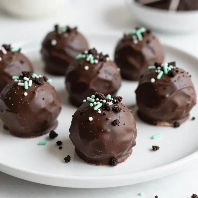 Here are the ingredients you need for Chocolate Mint Oreo Truffles: - 1 package (15.25 oz) Oreo cookies - 8 oz cream cheese, softened - 1 teaspoon peppermint extract - 1 cup semi-sweet chocolate chips - 1 tablespoon coconut oil (optional) - ½ teaspoon green food coloring (optional) - Mint sprinkles or crushed Oreos for garnish To make these truffles, start with the Oreo cookies. They give the truffles their rich flavor. The cream cheese adds a creamy texture. Peppermint extract brings a fresh, minty taste. Chocolate chips coat the truffles and add sweetness. You can use coconut oil to make the chocolate smoother when melting. Green food coloring is fun for a festive look, but it’s not required. Mint sprinkles or crushed Oreos make lovely toppings. Gather all these ingredients before you begin. It keeps your cooking process smooth and fun. {{ingredient_image_1}} To crush Oreos, start by placing them in a food processor. Pulse until they turn into fine crumbs. If you don’t have a food processor, use a sealed bag. Place the cookies inside and crush them with a rolling pin. Aim for a crumb texture, not powder. This gives the truffles a nice bite. Next, grab a large mixing bowl. Add the crushed Oreos, softened cream cheese, and peppermint extract. Use a spatula or your hands to mix everything together. Keep mixing until you have a smooth, dough-like texture. This blend brings together rich flavors and a creamy feel. Now it’s time to shape the truffles. Scoop out small portions and roll them into balls, about one inch in size. Place these on a baking sheet lined with parchment paper. Once shaped, put the baking sheet in the freezer for about 30 minutes. This helps the truffles firm up nicely. While the truffles chill, melt your chocolate. Use a microwave-safe bowl to heat the semi-sweet chocolate chips. Heat them in 30-second intervals, stirring after each. Keep going until the chocolate is smooth. If you want a smoother dip, add coconut oil and stir it in. After chilling, take out the truffles. Dip each one into the melted chocolate. Make sure they are fully coated. Use a fork to lift them out and let any excess chocolate drip off. If you’re using green food coloring, add it to the leftover chocolate for a fun swirl effect. Drizzle this over the truffles. Quickly sprinkle mint sprinkles or crushed Oreos on top. Let the chocolate harden at room temperature or place the truffles in the fridge. This should take about 15 to 20 minutes. Once the chocolate sets, your truffles are ready. Serve them on a decorative plate or in small cupcake liners. Enjoy your tasty treats! To get the right texture for your truffles, mix the crushed Oreos with softened cream cheese. Use your hands or a spatula to blend them well. The mixture should feel moist but not too sticky. If it seems dry, add a tiny bit of cream cheese. If it’s too wet, add more crushed Oreos. Chill the truffles to help them firm up before dipping. Store your truffles in a cool place. You can keep them in the fridge for up to a week. If you want to keep them longer, freeze them. Just place them in an airtight container. They can last for up to three months in the freezer. Remember to let them thaw in the fridge before serving. One common mistake is over-mixing the ingredients. This can make your truffles too soft to shape. Another mistake is not chilling them long enough. If the truffles are too soft, they will fall apart when you dip them in chocolate. Lastly, don’t skip the garnish. It adds a nice touch and makes them look even more tempting! Pro Tips Chilling is Key: Ensure the truffles are fully chilled before dipping in chocolate; this helps maintain their shape and makes the coating easier. Use Quality Chocolate: Opt for high-quality semi-sweet chocolate for a richer flavor; it makes a significant difference in the final taste of the truffles. Experiment with Flavors: Don’t hesitate to substitute peppermint extract with other flavors like orange or almond for a unique twist on these truffles. Storage Tips: Store the truffles in an airtight container in the refrigerator for up to a week for maximum freshness. {{image_2}} You can change the flavor of your truffles easily. Try adding orange extract for a citrus twist. Almond extract gives a nutty taste that pairs well with chocolate. For a fun twist, use crushed candy canes instead of Oreos. This gives your truffles a festive touch. You can also mix in flavored syrups for added sweetness and complexity. Garnishing your truffles can make them pop! Instead of mint sprinkles, try crushed nuts like almonds or pecans. Shredded coconut can add a tropical vibe. You can also drizzle white chocolate on top for a beautiful contrast. For a fun touch, use colored sugar or edible glitter. These options can make your truffles look like little jewels. If you want to make these truffles fit special diets, there are simple swaps. For a gluten-free version, choose gluten-free Oreo cookies. You can use dairy-free cream cheese and chocolate chips for a vegan option. If you need to cut sugar, try using sugar-free cookies and sweeteners. These changes make the truffles more inclusive while keeping them delicious. To keep your Chocolate Mint Oreo Truffles fresh, store them in an airtight container. Line the container with parchment paper for extra protection. This helps prevent sticking and keeps the truffles intact. Always place them in the fridge. This keeps them cool and firm. When stored properly, these truffles last about one week in the fridge. You can enjoy the rich flavors for days. If you notice any changes in smell or texture, it’s best to throw them away. Trust your senses; they’ll guide you well. If you want to keep them longer, freezing is a great option. Place the truffles on a baking sheet in a single layer. Freeze them until solid. Once frozen, transfer them to a freezer-safe container. Label the container with the date. They can last up to three months in the freezer. To enjoy, let them thaw in the fridge for a few hours. No, you should not use regular cream cheese. You need softened cream cheese for easy mixing. Softened cream cheese blends well with crushed Oreos. It helps form a smooth truffle mixture. If it's too hard, your truffles won’t hold together right. The best way to melt chocolate is in a microwave. Use a microwave-safe bowl for this. Heat the chocolate chips in 30-second bursts. Stir the chocolate in between bursts. This keeps it from burning. If you want a smoother texture, add coconut oil while melting. To make these truffles vegan, swap the cream cheese. Use a dairy-free cream cheese instead. Replace semi-sweet chocolate with dairy-free chocolate chips. Always check the labels to ensure they are vegan. This way, everyone can enjoy these tasty treats! Yes, you can make these truffles ahead of time! They store well in the fridge. You can make them a day or two before serving. Just keep them in an airtight container. This keeps them fresh and tasty for when you’re ready to enjoy! You can make Oreo truffles with simple ingredients and easy steps. We covered everything from crushing Oreos to melting chocolate. Remember, consistency matters, and don’t skip the fun garnishes. Try different flavors or modify for dietary needs. These truffles are good to store and share. Following these tips will help you create tasty treats everyone loves. Enjoy making, eating, and sharing these delightful desserts!
