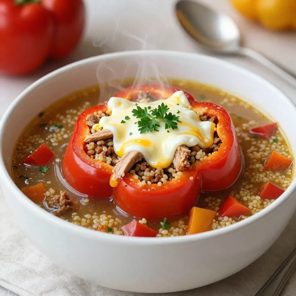 - 4 large bell peppers (any color), diced - 1 lb ground turkey or beef - 1 cup quinoa, rinsed - 1 can (15 oz) diced tomatoes, undrained - 4 cups vegetable broth - 1 medium onion, chopped - 2 cloves garlic, minced - 1 tsp Italian seasoning - Salt and pepper to taste - 1 cup shredded mozzarella cheese (for topping) - Fresh parsley, chopped (for garnish) To make a great stuffed bell pepper soup, focus on the ingredients. You need fresh bell peppers for color and crunch. I love using different colors for a vibrant dish. Ground turkey or beef gives the soup heartiness. Quinoa adds texture and is packed with protein. Diced tomatoes bring a juicy, tangy flavor. Vegetable broth forms the soup's base, making it rich and warm. Next, sauté a chopped onion and minced garlic. This step builds a great aroma and adds depth. Italian seasoning ties all the flavors together. Salt and pepper boost the taste. Don’t forget the toppings! Shredded mozzarella becomes melty and delicious on top. Fresh parsley adds a bright finish. This mix of flavors and textures makes each bite of the soup a delight. Enjoy the process of gathering these ingredients; they set the stage for a lovely dish. {{ingredient_image_1}} - Heat olive oil in a large soup pot. - Sauté onion and garlic until soft. Start by heating olive oil over medium heat in your pot. This gives the soup a rich base. Add the chopped onion and minced garlic. Cook them for about 3 to 5 minutes. You want them soft and fragrant. This step builds a great flavor for your soup. - Add ground turkey or beef, cook until browned. - Drain excess fat if necessary. Next, add the ground turkey or beef to the pot. Cook it until browned, which should take about 5 to 7 minutes. Break up the meat with a spoon as it cooks. If there’s too much fat, drain it. This keeps your soup light and tasty. - Stir in diced bell peppers and cook briefly. - Add quinoa, diced tomatoes, vegetable broth, and seasonings. - Bring to a boil and then simmer until cooked. Now, stir in the diced bell peppers. Cook them for about 5 minutes until they start to soften. Then, add quinoa, diced tomatoes (with juice), and vegetable broth. Don’t forget the Italian seasoning, salt, and pepper! Bring the pot to a boil. Cover it and reduce the heat to let it simmer. Cook for 20 to 25 minutes. This lets the flavors mix well and the quinoa to cook. Taste the soup and adjust the seasoning if needed. To make your soup extra tasty, try adjusting the seasoning. Start with salt and pepper. Taste as you go. You can also add more Italian seasoning for a bolder flavor. If you like it spicy, sprinkle in some crushed red pepper. For the right soup texture, aim for a balance between thick and brothy. If your soup is too thick, add more vegetable broth. If it's too thin, let it simmer longer without a lid. This will help reduce excess liquid. If you want a change from quinoa, use rice or farro. Both grains add a nice chew. You can also try lentils for a protein boost and unique texture. For meat, ground turkey and beef are great, but you can use ground chicken or pork. If you prefer a meatless option, try lentils or plant-based meat. Both options keep the soup hearty and filling. Get creative with toppings! Try adding sour cream or Greek yogurt for creaminess. A sprinkle of fresh herbs like cilantro or chives adds flavor. You can also add avocado slices for a rich touch. Pair your soup with crusty bread or a light salad. A simple mixed greens salad complements the flavors well. For a heartier meal, serve it with garlic bread or cheesy toast. Pro Tips Use Fresh Herbs: Fresh parsley or basil can brighten the flavors of your soup. Add them just before serving to maintain their vibrant taste. Customize the Protein: Feel free to swap ground turkey for chicken, or even plant-based meat alternatives for a vegetarian version. Add Spice: For a kick of heat, consider adding red pepper flakes or diced jalapeños to the mix while cooking. Make it Ahead: This soup tastes even better the next day! Prepare it in advance and store it in the fridge for up to 3 days. {{image_2}} You can make this soup vegetarian by swapping ground meat for plant-based protein. Try using lentils or crumbled tofu. These options add protein while keeping the soup tasty. You can also add more veggies like zucchini, corn, or carrots. This makes the soup heartier and boosts nutrition. Want some heat? Add jalapeños or crushed red pepper flakes to your soup. Start with a little and taste as you go. This way, you control the spice level. You can also add your favorite hot sauce for extra kick. Just a few dashes can bring bold flavors to your bowl. To give your soup a Mexican twist, add black or pinto beans. This makes the soup filling and savory. You can also use taco seasoning for more flavor. If you’re feeling adventurous, try adding curry spices for an Asian-inspired flavor. Using cumin, turmeric, or coriander can change the soup's taste in a delightful way. To store leftover stuffed bell pepper soup, let it cool first. Transfer the soup to an airtight container. Make sure to seal it tightly. You can keep it in the refrigerator for up to four days. This way, you can enjoy a warm bowl later in the week. If you want to freeze the soup, use a freezer-safe container. Leave some space at the top for expansion. The soup can last up to three months in the freezer. When you're ready to eat, thaw it in the fridge overnight. To reheat, warm it on the stove or in the microwave. Stir well to heat evenly. Enjoy your cozy meal! It takes about 45 minutes to cook stuffed bell pepper soup. You spend 15 minutes prepping the ingredients. Then, you cook the soup for about 30 minutes, which includes the simmering time. This soup is quick to make and full of flavor. Yes, you can make this soup ahead of time. It stores well in the fridge for 3 to 4 days. To prep, cook the soup and let it cool. Then, store it in an airtight container. You can also freeze it for up to 3 months. Just thaw it overnight in the fridge before reheating. If your soup is too thick, you can add more broth. Start with one cup of vegetable broth and stir well. If it still seems thick, add more broth until you reach the right consistency. You can also add water if you don't have broth. Just make sure to adjust the seasoning to keep the flavor strong. In this post, we explored how to make stuffed bell pepper soup. You learned about key ingredients, like bell peppers and quinoa, and discovered tips to enhance flavor. We also discussed variations, from vegetarian options to international twists, ensuring you can customize the dish. Plus, I shared storage tips to keep your soup fresh. This soup is simple, tasty, and perfect for sharing. Dive in, create your version, and enjoy every hearty spoonful. Happy cooking!