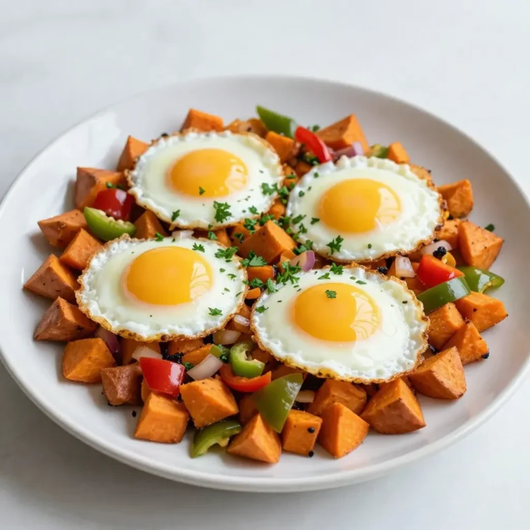 - 2 medium sweet potatoes, peeled and diced - 1 red bell pepper, chopped - 1 green bell pepper, chopped - 1 small red onion, diced - 2 cloves garlic, minced - 4 large eggs - 2 tablespoons olive oil - 1 teaspoon smoked paprika - ½ teaspoon cumin - Salt and pepper to taste You need fresh sweet potatoes for this dish. They add a natural sweetness and color. The red and green bell peppers bring crunch and flavor. Onions and garlic give depth to the taste. The eggs are the star, adding protein and richness. - Fresh parsley, chopped - Avocado slices - Feta cheese, crumbled - Lime wedges Garnishes can boost your dish's look and taste. Fresh parsley adds bright color. Creamy avocado slices give a nice contrast. Feta cheese adds saltiness. Lime wedges bring a zesty kick. - Smoked paprika - Cumin - Salt - Pepper Seasonings are key to flavor. Smoked paprika adds a warm, smoky taste. Cumin gives a hint of earthiness. Always adjust salt and pepper to your liking. These simple spices transform your hash into a tasty morning delight! {{ingredient_image_1}} First, grab your large skillet and heat the olive oil over medium heat. Add the diced sweet potatoes to the skillet. Season them with salt, pepper, smoked paprika, and cumin. Stir well to coat the sweet potatoes evenly. Cook them for about 10-12 minutes. Stir occasionally to make sure they cook evenly. You want them tender and slightly crispy on the outside. This step is key to a tasty hash. Once your sweet potatoes are ready, it’s time to add more color and flavor. Toss in the diced red onion and both bell peppers into the skillet. Sauté these veggies for an additional 5-7 minutes. You want the vegetables to become soft and the onion to turn translucent. This adds a nice sweet taste. Next, stir in the minced garlic, cooking for another 1-2 minutes. The smell will be amazing! Now comes the fun part! Use a spoon to create four small wells in the hash mixture. Crack an egg into each well. Cover your skillet with a lid and let the eggs cook for 5-8 minutes. This time depends on how you like your yolks. Once they are cooked to your liking, take the skillet off the heat. You can add more salt and pepper if needed. Carefully scoop the sweet potato hash with eggs onto plates. For a fresh touch, sprinkle with chopped parsley. Enjoy this vibrant dish! To get crispy sweet potatoes, you need to start with dry pieces. After peeling and dicing, let them sit for a few minutes. Pat them dry with a paper towel. Using the right heat is key. Heat olive oil in your skillet over medium heat. Add the sweet potatoes in a single layer. Avoid overcrowding the pan. This helps them crisp up. Cook for about 10-12 minutes, stirring often. Look for a nice golden color. If you want extra crispness, toss in a little cornstarch before cooking. The eggs add a nice touch to your hash. You can choose how you want to cook them. If you like runny yolks, cover the skillet for about 5 minutes. This keeps them soft and gooey. For firmer yolks, cook for 8 minutes. Keep an eye on them so they don’t overcook. You can also try poaching the eggs separately if you prefer. Just drop them in simmering water for a few minutes. One common mistake is not seasoning enough. Make sure to add salt and pepper early. This helps the flavors blend well. Another mistake is cooking the sweet potatoes too fast. If the heat is too high, they can burn outside and stay raw inside. Always stir often for even cooking. Lastly, avoid skipping the garlic. It adds a lot of flavor. Cook it only for a minute or two, so it doesn’t burn. Pro Tips Use Fresh Ingredients: Fresh sweet potatoes and vegetables will enhance the flavor and texture of your hash. Perfect Egg Cooking: To achieve perfectly runny yolks, cover the skillet while cooking the eggs and keep an eye on them to avoid overcooking. Customize with Spices: Feel free to experiment with different spices like cayenne pepper or chili powder for an extra kick. Meal Prep Friendly: This hash can be made in advance and reheated for a quick breakfast throughout the week! {{image_2}} You can boost the hash's flavor by adding protein. Cooked sausage or crispy bacon works well. Just chop them into small pieces. After adding sweet potatoes, stir in the protein. This adds heartiness and richness. You can use turkey sausage for a lighter option. The key is to ensure the protein is cooked before adding it to the dish. This way, it heats through while mixing with the veggies. For a veggie boost, try spinach or mushrooms. Spinach adds nice color and nutrients. Just toss in a handful when the other veggies are nearly done. Mushrooms bring a savory depth. Slice them and add them with the bell peppers. They will cook down and blend beautifully with the sweet potatoes. You can also add zucchini, kale, or any other favorite veggies you have on hand. Adjusting the spice level can make this dish more exciting. If you like heat, add diced jalapeños or a pinch of cayenne pepper. Mix these in with the sweet potatoes early on. For a milder flavor, stick to the smoked paprika and cumin. You can always add hot sauce on the side for extra kick. Taste as you go to find the perfect balance for your palate. To keep your sweet potato hash fresh, let it cool first. Then, place it in an airtight container. You can store it in the fridge for up to three days. Make sure to seal the container tightly. This helps prevent moisture loss and keeps the flavors intact. When you're ready to enjoy leftovers, heat them on the stove. Use a non-stick skillet over medium heat. Add a splash of olive oil if needed. Stir occasionally until it's warm. You can also microwave it. Place it in a bowl and cover it. Heat for one to two minutes, stirring halfway through. Make sure it’s hot all the way through. To freeze sweet potato hash, let it cool completely. Transfer it to a freezer-safe bag or container. Label the bag with the date. It can last up to three months in the freezer. When you're ready to eat it, thaw it overnight in the fridge. Reheat as described above. This way, you’ll enjoy a tasty meal anytime! Yes, you can make Sweet Potato Hash with Eggs ahead of time. To do this, cook the hash without the eggs. Store it in an airtight container in the fridge for up to three days. When ready to eat, reheat the hash in a skillet. Create wells and add fresh eggs. Cook until the eggs are set. This way, you enjoy a tasty meal quickly. Sweet Potato Hash with Eggs pairs well with many sides. Here are a few great options: - Fresh fruit salad - Sliced avocado - Toasted whole-grain bread - Greek yogurt with honey - A simple green salad These sides add freshness and balance to the meal. You can easily make Sweet Potato Hash with Eggs vegan. To do this, replace the eggs with tofu. Scramble firm tofu in the skillet. Use the same spices to flavor it. You can also add black beans for extra protein. This keeps the dish hearty and satisfying without eggs. This blog post covered how to make delicious sweet potato hash with eggs. We discussed key ingredients, cooking steps, and useful tips. I shared fun variations to tailor the dish to your taste. Following the storage info helps keep leftovers fresh. Remember, experimenting is key. Adjust spices or add protein for new flavors. Enjoy your cooking adventure with this easy and tasty dish!