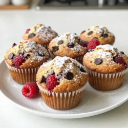 To make raspberry chocolate chip muffins, gather these simple ingredients: - 1 cup fresh raspberries - 1 cup all-purpose flour - 1/2 cup rolled oats - 1/2 cup brown sugar - 1/4 cup granulated sugar - 1/2 cup chocolate chips (dark or semi-sweet) - 1/2 teaspoon baking powder - 1/2 teaspoon baking soda - 1/4 teaspoon salt - 1/2 teaspoon vanilla extract - 1/2 cup buttermilk (or milk + 1/2 tablespoon lemon juice) - 1/4 cup vegetable oil - 1 large egg You can swap some ingredients based on your taste or what you have at home: - Use whole wheat flour for a healthier option. - Try honey instead of brown sugar for sweetness. - Substitute almond milk for buttermilk if needed. - Replace chocolate chips with nuts or seeds for crunch. These muffins are not just tasty; they also offer good nutrition. Each muffin contains: - Approximately 180 calories - 5 grams of protein - 6 grams of fat - 30 grams of carbohydrates - 3 grams of fiber These values may change based on your ingredient choices. Enjoy these muffins as a fun and tasty treat! {{ingredient_image_1}} 1. Preheat your oven to 375°F (190°C). Line a muffin tin with paper liners or spray it with non-stick cooking spray. 2. In a bowl, mix 1 cup of all-purpose flour, 1/2 cup of rolled oats, 1/2 teaspoon of baking powder, 1/2 teaspoon of baking soda, and 1/4 teaspoon of salt. Whisk these dry ingredients together until they blend well. 3. In another bowl, beat together 1/2 cup of brown sugar, 1/4 cup of granulated sugar, and 1 large egg until the mixture is smooth and creamy. 4. Add 1/2 cup of buttermilk, 1/4 cup of vegetable oil, and 1/2 teaspoon of vanilla extract to the egg mixture. Whisk until everything is well mixed. 5. Now, carefully stir the dry ingredients into the wet ingredients. Mix just until combined. Be careful not to overmix! 6. Gently fold in 1 cup of fresh raspberries and 1/2 cup of chocolate chips. Make sure they are evenly spread in the batter. 7. Scoop the batter into the muffin tin, filling each cup about 2/3 full. This will help them rise nicely. 8. Place the muffin tin in the oven and bake for 18-20 minutes. You want them to be golden brown. 9. To check if they are done, insert a toothpick into the center of a muffin. If it comes out clean, they are ready! 10. Once baked, take them out and let them cool in the pan for 5 minutes. After that, transfer the muffins to a wire rack to cool completely. - Use a toothpick to check if the muffins are done. A clean toothpick means they are ready. - If the toothpick has wet batter on it, give them a few more minutes. - Muffins may look slightly moist but should not be sticky when done. - Trust your nose! If they smell great, they are likely ready to come out. To get that soft and fluffy muffin, do not overmix your batter. Mix just until the dry ingredients blend in. It’s okay if some lumps remain. This keeps the muffins light. Adding rolled oats gives a nice texture. They soak up moisture and add a bit of chew. To keep your muffins fresh, store them in an airtight container. They last for up to three days at room temperature. If you want them to last longer, freeze them. Wrap each muffin in plastic wrap, then place them in a zip-top bag. They can stay frozen for up to three months. Just thaw them at room temperature before serving. Serve these muffins warm for the best taste. A dusting of powdered sugar makes them look special. Pair them with a cup of tea or coffee for a cozy treat. You can also serve them with a scoop of vanilla ice cream for a fun dessert. Try adding a handful of fresh raspberries on the side for a pop of color and flavor. Pro Tips Choose Ripe Raspberries: Select fresh, ripe raspberries for the best flavor and sweetness in your muffins. Avoid Overmixing: Mix the batter until just combined to ensure your muffins remain fluffy and tender. Cool Before Serving: Let the muffins cool for a few minutes in the pan to help them set and make them easier to remove. Experiment with Mix-ins: Feel free to add nuts or other berries for added texture and flavor variations. {{image_2}} You can make these muffins gluten-free! Use a gluten-free flour blend. Look for blends that include xanthan gum. This helps give the muffins a nice rise and texture. You can use almond flour or coconut flour too. Just mix them with other gluten-free flours for the best results. Feel free to get creative! You can swap out raspberries for blueberries or strawberries. Chopped apples or peaches work well too. Adding nuts like walnuts or pecans adds great crunch. Just remember to adjust the quantity so the batter stays balanced. To make these muffins vegan, you can replace the egg with a flax egg. Just mix one tablespoon of ground flaxseed with three tablespoons of water. Let it sit for five minutes to thicken. Use almond milk or soy milk instead of buttermilk. This keeps the muffins moist and tasty. To keep your Raspberry Chocolate Chip Muffins fresh, store them in an airtight container. Place them at room temperature for up to three days. If you want them to last longer, put them in the fridge for a week. This helps maintain their flavor and texture. Always check for mold before eating, especially if they sit for a while. Freezing is a great option if you want to save some muffins for later. First, let the muffins cool completely. Then, wrap each muffin tightly in plastic wrap. Place them in a freezer-safe bag or container. Label with the date. You can freeze them for up to three months. When ready to eat, simply thaw them in the fridge overnight. Reheating your muffins can bring back their fresh-baked taste. For the best results, use an oven. Preheat the oven to 350°F (175°C). Place the muffin on a baking sheet and heat for about 5-10 minutes. You can also use a microwave. Heat on medium power for 15-20 seconds. This method works well if you're in a hurry. Enjoy your warm muffins! Yes, you can use frozen raspberries. They work well in muffins. Just keep them frozen until you mix them in. If they thaw, they may turn mushy. This can change the texture of your muffins, but they will still taste great. To reduce sweetness, cut back on the sugars. You can use only 1/4 cup of brown sugar. You can also try adding more oats. This will balance the flavors and keep the muffins tasty. Another option is to add a pinch of salt. Salt can enhance the flavors and make the muffins less sweet. You can mix it up with different flavors. Try adding blueberries or chopped strawberries. Nuts like walnuts or pecans also work well. For a fun twist, add spices like cinnamon or nutmeg. You can even try swapping chocolate chips for white chocolate or peanut butter chips. In this article, we explored making delicious muffins. You learned the key ingredients and possible substitutions. I shared step-by-step instructions and tips to check doneness. We also looked at storage and freezing practices. Don't forget the fun variations, like gluten-free and vegan options. Muffins are flexible and tasty, making them great for any occasion. With these guidelines, you can bake perfect muffins tailored to your taste every time. Enjoy your baking journey!