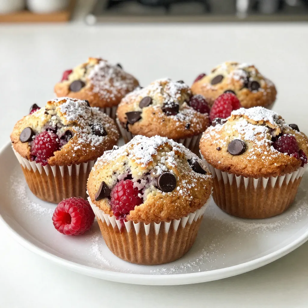 To make raspberry chocolate chip muffins, gather these simple ingredients: - 1 cup fresh raspberries - 1 cup all-purpose flour - 1/2 cup rolled oats - 1/2 cup brown sugar - 1/4 cup granulated sugar - 1/2 cup chocolate chips (dark or semi-sweet) - 1/2 teaspoon baking powder - 1/2 teaspoon baking soda - 1/4 teaspoon salt - 1/2 teaspoon vanilla extract - 1/2 cup buttermilk (or milk + 1/2 tablespoon lemon juice) - 1/4 cup vegetable oil - 1 large egg You can swap some ingredients based on your taste or what you have at home: - Use whole wheat flour for a healthier option. - Try honey instead of brown sugar for sweetness. - Substitute almond milk for buttermilk if needed. - Replace chocolate chips with nuts or seeds for crunch. These muffins are not just tasty; they also offer good nutrition. Each muffin contains: - Approximately 180 calories - 5 grams of protein - 6 grams of fat - 30 grams of carbohydrates - 3 grams of fiber These values may change based on your ingredient choices. Enjoy these muffins as a fun and tasty treat! {{ingredient_image_1}} 1. Preheat your oven to 375°F (190°C). Line a muffin tin with paper liners or spray it with non-stick cooking spray. 2. In a bowl, mix 1 cup of all-purpose flour, 1/2 cup of rolled oats, 1/2 teaspoon of baking powder, 1/2 teaspoon of baking soda, and 1/4 teaspoon of salt. Whisk these dry ingredients together until they blend well. 3. In another bowl, beat together 1/2 cup of brown sugar, 1/4 cup of granulated sugar, and 1 large egg until the mixture is smooth and creamy. 4. Add 1/2 cup of buttermilk, 1/4 cup of vegetable oil, and 1/2 teaspoon of vanilla extract to the egg mixture. Whisk until everything is well mixed. 5. Now, carefully stir the dry ingredients into the wet ingredients. Mix just until combined. Be careful not to overmix! 6. Gently fold in 1 cup of fresh raspberries and 1/2 cup of chocolate chips. Make sure they are evenly spread in the batter. 7. Scoop the batter into the muffin tin, filling each cup about 2/3 full. This will help them rise nicely. 8. Place the muffin tin in the oven and bake for 18-20 minutes. You want them to be golden brown. 9. To check if they are done, insert a toothpick into the center of a muffin. If it comes out clean, they are ready! 10. Once baked, take them out and let them cool in the pan for 5 minutes. After that, transfer the muffins to a wire rack to cool completely. - Use a toothpick to check if the muffins are done. A clean toothpick means they are ready. - If the toothpick has wet batter on it, give them a few more minutes. - Muffins may look slightly moist but should not be sticky when done. - Trust your nose! If they smell great, they are likely ready to come out. To get that soft and fluffy muffin, do not overmix your batter. Mix just until the dry ingredients blend in. It’s okay if some lumps remain. This keeps the muffins light. Adding rolled oats gives a nice texture. They soak up moisture and add a bit of chew. To keep your muffins fresh, store them in an airtight container. They last for up to three days at room temperature. If you want them to last longer, freeze them. Wrap each muffin in plastic wrap, then place them in a zip-top bag. They can stay frozen for up to three months. Just thaw them at room temperature before serving. Serve these muffins warm for the best taste. A dusting of powdered sugar makes them look special. Pair them with a cup of tea or coffee for a cozy treat. You can also serve them with a scoop of vanilla ice cream for a fun dessert. Try adding a handful of fresh raspberries on the side for a pop of color and flavor. Pro Tips Choose Ripe Raspberries: Select fresh, ripe raspberries for the best flavor and sweetness in your muffins. Avoid Overmixing: Mix the batter until just combined to ensure your muffins remain fluffy and tender. Cool Before Serving: Let the muffins cool for a few minutes in the pan to help them set and make them easier to remove. Experiment with Mix-ins: Feel free to add nuts or other berries for added texture and flavor variations. {{image_2}} You can make these muffins gluten-free! Use a gluten-free flour blend. Look for blends that include xanthan gum. This helps give the muffins a nice rise and texture. You can use almond flour or coconut flour too. Just mix them with other gluten-free flours for the best results. Feel free to get creative! You can swap out raspberries for blueberries or strawberries. Chopped apples or peaches work well too. Adding nuts like walnuts or pecans adds great crunch. Just remember to adjust the quantity so the batter stays balanced. To make these muffins vegan, you can replace the egg with a flax egg. Just mix one tablespoon of ground flaxseed with three tablespoons of water. Let it sit for five minutes to thicken. Use almond milk or soy milk instead of buttermilk. This keeps the muffins moist and tasty. To keep your Raspberry Chocolate Chip Muffins fresh, store them in an airtight container. Place them at room temperature for up to three days. If you want them to last longer, put them in the fridge for a week. This helps maintain their flavor and texture. Always check for mold before eating, especially if they sit for a while. Freezing is a great option if you want to save some muffins for later. First, let the muffins cool completely. Then, wrap each muffin tightly in plastic wrap. Place them in a freezer-safe bag or container. Label with the date. You can freeze them for up to three months. When ready to eat, simply thaw them in the fridge overnight. Reheating your muffins can bring back their fresh-baked taste. For the best results, use an oven. Preheat the oven to 350°F (175°C). Place the muffin on a baking sheet and heat for about 5-10 minutes. You can also use a microwave. Heat on medium power for 15-20 seconds. This method works well if you're in a hurry. Enjoy your warm muffins! Yes, you can use frozen raspberries. They work well in muffins. Just keep them frozen until you mix them in. If they thaw, they may turn mushy. This can change the texture of your muffins, but they will still taste great. To reduce sweetness, cut back on the sugars. You can use only 1/4 cup of brown sugar. You can also try adding more oats. This will balance the flavors and keep the muffins tasty. Another option is to add a pinch of salt. Salt can enhance the flavors and make the muffins less sweet. You can mix it up with different flavors. Try adding blueberries or chopped strawberries. Nuts like walnuts or pecans also work well. For a fun twist, add spices like cinnamon or nutmeg. You can even try swapping chocolate chips for white chocolate or peanut butter chips. In this article, we explored making delicious muffins. You learned the key ingredients and possible substitutions. I shared step-by-step instructions and tips to check doneness. We also looked at storage and freezing practices. Don't forget the fun variations, like gluten-free and vegan options. Muffins are flexible and tasty, making them great for any occasion. With these guidelines, you can bake perfect muffins tailored to your taste every time. Enjoy your baking journey!