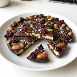 For this delightful treat, you will need: - 8 oz dark chocolate (70% cocoa or higher), chopped - 1 cup roasted almonds, coarsely chopped - 1/2 cup dried cranberries or cherries - 1/4 cup pumpkin seeds (pepitas) - Sea salt, for sprinkling These ingredients create a great mix of flavors and textures. The chocolate gives a rich taste. The nuts add crunch, while the fruits bring a bit of sweetness. The sea salt ties it all together. Dark chocolate is not just tasty; it’s also good for you! It has less sugar than milk chocolate. This means you can enjoy the sweet without the extra guilt. Dark chocolate is also full of antioxidants. These help keep your body healthy. Eating dark chocolate may even boost your mood. It can make you feel happy and satisfied. You can make this bark your own! Here are some fun add-ins: - Chopped walnuts or pecans - Dried mango or apricots - Coconut flakes - A sprinkle of cinnamon Feel free to mix and match these ingredients. This way, you can create a bark that fits your taste. Enjoy experimenting with flavors! {{ingredient_image_1}} First, you need to prepare a baking sheet. Use parchment paper or a silicone mat. This helps the chocolate not stick. Lay it flat on your counter. Once you have it ready, you can move on to melting the chocolate. Grab a microwave-safe bowl and add the chopped dark chocolate. Use chocolate that has 70% cocoa or higher for the best taste. Microwave it in 30-second intervals. After each interval, take it out and stir. This helps the chocolate melt evenly. Be careful not to overheat; burnt chocolate is hard to fix! Once the chocolate is smooth and melted, pour it onto the baking sheet. Use a spatula to spread it out evenly. Aim for a thickness of about 1/4 inch. While the chocolate is still warm, sprinkle the chopped almonds, dried cranberries, and pumpkin seeds on top. Press down gently to make sure they stick. Finally, sprinkle a pinch of sea salt over the bark. This adds a nice contrast to the sweet chocolate. Now, put the baking sheet in the refrigerator for about 30 minutes. This will help the chocolate set. After it is firm, break it into pieces or cut it into squares. Enjoy your tasty treat! To get the best texture, focus on melting the chocolate right. Use a microwave and heat in small bursts. Stir often to avoid hot spots. If you overheat the chocolate, it may seize and become grainy. Aim for a smooth and glossy finish. Spread it evenly on the baking sheet. A thickness of about 1/4 inch works best. This thickness helps it break nicely into pieces. Store your bark in an airtight container. Keep it in a cool, dry place. If you live in a warm area, the fridge is a good choice. Just be careful to wrap it well. If not, the chocolate may get white spots, called bloom. These spots do not affect taste but look less appealing. If you want to keep it fresh longer, you can freeze the bark. Just wrap it tightly in plastic wrap first. This dark chocolate bark makes a stunning treat for any event. You can serve it on a fancy platter. For gifts, wrap individual pieces in cellophane with ribbons. This adds a nice touch. It pairs well with coffee or tea. You can also serve it as a dessert after dinner. Add a scoop of ice cream on the side for a fun twist. Enjoy sharing this simple and tasty treat with friends and family! Pro Tips Choose Quality Chocolate: Opt for high-quality dark chocolate with at least 70% cocoa for rich flavor and smooth melting. Mix and Match Toppings: Feel free to substitute or add other toppings like dried fruits, nuts, or seeds to customize your bark. Temperature Control: If the chocolate seizes when melting, add a small amount of coconut oil to help it smooth out again. Store Properly: Keep the bark in an airtight container in a cool, dry place to maintain its freshness and prevent melting. {{image_2}} If you want a nut-free version, skip the almonds. You can add more seeds instead. Try using sunflower seeds or chia seeds for crunch. You can also use more dried fruit, like raisins or apricots. This keeps the bark tasty and safe for those with nut allergies. To make your bark even more exciting, think about adding spices. A pinch of cinnamon or cayenne pepper can add warmth. A dash of vanilla extract gives a sweet twist. You can even try a hint of espresso powder for a rich flavor. Each of these adds a new taste to your bark. Seasonal changes can inspire your bark. For fall, use pumpkin spice and dried apples. In winter, consider adding peppermint extract and crushed candy canes. Summer brings fresh berries, like strawberries or blueberries. Each season offers a chance to mix up the flavors and keep your bark fun and fresh. After making your dark chocolate sea salt bark, store it in an airtight container. This helps keep it fresh and tasty. Place parchment paper between layers to stop sticking. Keep the container in a cool, dry place away from sunlight. Avoid places with high humidity, as this can cause the bark to lose its crunch. Homemade dark chocolate bark can last about two weeks if stored properly. The key is to keep it sealed tight. After two weeks, the taste and texture might change. You can still eat it, but it may not be as enjoyable. If you want to keep your bark longer, freezing is a great option. Wrap the pieces in plastic wrap and place them in a freezer-safe bag. Make sure to remove as much air as possible. This can extend its shelf life to about three months. When you’re ready to eat it, let it thaw in the fridge. This helps keep the texture nice. To make this bark vegan, choose dairy-free dark chocolate. Look for brands that use no milk. Follow the same steps for melting and assembling. Use your favorite nuts and dried fruits that fit a vegan diet. Almonds, cranberries, and pumpkin seeds are great choices. The best dark chocolate has at least 70% cocoa. Higher cocoa content gives a rich flavor. Look for brands with natural ingredients and no added fillers. Quality chocolate makes your bark taste amazing. Check for fair trade or organic options for a better choice. Yes, you can swap nuts and seeds for other toppings. Try dried fruits like apricots or figs. You can also use crushed cookies or cereal for crunch. Get creative with spices like cinnamon or chili for a twist. The key is to choose toppings that you enjoy! Dark chocolate sea salt bark is simple to make and fun to customize. We covered essential ingredients, the benefits of dark chocolate, and many add-ins for your unique twist. I shared step-by-step instructions to help you melt and assemble your bark. Don't forget the tips for the best texture and storage options for your treats. You can even explore variations, like nut-free or seasonal flavors, to keep things exciting. Now, get creative in the kitchen and enjoy your delicious dark chocolate bark!