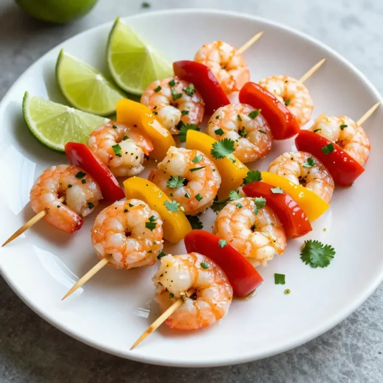 For these delicious cilantro lime shrimp skewers, you will need: - 1 lb large shrimp, peeled and deveined - 1/4 cup fresh lime juice (about 2 limes) - 1/4 cup olive oil - 1/4 cup fresh cilantro, chopped - 2 garlic cloves, minced - 1 teaspoon ground cumin - 1 teaspoon chili powder - Salt and pepper to taste - 1 red bell pepper, cut into chunks - 1 yellow bell pepper, cut into chunks - Wooden or metal skewers To make cooking easier, gather these tools: - Mixing bowl - Whisk - Grill or grill pan - Tongs - Knife - Cutting board The marinade gives the shrimp great flavor. Here’s what you will use: - Fresh lime juice adds a tangy touch. - Olive oil keeps the shrimp moist. - Chopped cilantro brings freshness. - Minced garlic adds depth. - Ground cumin and chili powder give warmth and spice. - Salt and pepper enhance all the flavors. Using these ingredients will help you create a meal that is both tasty and appealing. Enjoy the process as you prepare these skewers! {{ingredient_image_1}} To start, you need to make the marinade. In a mixing bowl, combine the fresh lime juice, olive oil, chopped cilantro, minced garlic, ground cumin, chili powder, and a pinch of salt and pepper. Whisk these ingredients together until they blend well. The lime juice adds a tangy taste while the cilantro gives a fresh kick. This mix will make the shrimp full of flavor. Next, add the shrimp to the bowl with the marinade. Make sure each shrimp is coated well in the mix. Cover the bowl and place it in the fridge. Let the shrimp marinate for about 30 minutes to 1 hour. This marinating time allows all the flavors to soak into the shrimp, making them tasty and juicy. If you use wooden skewers, soak them in water for at least 30 minutes. This step helps prevent burning when you grill. While soaking, preheat your grill or grill pan over medium-high heat. Once the skewers are ready, thread the marinated shrimp onto them, alternating with chunks of red and yellow bell pepper. This adds color and sweetness to your dish. Place the skewers on the grill. Cook for 2-3 minutes on each side. The shrimp should become opaque and firm when done. Avoid overcooking, as it can make them tough. After grilling, allow the skewers to rest for a minute before serving. Enjoy your flavorful cilantro lime shrimp skewers! To cook shrimp just right, start with fresh or thawed shrimp. Look for shrimp that are firm and shiny. Marinate the shrimp for 30 minutes to 1 hour. This adds flavor and keeps them juicy. When cooking, heat the grill to medium-high. Cook the shrimp for 2-3 minutes on each side. They should turn pink and opaque. Avoid overcooking; this can make them tough. When skewering shrimp, use metal or soaked wooden skewers. For even cooking, thread shrimp and veggies alternately. I like to use red and yellow bell peppers for color and taste. Make sure to leave space between each piece. This helps them cook evenly. If using wooden skewers, soak them in water for at least 30 minutes to prevent burning. This small step makes a big difference. To boost flavor, try adding a dash of hot sauce to the marinade. You can also mix in some zest from the lime. This adds a bright note that pairs well with the shrimp. If you like a bit of heat, add more chili powder. Fresh herbs like parsley or basil can also bring new flavors. Feel free to get creative! Adjust the marinade to suit your taste. Pro Tips Marinate for Maximum Flavor: Allow the shrimp to marinate for at least 30 minutes to enhance the flavor profile. For an even bolder taste, marinate for up to 1 hour. Soak Wooden Skewers: If using wooden skewers, soak them in water for at least 30 minutes before grilling. This prevents them from burning and ensures a clean cook. Watch the Grill Time: Shrimp cook quickly, so keep an eye on them. Remove from the grill as soon as they turn opaque for the best texture. Garnish for Presentation: Serve the skewers on a large platter with lime wedges and a sprinkle of fresh cilantro to enhance visual appeal and add a zesty touch. {{image_2}} If you want to switch it up, consider using chicken or fish. Chicken breast works well with the same marinade. Just cut it into bite-sized pieces before marinating. For fish, try salmon or tilapia. These options soak up the flavors nicely and grill well. You can make this dish vegetarian or vegan by using tofu or tempeh. Press and cube the tofu for better texture. Marinate it just like the shrimp. You can also use hearty veggies, like zucchini or mushrooms. The marinade will add a great taste to your skewers. Want to add more flavor? Toss in fresh herbs like parsley or dill. For a kick, add a pinch of cayenne or red pepper flakes. You can even try a splash of coconut milk for a tropical twist. Adjusting these spices can make every skewer unique and exciting! To store leftover shrimp skewers, let them cool first. Place them in an airtight container. You can also wrap them in plastic wrap. Keep them in the fridge for up to 2 days. This helps keep the shrimp fresh and tasty. When you are ready to eat leftover skewers, reheat them gently. You can use a grill, oven, or microwave. If using a grill or oven, preheat it to medium heat. Heat the skewers for about 5 minutes, turning them often. If using a microwave, heat them in short bursts of 30 seconds. This way, the shrimp stay moist and don't overcook. To freeze shrimp skewers, wrap them tightly in plastic wrap or foil. Place them in a freezer bag to prevent freezer burn. Label the bag with the date. You can freeze them for up to 3 months. When ready to use, thaw them in the fridge overnight before reheating. Yes, you can use frozen shrimp. Just make sure to thaw them first. Place the shrimp in a bowl of cold water for about 10-15 minutes. This will defrost them quickly. Once thawed, pat them dry with a paper towel. Then, you can use them just like fresh shrimp in the marinade. The flavor will still shine through. Cilantro lime shrimp skewers pair well with many sides. Here are some tasty options: - Rice or quinoa for a filling base. - A fresh green salad for crunch and color. - Grilled vegetables like zucchini or corn for extra flavor. - Soft tortillas for a fun hand-held option. - A tangy dipping sauce to enhance the meal. For the best flavor, marinate the shrimp for at least 30 minutes. You can let them sit for up to 1 hour. This time allows the shrimp to soak up the lime and cilantro flavors. Be careful not to marinate too long, as the acid from the lime can make the shrimp tough. In this blog post, we explored how to make delicious shrimp skewers. We covered the necessary ingredients, tools, and marinade preparation. I shared step-by-step instructions for marinating, skewering, and grilling your shrimp. We also discussed tips for perfect cooking and ways to adjust flavors. Finally, knowing how to store leftovers and answering common questions helps you enjoy this dish longer. With this guide, you can create tasty skewers that impress friends and family. Enjoy your cooking adventure!