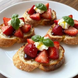 - 1 baguette, sliced into 1/2-inch thick pieces - 2 cups fresh strawberries, hulled and diced - 1/4 cup balsamic glaze - 1 tablespoon fresh basil, finely chopped - 1 tablespoon olive oil - 1/4 teaspoon salt - 1/4 teaspoon black pepper - 4 ounces fresh mozzarella, sliced (optional) - Shaved Parmesan for garnish (optional) When making balsamic strawberry bruschetta, choose ripe, juicy strawberries. They should be bright red and fragrant. Look for a good-quality balsamic glaze. A thicker glaze adds a nice sweetness. Fresh basil should be vibrant and green, not wilted. For the baguette, pick one with a crispy crust and soft inside. If you choose to use mozzarella, pick fresh, soft cheese for the best taste. Quality ingredients make a big difference in flavor. You can swap the baguette for gluten-free bread if needed. For a twist, use peaches or blueberries instead of strawberries. If you can't find balsamic glaze, mix balsamic vinegar with a bit of honey or sugar for a quick fix. For a dairy-free option, skip the mozzarella and Parmesan. You can also use a sprinkle of nutritional yeast for added flavor. {{ingredient_image_1}} Start by preheating your oven to 400°F (200°C). Grab your baguette and slice it into pieces that are 1/2 inch thick. This size helps them toast just right. Place the slices on a baking sheet. Brush each piece lightly with olive oil. This step adds a nice flavor. Bake them in the oven for 5 to 7 minutes. You want them to turn golden brown and crispy. Keep an eye on them so they do not burn. While the baguette toasts, it is time to mix the strawberry topping. In a mixing bowl, add 2 cups of diced strawberries. Make sure to hull them first. Then, pour in 1/4 cup of balsamic glaze. This adds sweetness and a tangy kick. Next, add 1 tablespoon of finely chopped fresh basil. Then sprinkle in 1/4 teaspoon of salt and 1/4 teaspoon of black pepper. Stir gently to mix everything together. Be careful not to mash the strawberries; you want them to stay whole. Once your baguette slices are toasted, take them out of the oven. Let them cool for a minute. If you want to add mozzarella, place a slice on each toasted baguette piece now. This step is optional but adds creaminess. Next, spoon the strawberry mixture generously over the top of each piece. Allow some of the balsamic glaze to drizzle down the sides for extra flavor. If you like, finish with shaved Parmesan on top. Serve your bruschetta right away while the toast is warm. Enjoy the fresh and bright flavors! To get the best toast, start with the right baguette. I love using a fresh baguette. Slice it into 1/2-inch thick pieces. This size gives you a nice crunch. Preheat your oven to 400°F (200°C). Brush each slice lightly with olive oil. This helps them brown better. Bake for 5-7 minutes. Watch closely until they turn golden brown. Let them cool slightly before adding toppings. Fresh herbs make a big difference. I always add basil to my strawberry mix. It adds a nice, bright flavor. Chop it finely so it spreads well. You can also try mint. Mint pairs well with strawberries too. Just use the same amount as basil. Fresh herbs elevate your bruschetta and make it special. Serving is important for this dish. Arrange the bruschetta neatly on a platter. Start with the toasted pieces. Spoon the strawberry mix on top. Drizzle some balsamic glaze over each piece. For a gourmet touch, add shaved Parmesan on top. This adds a nice look and taste. Serve immediately while they are warm and fresh. Your guests will love the presentation! Pro Tips Use Fresh Basil: Fresh basil adds a bright, aromatic flavor that complements the sweetness of strawberries and the tanginess of balsamic glaze. Choose Ripe Strawberries: For the best flavor, make sure to select ripe strawberries that are bright red and fragrant. Toast to Perfection: Keep an eye on the baguette slices while toasting; they can go from golden to burnt quickly! Serve Immediately: These bruschetta are best enjoyed fresh, so assemble them just before serving to maintain the crispiness of the bread. {{image_2}} You can change up the fruit in this bruschetta. Instead of strawberries, try peaches or blueberries. These fruits bring their own sweet flavors. They also pair well with balsamic glaze. Mix and match your favorites for a new taste. Mozzarella is tasty, but you can use other cheeses too! Try goat cheese for a tangy bite. Feta adds a salty flavor that works well. If you want a creamy option, use ricotta. Each cheese creates a different experience. To make this dish vegan, skip the cheese. You can still enjoy the sweet strawberries and balsamic glaze. Use avocado slices as a creamy topping. The rich taste of avocado pairs well with the strawberries. This version is fresh and bright! To keep your bruschetta fresh, place it in an airtight container. Store it in the fridge. If you have leftover strawberry topping, store it separately. This keeps the baguette crispy. To reheat the bruschetta, preheat your oven to 350°F (175°C). Place the bruschetta on a baking sheet. Heat for about 5-7 minutes. This warms it up and brings back the crunch. Avoid using the microwave. It makes the bread soggy. Properly stored, the bruschetta lasts about 2-3 days in the fridge. The strawberry topping keeps well for about 2 days. After this, the flavors may fade. Always check for freshness before eating. You can prep parts of the bruschetta ahead of time. Slice the baguette and toast it just before serving. The strawberry topping can be made a few hours in advance. Store it in the fridge. Just remember to stir it gently before serving. Freshness is key for the best flavor. A light white wine works best. Try a Sauvignon Blanc or a Pinot Grigio. These wines have bright flavors that match the strawberries. Their crispness complements the balsamic glaze, too. For a red option, a light Pinot Noir can also be nice. Use gluten-free bread instead of a regular baguette. Many stores sell gluten-free options. Make sure to check the label for gluten-free status. You can follow the same steps for toasting. The strawberry topping stays the same, keeping the flavors bright and fresh. You learned how to make a tasty balsamic strawberry bruschetta. We covered important ingredients, steps, and tips. You can use different fruits and cheeses for fun variations. Storing leftovers is easy, so nothing goes to waste. Keep these ideas in mind for your next gathering. This dish is sure to impress family and friends. I hope you enjoy making and sharing it!