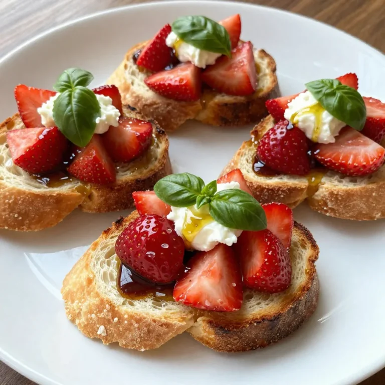 - 1 baguette, sliced into 1/2-inch thick pieces - 2 cups fresh strawberries, hulled and diced - 1/4 cup balsamic glaze - 1 tablespoon fresh basil, finely chopped - 1 tablespoon olive oil - 1/4 teaspoon salt - 1/4 teaspoon black pepper - 4 ounces fresh mozzarella, sliced (optional) - Shaved Parmesan for garnish (optional) When making balsamic strawberry bruschetta, choose ripe, juicy strawberries. They should be bright red and fragrant. Look for a good-quality balsamic glaze. A thicker glaze adds a nice sweetness. Fresh basil should be vibrant and green, not wilted. For the baguette, pick one with a crispy crust and soft inside. If you choose to use mozzarella, pick fresh, soft cheese for the best taste. Quality ingredients make a big difference in flavor. You can swap the baguette for gluten-free bread if needed. For a twist, use peaches or blueberries instead of strawberries. If you can't find balsamic glaze, mix balsamic vinegar with a bit of honey or sugar for a quick fix. For a dairy-free option, skip the mozzarella and Parmesan. You can also use a sprinkle of nutritional yeast for added flavor. {{ingredient_image_1}} Start by preheating your oven to 400°F (200°C). Grab your baguette and slice it into pieces that are 1/2 inch thick. This size helps them toast just right. Place the slices on a baking sheet. Brush each piece lightly with olive oil. This step adds a nice flavor. Bake them in the oven for 5 to 7 minutes. You want them to turn golden brown and crispy. Keep an eye on them so they do not burn. While the baguette toasts, it is time to mix the strawberry topping. In a mixing bowl, add 2 cups of diced strawberries. Make sure to hull them first. Then, pour in 1/4 cup of balsamic glaze. This adds sweetness and a tangy kick. Next, add 1 tablespoon of finely chopped fresh basil. Then sprinkle in 1/4 teaspoon of salt and 1/4 teaspoon of black pepper. Stir gently to mix everything together. Be careful not to mash the strawberries; you want them to stay whole. Once your baguette slices are toasted, take them out of the oven. Let them cool for a minute. If you want to add mozzarella, place a slice on each toasted baguette piece now. This step is optional but adds creaminess. Next, spoon the strawberry mixture generously over the top of each piece. Allow some of the balsamic glaze to drizzle down the sides for extra flavor. If you like, finish with shaved Parmesan on top. Serve your bruschetta right away while the toast is warm. Enjoy the fresh and bright flavors! To get the best toast, start with the right baguette. I love using a fresh baguette. Slice it into 1/2-inch thick pieces. This size gives you a nice crunch. Preheat your oven to 400°F (200°C). Brush each slice lightly with olive oil. This helps them brown better. Bake for 5-7 minutes. Watch closely until they turn golden brown. Let them cool slightly before adding toppings. Fresh herbs make a big difference. I always add basil to my strawberry mix. It adds a nice, bright flavor. Chop it finely so it spreads well. You can also try mint. Mint pairs well with strawberries too. Just use the same amount as basil. Fresh herbs elevate your bruschetta and make it special. Serving is important for this dish. Arrange the bruschetta neatly on a platter. Start with the toasted pieces. Spoon the strawberry mix on top. Drizzle some balsamic glaze over each piece. For a gourmet touch, add shaved Parmesan on top. This adds a nice look and taste. Serve immediately while they are warm and fresh. Your guests will love the presentation! Pro Tips Use Fresh Basil: Fresh basil adds a bright, aromatic flavor that complements the sweetness of strawberries and the tanginess of balsamic glaze. Choose Ripe Strawberries: For the best flavor, make sure to select ripe strawberries that are bright red and fragrant. Toast to Perfection: Keep an eye on the baguette slices while toasting; they can go from golden to burnt quickly! Serve Immediately: These bruschetta are best enjoyed fresh, so assemble them just before serving to maintain the crispiness of the bread. {{image_2}} You can change up the fruit in this bruschetta. Instead of strawberries, try peaches or blueberries. These fruits bring their own sweet flavors. They also pair well with balsamic glaze. Mix and match your favorites for a new taste. Mozzarella is tasty, but you can use other cheeses too! Try goat cheese for a tangy bite. Feta adds a salty flavor that works well. If you want a creamy option, use ricotta. Each cheese creates a different experience. To make this dish vegan, skip the cheese. You can still enjoy the sweet strawberries and balsamic glaze. Use avocado slices as a creamy topping. The rich taste of avocado pairs well with the strawberries. This version is fresh and bright! To keep your bruschetta fresh, place it in an airtight container. Store it in the fridge. If you have leftover strawberry topping, store it separately. This keeps the baguette crispy. To reheat the bruschetta, preheat your oven to 350°F (175°C). Place the bruschetta on a baking sheet. Heat for about 5-7 minutes. This warms it up and brings back the crunch. Avoid using the microwave. It makes the bread soggy. Properly stored, the bruschetta lasts about 2-3 days in the fridge. The strawberry topping keeps well for about 2 days. After this, the flavors may fade. Always check for freshness before eating. You can prep parts of the bruschetta ahead of time. Slice the baguette and toast it just before serving. The strawberry topping can be made a few hours in advance. Store it in the fridge. Just remember to stir it gently before serving. Freshness is key for the best flavor. A light white wine works best. Try a Sauvignon Blanc or a Pinot Grigio. These wines have bright flavors that match the strawberries. Their crispness complements the balsamic glaze, too. For a red option, a light Pinot Noir can also be nice. Use gluten-free bread instead of a regular baguette. Many stores sell gluten-free options. Make sure to check the label for gluten-free status. You can follow the same steps for toasting. The strawberry topping stays the same, keeping the flavors bright and fresh. You learned how to make a tasty balsamic strawberry bruschetta. We covered important ingredients, steps, and tips. You can use different fruits and cheeses for fun variations. Storing leftovers is easy, so nothing goes to waste. Keep these ideas in mind for your next gathering. This dish is sure to impress family and friends. I hope you enjoy making and sharing it!