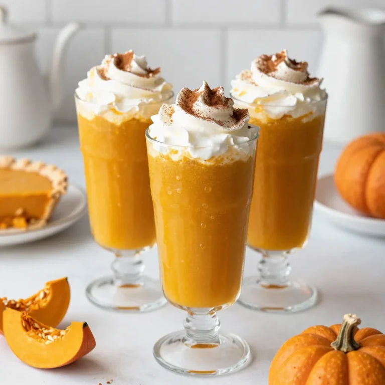 - 1 cup canned pumpkin puree - 1 banana, frozen - 1 cup almond milk (or any milk of choice) - 1 tablespoon maple syrup - 1 teaspoon vanilla extract - 1 teaspoon pumpkin pie spice - 1 tablespoon chia seeds (optional) The base of this smoothie is pumpkin puree. It gives a rich, creamy feel. You need a frozen banana for natural sweetness and smoothness. Almond milk is my choice for a nutty taste, but any milk works. Maple syrup adds a touch of sweetness. Vanilla extract brings a warm flavor, while pumpkin pie spice adds that classic autumn taste. Chia seeds are optional but add nice texture and nutrients. - Whipped cream or coconut cream - Cinnamon powder Toppings make this smoothie extra special. A dollop of whipped cream or coconut cream gives it a nice finish. A sprinkle of cinnamon powder on top adds a nice touch of flavor and looks pretty. You can even add more pumpkin pie spice if you like! Enjoy making it your own. {{ingredient_image_1}} 1. Combine ingredients in the blender Start by adding the canned pumpkin puree, frozen banana, almond milk, maple syrup, vanilla extract, pumpkin pie spice, and chia seeds if you want. This mix gives the smoothie its rich taste. 2. Blend until smooth and creamy Blend the mixture on high speed. You want it to be smooth and creamy. If you see lumps, stop the blender and scrape down the sides. Blend again until it’s perfect! 3. Adjust sweetness to taste After blending, taste your smoothie. If you want it sweeter, add more maple syrup. Blend again briefly to mix. - Pour into tall glasses Carefully pour the smoothie into tall glasses. The color will look amazing! - Top with whipped cream and garnish Add a dollop of whipped cream or coconut cream on top. A sprinkle of cinnamon powder will add a nice touch. It makes your smoothie look even better! Enjoy your creamy pumpkin pie smoothie! To make a great smoothie, use a high-power blender. It blends the ingredients well and gives a smooth finish. If you use a regular blender, you might miss that creamy texture. Always stop to scrape down the sides of the blender. This ensures all ingredients mix evenly. If you skip this step, you may find lumps in your smoothie. Adjusting spices and sweetness is key to a tasty smoothie. If you love spice, add more pumpkin pie spice. You can also mix in extra cinnamon or nutmeg for depth. For sweetness, start with the maple syrup. Taste and add more if you want it sweeter. Toppings can make your smoothie look fun and inviting. A dollop of whipped cream or coconut cream adds richness. Sprinkle a bit of cinnamon powder on top for a nice touch. This not only looks good but adds flavor too. Pro Tips Use Fresh Pumpkin: For an even richer flavor, consider using fresh roasted pumpkin instead of canned puree. Roast pumpkin chunks until tender, then blend them for a homemade puree. Adjust Sweetness: Taste your smoothie before serving and adjust the sweetness according to your preference. Some pumpkins can be sweeter than others, so you may not need as much maple syrup. Experiment with Spices: If you enjoy a spicier kick, add a pinch of cayenne pepper or more pumpkin pie spice to enhance the flavor profile of your smoothie. Chill Your Ingredients: For an extra refreshing smoothie, chill your almond milk and other ingredients in advance. This will make your smoothie even colder and more enjoyable. {{image_2}} You can use many types of milk in your pumpkin pie smoothie. Almond milk is a great choice. It adds a nice nutty flavor. You can also try oat milk for a creamier texture. Coconut milk gives a tropical touch. If you drink dairy, whole milk or skim milk works too. Each option changes the taste a bit. For those who prefer non-dairy, there are many choices. Soy milk is rich and creamy. Rice milk is lighter and a bit sweet. Choose what you like best. Each milk gives your smoothie a unique twist. Want to mix things up? You can add fruits like apples or pears. They bring a fresh taste to the smoothie. Just chop them up and blend them in. Spices can also enhance your drink. Consider adding a pinch of nutmeg or a dash of allspice. They give warmth and depth to the flavor. Feel free to experiment! This is your drink, so make it your own. To store leftover pumpkin pie smoothie, pour it into a clean jar. Seal the jar tightly. You can keep it in the fridge for up to two days. After this time, the smoothie may lose its creaminess and flavor. If you want to save the smoothie for later, freezing is a great choice. Pour the smoothie into ice cube trays or freezer-safe bags. Make sure to leave some space for expansion. It can last up to three months in the freezer. When you're ready to enjoy it, take out the cubes or bag. Thaw it in the fridge overnight or at room temperature for a few hours. You can also blend the frozen cubes for a quick smoothie treat. Enjoy your delicious pumpkin pie smoothie anytime! Pumpkin is low in calories and high in fiber. It helps keep you full. It is also rich in vitamins A and C, which boost your immune system. The antioxidants in pumpkin can help with skin health. Plus, pumpkin has potassium, which is good for your heart. Yes, you can add protein powder. It makes the smoothie more filling. Choose a flavor that goes well with pumpkin, like vanilla or cinnamon. Mix it in when you blend the other ingredients. The smoothie can last for about one day in the fridge. Store it in an airtight container. If it separates, just shake or stir it before drinking. Absolutely! This smoothie is already vegan if you use almond milk. Just skip the whipped cream or use coconut cream as a topping. Enjoy a tasty, plant-based treat! This blog post shared a simple and tasty pumpkin pie smoothie recipe. You learned about the key ingredients, steps to make it, and tips to improve its taste and texture. We also explored variations and smart storage methods. Enjoy this smoothie as a healthy treat or quick breakfast. Feel free to customize it to fit your taste. Making smoothies can be fun and tasty, so get blending!
