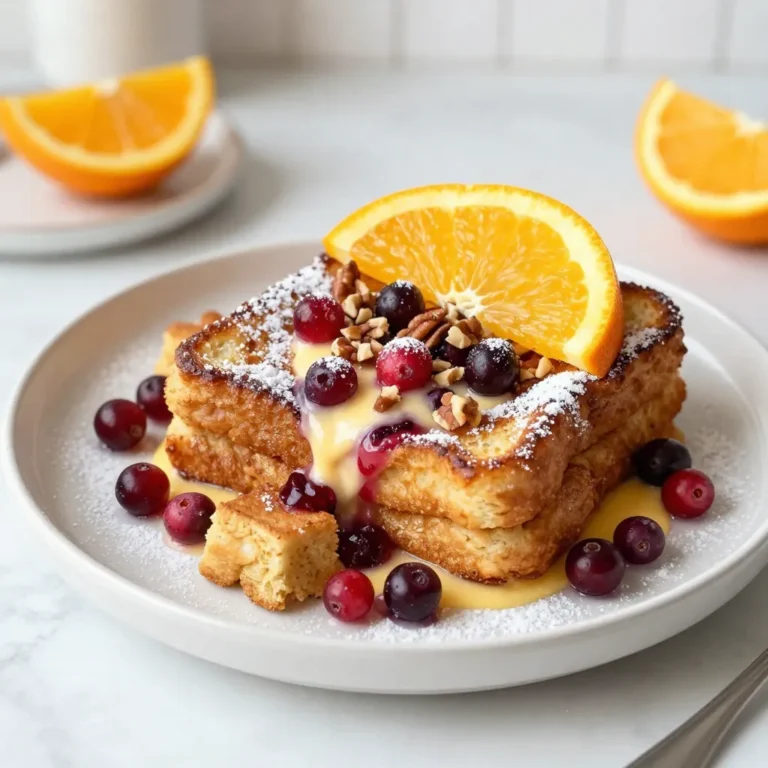 To create a delicious Cranberry Orange Overnight French Toast, gather the following fresh ingredients: - 1 loaf of challah bread, cut into 1-inch cubes - 1 cup fresh cranberries - 1 cup orange juice - 1/2 cup milk (or almond milk) - 4 large eggs - 1/4 cup maple syrup - 1 teaspoon vanilla extract - 1 teaspoon ground cinnamon - 1/4 teaspoon nutmeg - 1/2 cup chopped pecans (optional) - Powdered sugar for dusting Each ingredient adds a special touch. The challah bread gives a soft texture. Fresh cranberries add a tart bite. Orange juice brightens the flavor. Milk or almond milk makes it creamy. Eggs help bind everything together. Maple syrup adds sweetness. Vanilla extract brings warmth. Ground cinnamon and nutmeg add spice. Chopped pecans add a nice crunch. Finally, powdered sugar gives a lovely finish. This recipe is perfect for breakfast or brunch. You can make it the night before. This way, it is ready to bake in the morning. Enjoy the easy prep and the yummy taste! {{ingredient_image_1}} Start by whisking together the eggs, orange juice, milk, maple syrup, vanilla extract, cinnamon, and nutmeg in a large bowl. Make sure to mix until everything is smooth. This step is key, as it helps all the flavors blend well. It’s best if your eggs and milk are at room temperature. Cold ingredients can cause the bread to soak unevenly. Next, take your cubed challah bread and place it into a greased 9x13-inch baking dish. Spread the cubed bread evenly. Then, sprinkle the fresh cranberries on top. If you like, add chopped pecans for a nice crunch. After that, pour the egg mixture over the bread and cranberries. Press down gently on the bread. This helps it soak up all the tasty liquid. Cover the dish tightly with plastic wrap. This step keeps everything fresh while it sits in the fridge. It’s best to let it chill overnight. If you’re in a hurry, four hours will work too. The longer it sits, the better the flavors blend. The next morning, preheat your oven to 350°F (175°C). While it heats, remove the plastic wrap from the dish. Bake the French toast for 35 to 40 minutes. You’ll know it’s done when the top is golden brown. The center should feel firm when you touch it. Let it cool for a few minutes before serving. Dust it with powdered sugar for a sweet touch. Enjoy your delightful treat! To make the custard right, use a good ratio of eggs to liquid. I suggest four large eggs for every 1 1/2 cups of liquid. This mix gives you a rich, creamy base. For a creamier texture, whisk the eggs well. Make sure the milk and orange juice are at room temperature. This helps everything blend smoothly and evenly. When serving your French toast, think about garnishes. Fresh cranberries and orange slices add color and flavor. A light dusting of powdered sugar makes it look fancy. Drizzle some extra maple syrup on top for sweetness. Present it on a nice platter to impress your guests during brunch. One mistake is over-soaking the bread. If you let it soak too long, it can turn mushy. Aim for even coverage without drowning the bread. Another common issue is not getting a golden crust. Bake it until the top is nicely browned. This gives it both a great look and a delightful crunch. Pro Tips Use Day-Old Bread: Slightly stale bread absorbs the egg mixture better, resulting in a creamier texture. Customize Your Fruit: Feel free to swap out cranberries for other fruits like blueberries or diced apples for different flavor profiles. Overnight Soak: Allowing the mixture to sit overnight ensures the bread is fully saturated with flavor. Garnish for Presentation: Fresh cranberries and orange slices add a beautiful touch, making the dish more visually appealing. {{image_2}} You can switch up the bread. Brioche or sourdough works great too. Each adds its own taste. Try using whole wheat bread for a nutty flavor. You can also mix in other fruits. Sliced bananas or berries add fun twists. Dried fruits like raisins or apricots add sweetness. Want to make this dish vegan? Use flax eggs instead of real eggs. Mix one tablespoon of flaxseed meal with three tablespoons of water. Let it sit for five minutes to thicken. Substitute almond milk for regular milk. Maple syrup works perfectly as a sweetener too. For gluten-free options, use gluten-free bread. Just make sure it is sturdy enough to hold the custard. You can add holiday vibes with spices like ginger or cloves. Top with pumpkin puree for a fall twist. For winter, add a splash of peppermint extract. Adjust your fruit based on the season. In summer, peaches or cherries can brighten the dish. Fresh strawberries or blueberries can be fun in spring. This dish is versatile, so feel free to get creative! To store leftovers, let the French toast cool down completely. Place it in an airtight container or cover it tightly with plastic wrap. This keeps the moisture in and prevents it from drying out. I recommend using a glass or plastic container that can be sealed well. You can enjoy the leftovers within three to four days. You can freeze this dish both before and after baking. If you freeze it before baking, prepare it as normal but do not bake it. Cover the dish tightly and place it in the freezer. When you're ready to bake, thaw it overnight in the fridge. If you freeze it after baking, let it cool and then wrap it well. For reheating, place the frozen French toast in the oven at 350°F (175°C) for about 20-30 minutes. Cover it with foil to keep it moist. In the fridge, the cranberry orange overnight French toast stays fresh for about three to four days. If you freeze it, it can last for up to three months. Just remember, for the best taste and texture, try to eat it sooner rather than later! Yes, you can easily make this dish vegan. Instead of eggs, use flaxseed meal or chia seeds mixed with water. This will mimic the binding quality of eggs. For milk, almond milk or any plant-based milk works well. You can also use maple syrup to keep it sweet and natural. These simple swaps keep the flavor without losing the fun. You can prepare it without overnight refrigeration, but the texture will change. If you skip this step, the bread won’t soak up the egg mixture fully. This leads to a less creamy texture. The flavors may not blend well either. If you are in a hurry, let it soak for at least four hours. If you can’t find challah bread, don’t worry. You can use brioche, French bread, or even whole wheat bread. Each type brings its own flavor and texture. Brioche offers a rich taste, while French bread gives a nice crust. Choose what you like best! Yes, you can double the recipe. Just make sure to use a larger baking dish. You may need to add a few extra minutes to the baking time. Check for doneness by looking for a golden top. It’s best to keep an eye on it as it bakes. Double the fun with this delightful dish! This blog post covered a delightful recipe for French toast using several tasty ingredients. You learned how to prepare the egg mixture, layer the bread, and bake it to perfection. I shared tips to improve texture, serving suggestions, and common mistakes to avoid. We also explored variations like vegan options and seasonal twists. In summary, you now have all you need to create a delicious meal that pleases any crowd. Enjoy experimenting with this recipe to make it your own. Happy cooking!